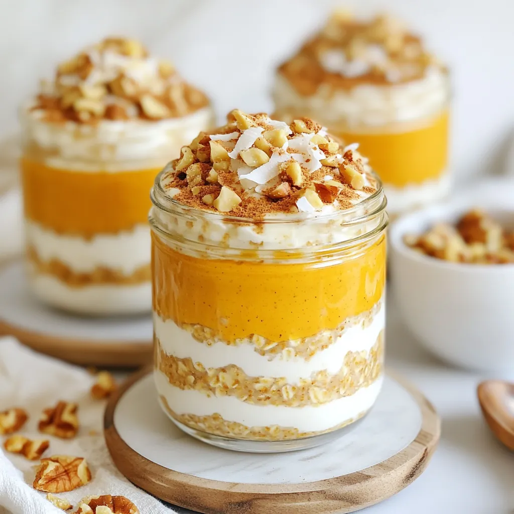 - 1 cup rolled oats - 1 cup almond milk (or any preferred milk) - 1/2 cup canned pumpkin puree - 1 tablespoon chia seeds - 1 tablespoon maple syrup (or honey for sweetness) - 1 teaspoon pumpkin pie spice - 1/2 teaspoon vanilla extract - A pinch of salt - Optional toppings: chopped nuts, coconut flakes, or dried fruit To make pumpkin spice overnight oats, gather these simple ingredients. Rolled oats form the base and provide fiber. Almond milk or any milk gives the mixture a creamy texture. Canned pumpkin puree adds richness and flavor. Chia seeds help thicken the oats while providing extra nutrients. You can sweeten the oats with maple syrup or honey. Pumpkin pie spice gives that warm, cozy flavor we all love. A dash of vanilla extract adds a lovely aroma. Lastly, a pinch of salt balances the sweetness. Feel free to customize with optional toppings. You might use crunchy nuts, sweet coconut flakes, or chewy dried fruit. These extras add texture and flavor to your oats. {{ingredient_image_2}} - Combine the rolled oats, almond milk, pumpkin puree, chia seeds, maple syrup, pumpkin pie spice, vanilla extract, and a pinch of salt in a medium bowl. - Whisk the mixture until it is smooth and well mixed, with no lumps of pumpkin. - Divide the oat mixture evenly into two jars or airtight containers. - Cover the containers and place them in the fridge overnight, or for at least 4 hours. This will let the oats soak up the liquid and thicken. - When you're ready to eat, stir the oats well. - If you like creaminess, add a splash of extra almond milk. - Top your oats with your favorite toppings, like crunchy nuts, sweet coconut flakes, or chewy dried fruit, right before serving. To make the best pumpkin spice overnight oats, focus on the right consistency. You want your oats to be creamy, not too thick or runny. Start by using equal parts oats and milk. This balance helps the oats soak up the liquid well. If you find them too thick in the morning, add a splash of milk to loosen them up. To avoid clumping of pumpkin puree, mix it well with the liquid first. Use a whisk to blend the pumpkin with almond milk before adding the oats. This step ensures a smooth mixture. If you see any clumps, just keep whisking until the puree is fully combined. You can easily adjust the sweetness levels in your oats. If you like it sweeter, add more maple syrup or honey. Start with one tablespoon and taste. You can always add a bit more if needed. For spice lovers, try alternative spice mixtures. You can add cinnamon, nutmeg, or even a dash of ginger for a unique twist. Feel free to experiment with the flavors you enjoy. When it comes to milk, you have choices. Almond milk works great, but you can use coconut milk, oat milk, or dairy milk. Each option will give your oats a different taste and texture. Choose what you love best! Pro Tips Chill for Best Results: Allowing the oats to soak overnight not only enhances the texture but also deepens the flavors, making your breakfast even more delightful. Make it Your Own: Feel free to customize the toppings based on your preferences or what you have on hand—fresh fruits, yogurt, or even a dollop of nut butter work beautifully! Batch Prep: Consider making a larger batch and storing it in the fridge for up to five days. This way, you have a quick and nutritious breakfast ready to go all week long! Spice It Up: Experiment with different spices like cinnamon or nutmeg alongside the pumpkin pie spice to create unique flavor profiles each time you make your oats. {{image_4}} You can easily change up your pumpkin spice overnight oats. Add more flavors by mixing in extra spices. Try cinnamon or nutmeg for a warm touch. You can also use pumpkin pie spice blend to make it even richer. Seasonal fruits like apples or pears add great taste. Fresh or dried cranberries bring a sweet-tart kick. Nuts like walnuts or pecans add crunch and healthy fats. Coconut flakes give a tropical twist. Get creative with toppings for fun surprises in each bite. These oats can fit many diets. For a vegan option, use almond milk and maple syrup. Both are plant-based and delicious. If you want gluten-free oats, ensure your rolled oats are marked gluten-free. You can also lower calories by reducing maple syrup. Use less sweetener or swap it for a sugar substitute. Yogurt can replace almond milk for added creaminess without extra calories. These easy swaps keep your breakfast tasty and healthy. I recommend using airtight containers for your pumpkin spice overnight oats. Glass jars work well and make it easy to see the layers. You can also use plastic containers if you prefer. Store them in the fridge for up to five days. This way, you can enjoy a tasty breakfast all week. You can eat your overnight oats cold, straight from the fridge. Just give them a good stir before enjoying. If you prefer them warm, heat them in the microwave for about 30 seconds. Add a splash of almond milk to make them creamier. For a fresh taste, mix in some extra toppings like nuts or coconut flakes right before serving. Enjoy your delicious oats! How long do pumpkin spice overnight oats last? Pumpkin spice overnight oats can last for about 3 to 5 days in the fridge. Just keep them in airtight jars. After a few days, the oats may get softer. Can I make these oats ahead of time for meal prep? Yes, you can make these oats ahead. They are perfect for meal prep. Just prepare them on the weekend and enjoy them during the week. What can I use instead of chia seeds? If you don’t have chia seeds, you can use flaxseeds or even hemp seeds. Both will add a nice texture and nutrition. Is it necessary to soak overnight? Yes, soaking overnight is best. It helps the oats absorb the liquid and become creamy. If you’re in a hurry, soak them for at least 4 hours. Pumpkin spice overnight oats are easy to make and delicious. We covered the key ingredients, like rolled oats and pumpkin puree, and how to prepare them in just a few steps. I shared tips to customize your oats for flavor and texture. You can store them well for quick breakfasts. Now you can enjoy this simple treat anytime. Get creative with toppings and enjoy the flavors!