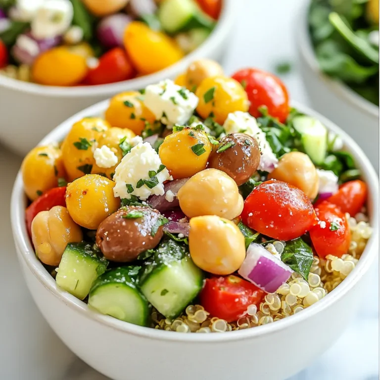 To make Mediterranean Chickpea Power Bowls, gather the following fresh and tasty ingredients: - 1 can (15 oz) chickpeas, rinsed and drained - 1 cup cooked quinoa (preferably cooled) - 1 cup cherry tomatoes, halved - 1 cucumber, diced - 1/2 red onion, finely chopped - 1/2 cup kalamata olives, pitted and halved - 1 cup baby spinach or mixed greens - 1/4 cup feta cheese, crumbled - 3 tablespoons extra virgin olive oil - Juice of 1 medium lemon - 1 teaspoon dried oregano - Salt and pepper to taste - Fresh parsley, chopped (for garnish) These ingredients create a colorful and healthy bowl. Each item adds its own flavor and texture. Chickpeas provide protein, while quinoa adds fiber and nutrients. The veggies bring crunch and freshness. Feta cheese adds a creamy touch, and the dressing ties everything together. Enjoy making this vibrant dish! {{ingredient_image_2}} To prepare quinoa, start by cooking it according to the package instructions. You want it to turn fluffy and tender. Once it is done, remove the pot from heat. Let it cool to room temperature before using it in your bowls. This step is key for a great texture. In a large bowl, combine the drained chickpeas, halved cherry tomatoes, diced cucumber, finely chopped red onion, and halved kalamata olives. Mix them gently so you do not mash the chickpeas. This mix brings a burst of color and flavor to your bowl. In a smaller bowl, whisk together three tablespoons of olive oil, the juice of one medium lemon, one teaspoon of dried oregano, and a sprinkle of salt and pepper. This zesty dressing will tie all your ingredients together. Pour the dressing over your chickpea and veggie mix. Toss everything together gently. This ensures that every piece gets coated in the dressing. You want all those flavors to shine through. Grab four serving bowls. Distribute the cooled quinoa evenly among them. This will be the base for your power bowls. Spoon the chickpea salad mixture on top of the quinoa in each bowl. Then, add a handful of baby spinach or your favorite mixed greens to each bowl. This adds freshness and crunch. Sprinkle crumbled feta cheese over each bowl. Feta adds a nice creamy touch that complements the other flavors well. Chop some fresh parsley for garnish. Sprinkle it over the bowls just before serving. This adds a pop of color and freshness. Enjoy your colorful and nutritious Mediterranean feast! To cook quinoa perfectly, follow these steps: - Rinse the quinoa well before cooking. This helps remove any bitter taste from the seeds. - Use two parts water for every one part quinoa. This ratio ensures fluffy quinoa. - Bring the water to a boil, then reduce the heat. Cover and let it simmer for about 15 minutes. - Once done, remove it from heat and let it sit covered for 5 minutes. Fluff it with a fork for light texture. Make your dressing shine by trying these ideas: - Add minced garlic for a bold kick. - For heat, mix in a pinch of red pepper flakes. - Swap oregano for fresh herbs like basil or dill for a brighter taste. - Use a mix of olive oil and yogurt for a creamier dressing. Using fresh herbs gives a bright flavor, while dried herbs add depth. Pair your Mediterranean Chickpea Power Bowls with these sides: - Warm pita bread for a fun dipping option. - A side of hummus adds creaminess and flavor. - Serve with a light soup, such as tomato or lentil, for a heartier meal. These bowls are perfect for lunch, dinner, or meal prep. Enjoy them at picnics or casual gatherings! Pro Tips Chill for Flavor Fusion: Allow the assembled bowls to chill in the refrigerator for 15-20 minutes before serving. This helps the flavors meld together for a more delicious taste. Customize Your Greens: Feel free to mix different types of greens such as arugula or kale for added texture and taste. This can enhance the nutritional value of your dish. Make Ahead Magic: Prepare the chickpea salad and quinoa in advance, storing them separately in the fridge. Assemble the bowls just before serving to keep everything fresh. Experiment with Dressing: Customize your dressing by adding herbs like basil or mint for a fresh twist, or include a splash of balsamic vinegar for a tangy kick. {{image_4}} You can easily switch up the proteins in this dish. Try chicken or tofu for a new taste. Both options add great flavor and texture. If you want to add more color, consider using bell peppers or carrots. You can also include other legumes, like black beans or lentils. Each choice brings its unique twist to your power bowl. To keep this dish vegan, simply leave out the feta cheese or use a plant-based version. This change will still keep your bowl tasty and satisfying. For gluten-free needs, ensure you use gluten-free quinoa. The rest of the ingredients are naturally gluten-free, making it easy to enjoy this dish without worry. This power bowl is not just for bowls! You can serve it as a wrap. Use a large lettuce leaf or pita to hold the mix. This makes a fun and portable meal. Another idea is to turn it into a salad. Simply pile the chickpea mix on a bed of greens. You can even use it as a dip by mashing the chickpeas and mixing in the veggies. Each option gives you a new way to enjoy this healthy feast! To store leftovers, place the Mediterranean Chickpea Power Bowls in an airtight container. This keeps them fresh and tasty. Make sure to cool them down first. You can keep the bowls in the refrigerator for up to three days. If you need to store them longer, separate the dressing. This helps avoid soggy ingredients. Yes, you can freeze parts of this recipe. The chickpea and veggie mix freezes well. However, I recommend not freezing the quinoa or feta cheese. To freeze, place the chickpea mix in a freezer-safe bag. Squeeze out excess air and seal it tightly. It can last up to three months in the freezer. To reheat, thaw the chickpea mix overnight in the fridge. Then, heat it in a pan on low. Stir gently to keep the texture nice. You can also use the microwave. Heat it in short bursts, stirring often. This prevents overcooking. Enjoy them warm, but don’t heat the feta cheese, as it melts easily. Mediterranean Chickpea Power Bowls last about 3 to 4 days in the fridge. To keep them fresh, store them in an airtight container. If you notice any changes in smell or color, it’s best to toss them. Yes, you can make this recipe ahead of time! Prepare the quinoa and mix the veggies a day before. Keep the dressing separate until you are ready to eat. This keeps everything fresh and tasty. Chickpeas are great for your health! They are high in protein and fiber. This helps you feel full and satisfied. They also help in digestion and can lower cholesterol levels. Plus, chickpeas are rich in vitamins and minerals, making them a smart choice. Yes, quinoa is gluten-free! This makes it a perfect grain for those with gluten allergies or sensitivities. It’s also a complete protein, which means it has all nine essential amino acids. You can enjoy quinoa without worry. Absolutely! You can use dried chickpeas instead of canned. Just soak them overnight and cook them until tender. This method can take longer but gives you fresh chickpeas. Plus, you can control the salt content better this way. This blog post covered a tasty Mediterranean Chickpea Power Bowl. You learned how to mix chickpeas, quinoa, and fresh veggies with a simple dressing. I shared tricks for perfect quinoa and ideas for customizing your dish. You can also keep leftovers fresh or freeze them for later. Remember, this bowl is healthy, fits many diets, and can be a salad, wrap, or dip. Enjoy making this dish to nourish yourself and impress others!