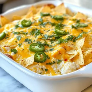 For this zesty jalapeño cheesy chicken bake, you'll need: - 2 cups cooked chicken, shredded - 1 cup cream cheese, softened - 1 cup sharp shredded cheddar cheese - 1/2 cup diced jalapeños - 1/2 cup sour cream - 1 teaspoon garlic powder - 1 teaspoon onion powder - 1 teaspoon smoked paprika - Salt and pepper, to taste - 1 cup crushed tortilla chips - Optional: Fresh cilantro leaves, for garnish You can switch out some ingredients if needed. - Use rotisserie chicken for more flavor. - Swap cream cheese for Greek yogurt for a lighter option. - Choose pepper jack cheese to add extra spice. - Instead of fresh jalapeños, use pickled ones for added tang. - Use crushed cornflakes if you don't have tortilla chips. When selecting your ingredients, freshness matters. - Look for bright green jalapeños with no blemishes. - Choose cream cheese that feels soft and spreadable. - Opt for sharp cheddar for a stronger cheese flavor. - If possible, grab organic chicken for a better taste. - Check expiration dates on dairy products to ensure freshness. {{ingredient_image_2}} First, set your oven to 375°F (190°C). This helps cook the dish evenly. While the oven heats, grab a 9x13 inch baking dish. Lightly grease it with cooking spray or butter. This step keeps the bake from sticking. In a large mixing bowl, combine the following: - 2 cups cooked chicken, shredded - 1 cup cream cheese, softened - 1 cup sharp shredded cheddar cheese - 1/2 cup diced jalapeños - 1/2 cup sour cream - 1 teaspoon garlic powder - 1 teaspoon onion powder - 1 teaspoon smoked paprika - Salt and pepper to taste Use a fork or spatula to mix until it's creamy and well-blended. Make sure all the ingredients are combined. Now, transfer the creamy chicken mixture into your greased baking dish. Spread it out evenly. Next, sprinkle 1 cup of crushed tortilla chips over the top. Cover the mixture well to add crunch. Place the baking dish in your preheated oven. Bake for 25-30 minutes. Look for bubbling edges and a golden brown topping. When it’s done, remove it from the oven and let it cool for about 5 minutes. This cooling helps the flavors settle. If you want, add fresh cilantro for a burst of color. Enjoy your Jalapeño Chicken Bake! To keep your dish creamy, use softened cream cheese. Let it sit out for a bit. Mix it well with the chicken and cheeses. This helps everything blend smoothly. Adding sour cream also boosts the creaminess. It adds a nice tang too. If you want more flavor, try using rotisserie chicken. It adds depth and taste. You can control the heat of your bake with jalapeños. Use fresh jalapeños for crunchy bites. If you want it milder, remove the seeds. For more heat, add more jalapeños. Pickled jalapeños give a tangy twist. They can be just as spicy. Always taste your mix before baking. This way, you can adjust to your liking. To get that perfect crunch, use crushed tortilla chips. Spread them evenly over the top. This helps create a nice, golden crust. If you want extra flavor, mix the chips with a little melted butter. You can also add spices, like paprika, to the chips. This gives a tasty kick. Remember, the crunch will soften if left too long, so serve right away! Pro Tips Use Quality Chicken: Opt for rotisserie chicken for added flavor and convenience. It saves time and enhances the overall taste of the dish. Adjust Heat Level: Depending on your preference, you can modify the amount of jalapeños used. Remove the seeds for a milder flavor or add more for extra heat! Cheese Variations: Experiment with different types of cheese like pepper jack or Monterey Jack for a unique twist and added creaminess. Crunchy Topping: To achieve the best crunch, add the crushed tortilla chips just before baking to prevent them from getting soggy. {{image_4}} You can make a tasty vegetarian version of this dish. Replace the chicken with beans. Black beans or pinto beans work well. Use about two cups of cooked beans. Mix these with cream cheese, cheese, jalapeños, and spices. This swap keeps the dish creamy and full of flavor. Plus, it adds protein and fiber. If you love heat, add more jalapeños. You can use fresh or pickled ones. Adjust the amount to your liking. Try using up to one cup of diced jalapeños. This change will give your dish a vibrant kick. Pair this with a cooling side, like sour cream or avocado, to balance the spice. Switching up the cheese can change the flavor. You can use pepper jack for a spicy twist. Mozzarella will make it gooey and mild. For a sharper taste, try gouda or feta. Mix and match cheeses to create your own unique flavor profile. Each type of cheese adds a different layer of taste to your bake. After your Jalapeño Chicken Bake cools, place it in an airtight container. Make sure to cover it well to keep it fresh. Store your leftovers in the fridge. They will last for about three to four days. If you want to keep it longer, consider freezing it. To reheat, preheat your oven to 350°F (175°C). Place the chicken bake in an oven-safe dish. Cover it with foil to prevent it from drying out. Heat for about 20 minutes or until it’s warm throughout. You can also microwave individual portions for about two to three minutes. Just make sure to check if it’s hot in the center. If you want to freeze your Jalapeño Chicken Bake, let it cool completely first. Use a freezer-safe container or wrap it tightly in plastic wrap and then foil. Label it with the date. It can stay in the freezer for up to three months. When you're ready to eat, thaw it in the fridge overnight before reheating. This way, you keep the flavors intact and enjoy it just as much as the first time! Yes, you can! You can use rotisserie chicken for flavor. Shredded cooked chicken breast or thighs works well too. You can even use canned chicken in a pinch. Just make sure the chicken is cooked before you mix it. To make it milder, reduce the jalapeños. You can use fewer diced jalapeños or switch to pickled jalapeños. For extra creaminess, add more cream cheese or sour cream. This will balance the heat. This dish goes great with rice or quinoa. You can also serve it with a fresh salad. Tortilla chips make a fun crunch on the side. For extra flavor, try pairing it with guacamole or salsa. Yes, you can prepare it in advance! Mix the ingredients and place them in your baking dish. Cover it and store it in the fridge for up to a day. When ready, just bake it as usual. This post covered key ingredients, baking steps, and useful tips. You learned how to choose and prep the right ingredients for your dish. We explored variations, including a vegetarian option and spice adjustments. Plus, I shared storage tips for leftovers and reheating. In conclusion, these details ensure your Jalapeño Chicken Bake is a hit. With practice, you can impress your family and friends with this dish. Enjoy your cooking and happy baking!