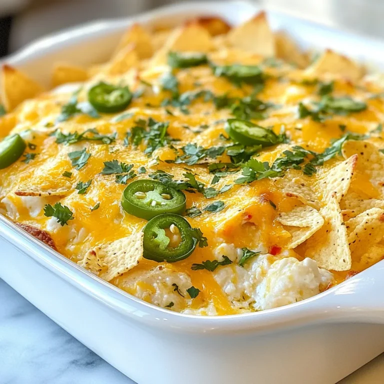 For this zesty jalapeño cheesy chicken bake, you'll need: - 2 cups cooked chicken, shredded - 1 cup cream cheese, softened - 1 cup sharp shredded cheddar cheese - 1/2 cup diced jalapeños - 1/2 cup sour cream - 1 teaspoon garlic powder - 1 teaspoon onion powder - 1 teaspoon smoked paprika - Salt and pepper, to taste - 1 cup crushed tortilla chips - Optional: Fresh cilantro leaves, for garnish You can switch out some ingredients if needed. - Use rotisserie chicken for more flavor. - Swap cream cheese for Greek yogurt for a lighter option. - Choose pepper jack cheese to add extra spice. - Instead of fresh jalapeños, use pickled ones for added tang. - Use crushed cornflakes if you don't have tortilla chips. When selecting your ingredients, freshness matters. - Look for bright green jalapeños with no blemishes. - Choose cream cheese that feels soft and spreadable. - Opt for sharp cheddar for a stronger cheese flavor. - If possible, grab organic chicken for a better taste. - Check expiration dates on dairy products to ensure freshness. {{ingredient_image_2}} First, set your oven to 375°F (190°C). This helps cook the dish evenly. While the oven heats, grab a 9x13 inch baking dish. Lightly grease it with cooking spray or butter. This step keeps the bake from sticking. In a large mixing bowl, combine the following: - 2 cups cooked chicken, shredded - 1 cup cream cheese, softened - 1 cup sharp shredded cheddar cheese - 1/2 cup diced jalapeños - 1/2 cup sour cream - 1 teaspoon garlic powder - 1 teaspoon onion powder - 1 teaspoon smoked paprika - Salt and pepper to taste Use a fork or spatula to mix until it's creamy and well-blended. Make sure all the ingredients are combined. Now, transfer the creamy chicken mixture into your greased baking dish. Spread it out evenly. Next, sprinkle 1 cup of crushed tortilla chips over the top. Cover the mixture well to add crunch. Place the baking dish in your preheated oven. Bake for 25-30 minutes. Look for bubbling edges and a golden brown topping. When it’s done, remove it from the oven and let it cool for about 5 minutes. This cooling helps the flavors settle. If you want, add fresh cilantro for a burst of color. Enjoy your Jalapeño Chicken Bake! To keep your dish creamy, use softened cream cheese. Let it sit out for a bit. Mix it well with the chicken and cheeses. This helps everything blend smoothly. Adding sour cream also boosts the creaminess. It adds a nice tang too. If you want more flavor, try using rotisserie chicken. It adds depth and taste. You can control the heat of your bake with jalapeños. Use fresh jalapeños for crunchy bites. If you want it milder, remove the seeds. For more heat, add more jalapeños. Pickled jalapeños give a tangy twist. They can be just as spicy. Always taste your mix before baking. This way, you can adjust to your liking. To get that perfect crunch, use crushed tortilla chips. Spread them evenly over the top. This helps create a nice, golden crust. If you want extra flavor, mix the chips with a little melted butter. You can also add spices, like paprika, to the chips. This gives a tasty kick. Remember, the crunch will soften if left too long, so serve right away! Pro Tips Use Quality Chicken: Opt for rotisserie chicken for added flavor and convenience. It saves time and enhances the overall taste of the dish. Adjust Heat Level: Depending on your preference, you can modify the amount of jalapeños used. Remove the seeds for a milder flavor or add more for extra heat! Cheese Variations: Experiment with different types of cheese like pepper jack or Monterey Jack for a unique twist and added creaminess. Crunchy Topping: To achieve the best crunch, add the crushed tortilla chips just before baking to prevent them from getting soggy. {{image_4}} You can make a tasty vegetarian version of this dish. Replace the chicken with beans. Black beans or pinto beans work well. Use about two cups of cooked beans. Mix these with cream cheese, cheese, jalapeños, and spices. This swap keeps the dish creamy and full of flavor. Plus, it adds protein and fiber. If you love heat, add more jalapeños. You can use fresh or pickled ones. Adjust the amount to your liking. Try using up to one cup of diced jalapeños. This change will give your dish a vibrant kick. Pair this with a cooling side, like sour cream or avocado, to balance the spice. Switching up the cheese can change the flavor. You can use pepper jack for a spicy twist. Mozzarella will make it gooey and mild. For a sharper taste, try gouda or feta. Mix and match cheeses to create your own unique flavor profile. Each type of cheese adds a different layer of taste to your bake. After your Jalapeño Chicken Bake cools, place it in an airtight container. Make sure to cover it well to keep it fresh. Store your leftovers in the fridge. They will last for about three to four days. If you want to keep it longer, consider freezing it. To reheat, preheat your oven to 350°F (175°C). Place the chicken bake in an oven-safe dish. Cover it with foil to prevent it from drying out. Heat for about 20 minutes or until it’s warm throughout. You can also microwave individual portions for about two to three minutes. Just make sure to check if it’s hot in the center. If you want to freeze your Jalapeño Chicken Bake, let it cool completely first. Use a freezer-safe container or wrap it tightly in plastic wrap and then foil. Label it with the date. It can stay in the freezer for up to three months. When you're ready to eat, thaw it in the fridge overnight before reheating. This way, you keep the flavors intact and enjoy it just as much as the first time! Yes, you can! You can use rotisserie chicken for flavor. Shredded cooked chicken breast or thighs works well too. You can even use canned chicken in a pinch. Just make sure the chicken is cooked before you mix it. To make it milder, reduce the jalapeños. You can use fewer diced jalapeños or switch to pickled jalapeños. For extra creaminess, add more cream cheese or sour cream. This will balance the heat. This dish goes great with rice or quinoa. You can also serve it with a fresh salad. Tortilla chips make a fun crunch on the side. For extra flavor, try pairing it with guacamole or salsa. Yes, you can prepare it in advance! Mix the ingredients and place them in your baking dish. Cover it and store it in the fridge for up to a day. When ready, just bake it as usual. This post covered key ingredients, baking steps, and useful tips. You learned how to choose and prep the right ingredients for your dish. We explored variations, including a vegetarian option and spice adjustments. Plus, I shared storage tips for leftovers and reheating. In conclusion, these details ensure your Jalapeño Chicken Bake is a hit. With practice, you can impress your family and friends with this dish. Enjoy your cooking and happy baking!