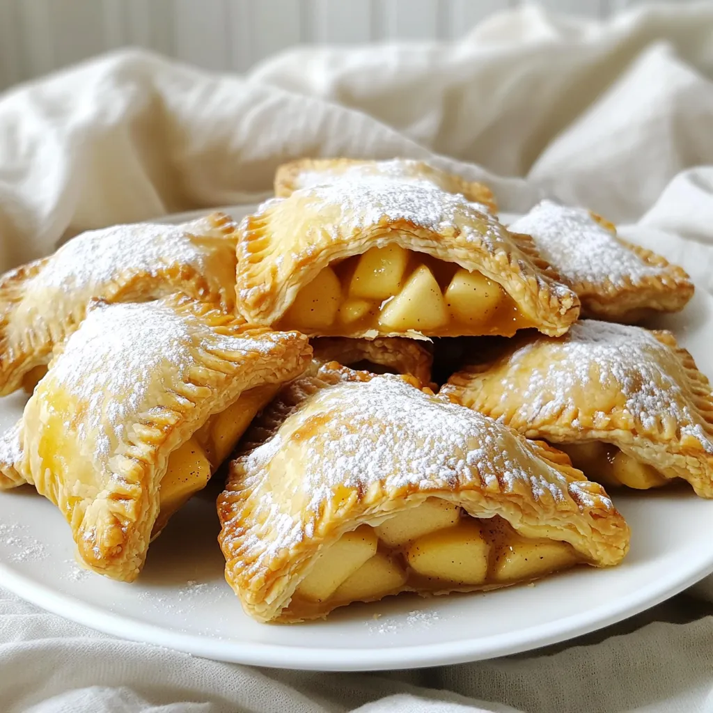 To make easy apple hand pies, gather these simple ingredients: - 2 cups all-purpose flour - 1/2 cup unsalted butter, chilled and cut into small cubes - 1/4 cup granulated sugar - 1/4 teaspoon fine salt - 6-8 tablespoons ice-cold water - 3 medium-sized apples (Granny Smith or Honeycrisp), peeled, cored, and diced - 1 teaspoon ground cinnamon - 1/4 teaspoon ground nutmeg - 1/4 teaspoon ground ginger - 2 tablespoons packed brown sugar - 1 tablespoon fresh lemon juice - 1 egg (for egg wash) - 1 tablespoon milk These ingredients bring together the sweet and spicy flavors of apple pies. The apples provide a juicy filling, while the spices add warmth. The dough, made from flour and butter, gives a nice flaky texture. Using chilled butter is key for a tender crust! 1. In a large bowl, combine the flour, sugar, and salt. Whisk these dry ingredients well. 2. Add the chilled butter cubes. Use your fingers or a pastry cutter to mix. You want it to look like coarse crumbs. 3. Slowly add the ice-cold water, one tablespoon at a time. Mix gently until the dough comes together. It should feel a bit sticky. 4. Divide the dough into two discs, wrap them in plastic, and chill them for at least 30 minutes. 1. In a medium saucepan, combine the diced apples, cinnamon, nutmeg, ginger, brown sugar, and lemon juice. 2. Cook this mixture over medium heat for about 5-7 minutes. Stir often until the apples are tender but not mushy. 3. Once done, take the saucepan off the heat and let the filling cool. 1. Roll out one dough disc on a floured surface to about 1/8 inch thick. 2. Use a cookie cutter or a glass to cut out circles that are 4-5 inches in diameter. 3. Place a generous spoonful of apple filling in the center of each dough circle. Be careful not to overfill. 4. Fold each circle in half, sealing the filling inside. Press the edges to seal and use a fork to crimp them. 5. In a small bowl, whisk an egg with a tablespoon of milk. Brush the tops of the hand pies with this egg wash. 1. Preheat your oven to 400°F (200°C). Line a baking sheet with parchment paper. 2. Cut small slits in the top of each pie for steam to escape. This helps them bake evenly. 3. Bake the hand pies for 20-25 minutes, or until they are golden brown. 4. After baking, let them cool on the sheet for a few minutes. Then, transfer to a wire rack to cool completely. Chilled ingredients are key to great dough. Cold butter helps create flaky layers. If the butter warms, the dough may become tough. Always keep your butter and water cold. Avoid overmixing the dough. Mix just until it forms a ball. Overmixing can lead to a dense crust. Remember, you want it tender and flaky. Sweet apples like Honeycrisp add a nice flavor. Tart apples, like Granny Smith, give a tasty contrast. You can mix both for a great blend of sweet and tart. Other great apples include Fuji and Braeburn. Each apple has its own taste and texture. Experiment to find your favorite mix! Dust your hand pies with powdered sugar for a fun touch. This adds sweetness and makes them look pretty. Serve them warm on a nice plate for guests. Pair your hand pies with ice cream or caramel sauce. Ice cream adds creaminess, while caramel brings a rich flavor. Both options elevate your dessert to the next level! {{image_4}} You can easily change up the taste of your apple hand pies. Here are some fun ideas: - Adding caramel or nuts: Mix in some caramel sauce or chopped nuts for a richer filling. The caramel adds sweetness. The nuts give a nice crunch. - Using different spices or herbs: Try adding allspice or cardamom for a warm twist. You can also add fresh herbs, like rosemary, for a unique flavor. If you want to try some different crust options, here are a few to consider: - Gluten-free crust options: You can use a gluten-free flour blend. This makes the recipe friendly for those with gluten needs. Just be sure to follow the blend's specific instructions. - Using store-bought puff pastry: If you’re short on time, puff pastry works well. Just roll it out and cut it into circles. This saves time and still tastes great. Mini hand pies are perfect for parties or snacks. Here’s how to make them: - Adjusting size for bite-sized treats: Use a smaller cookie cutter, about 2-3 inches in diameter. This gives you cute, snack-sized pies. - Baking times for smaller pies: Bake mini pies for about 15-20 minutes. Keep an eye on them. They should turn golden brown just like the larger ones. To store leftover hand pies, let them cool completely. Place them in an airtight container. This keeps them fresh and tasty for up to three days. When storing, place parchment paper between layers to avoid sticking. Best practices for refrigeration: - Cool pies completely before sealing. - Keep in a cool, dry place. - Use a container that fits well to limit air exposure. You can freeze hand pies before or after baking. If freezing before baking, place the unbaked pies on a baking sheet. Freeze them until solid, then transfer to a freezer bag. This method helps keep the shape. If you prefer, you can freeze them after baking. Just ensure they are fully cooled first. Wrap each pie tightly in plastic wrap. Then, place them in a freezer bag. Thawing instructions for optimal taste: - For unbaked pies, bake straight from frozen. Add a few extra minutes to the bake time. - For baked pies, thaw in the fridge overnight before reheating. To enjoy hand pies again, reheating is key. The best method is in the oven. This keeps the crust crisp and flaky. Preheat your oven to 350°F (175°C). Place the pies on a baking sheet and heat for about 10-15 minutes. Avoiding sogginess when reheating: - Use the oven instead of the microwave. - Place pies directly on the oven rack for better air circulation. - Check often to prevent overbaking. Homemade apple hand pies last about 3 to 5 days in the fridge. To keep them fresh, store them in an airtight container. You can also wrap them tightly in plastic wrap. This helps to lock in moisture and flavor. To extend freshness, you can freeze them. Just make sure they cool completely before freezing. Place them in a freezer bag or container. They can last up to 3 months in the freezer. When ready to eat, just thaw and reheat. Yes, you can make the dough ahead of time. Wrap the dough discs in plastic wrap and place them in the fridge. This keeps it fresh for up to 2 days. If you want to store it longer, freeze it for up to 3 months. When you're ready to use the dough, let it sit at room temperature for about 10 to 15 minutes. This makes it easier to roll out. The dough should be cold but not hard. If you need a dairy-free option, you can use coconut oil or vegetable shortening. Both work well in this recipe. They will give your hand pies a different taste and texture. Coconut oil adds a hint of sweetness and a slight coconut flavor. Vegetable shortening will keep the crust flaky but less rich. Experiment with these options to find your favorite! You now know how to make delicious apple hand pies. We covered ingredients, from flour to apples, and went through step-by-step instructions. You learned tips for perfecting your dough and chose the best apple varieties. We also explored fun variations and storage tips to keep your pies fresh. Remember, these hand pies are great for sharing or enjoying alone. Whether you make them classic or try new flavors, homemade hand pies will always impress. Happy baking!
