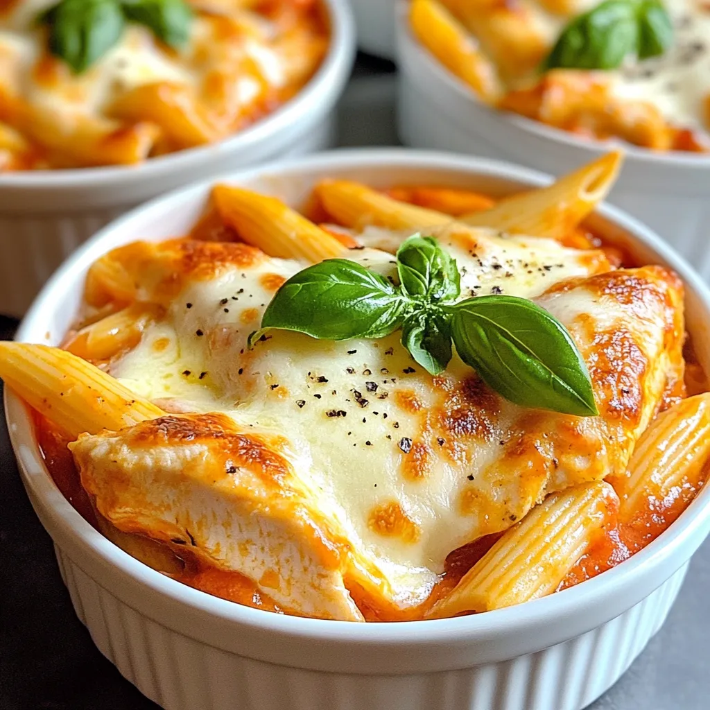 To make the savory Chicken Mozzarella Pasta, gather the following ingredients: - 2 boneless, skinless chicken breasts - 8 oz. penne pasta - 2 cups diced tomatoes (canned or fresh) - 1 cup shredded mozzarella cheese - 1/2 cup grated Parmesan cheese - 3 cloves garlic, minced - 1 teaspoon dried oregano - 1 teaspoon dried basil - 1/2 teaspoon red pepper flakes (optional) - 3 tablespoons olive oil - Salt and pepper to taste - Fresh basil leaves for garnish These ingredients blend together to create a rich, cheesy dish bursting with flavor. The chicken breasts provide protein, while the pasta serves as a hearty base. The tomatoes and spices add depth, and the cheeses melt beautifully, creating a creamy texture. Don't forget fresh basil for a bright finish! {{ingredient_image_2}} 1. Cooking pasta: Start by filling a large pot with water. Add a generous amount of salt to enhance flavor. Bring the water to a boil. Once boiling, add 8 oz. of penne pasta. Cook it for 8-10 minutes or until al dente. After cooking, drain the pasta in a colander and set it aside. 2. Seasoning chicken: While the pasta cooks, take 2 boneless, skinless chicken breasts. Season both sides with salt, pepper, and half of the dried oregano and basil. This will add a lot of flavor to the chicken. 1. Heating the skillet: In a large skillet, heat 1 tablespoon of olive oil over medium heat. Let the oil get hot, but not smoking. 2. Cooking time and method: Carefully add the seasoned chicken breasts to the skillet. Cook for about 5-7 minutes on each side. The chicken should be golden brown and fully cooked. 3. Resting and slicing: Once done, remove the chicken from the skillet. Let it rest for a few minutes. This helps keep it juicy. After resting, slice it into bite-sized pieces. 1. Sautéing garlic: Without cleaning the skillet, add the remaining 2 tablespoons of olive oil. Sauté 3 minced garlic cloves for about 1 minute, just until fragrant. Be careful not to let it burn. 2. Adding tomatoes and spices: Next, pour in 2 cups of diced tomatoes. Stir in the remaining oregano, basil, and optional red pepper flakes for heat. Let this mixture simmer for 5 minutes. Stir occasionally until the sauce thickens a bit. 1. Tossing pasta with sauce: Once the sauce thickens, add the drained penne pasta to the skillet. Toss it well so that each piece of pasta gets coated with the sauce. 2. Adding chicken and cheeses: Gently fold in the sliced chicken. Add half of the mozzarella and Parmesan cheese. Mix until everything is well combined and the cheese starts to melt. 1. Melting the cheese: Sprinkle the remaining mozzarella and Parmesan cheese over the top. Cover the skillet with a lid. Reduce the heat to low. Let it cook for 3-4 minutes until the cheese is melted and bubbly. 2. Garnishing with fresh basil: After the cheese melts perfectly, remove the skillet from heat. Before serving, top each plate with fresh basil leaves for a burst of color and flavor. - Ensuring chicken is cooked properly: Always check the chicken's internal temperature. It should reach 165°F (75°C). This ensures it's safe to eat. Let it rest before slicing. This keeps it juicy and tender. - Perfecting pasta texture: Cook the penne pasta until it's al dente. This means it should be firm to the bite. Follow the package directions for timing. Don’t forget to salt the water! This adds flavor to the pasta. - Presentation ideas: Serve the chicken mozzarella pasta in shallow bowls. Top with extra chopped basil and a sprinkle of Parmesan. This adds color and makes the dish look fancy. - Side dish pairings: Pair this dish with a simple salad or garlic bread. A light, fresh salad balances the richness of the pasta. Garlic bread adds a nice crunch and flavor. - Alternative cheese options: If you can’t find mozzarella, try provolone or fontina. They melt well and add a different taste. Feta cheese also works for a tangy twist. - Vegetables or protein variations: Add veggies like spinach, bell peppers, or zucchini for extra nutrition. You can also swap chicken for shrimp or tofu. This keeps the dish fresh and exciting! Pro Tips Perfectly Cooked Pasta: To ensure your pasta is al dente, taste it a minute or two before the package instructions indicate. It should be firm but not hard. Chicken Searing: Allow the chicken to rest after cooking; this helps retain its juices and keeps it tender when sliced. Fresh Herbs: Add fresh basil just before serving for the brightest flavor. Dried herbs are great during cooking, but fresh makes a noticeable difference. Cheese Melting: Cover the skillet while the cheese melts to create a gooey texture throughout the dish, ensuring every bite is cheesy and delightful. {{image_4}} You can switch up the pasta type for this dish. Here are two great options: - Whole wheat: This adds a nutty flavor and extra fiber. Cook it the same way as regular pasta. - Gluten-free options: Use gluten-free pasta for a safe choice for those with gluten issues. Cook it according to the package. Adding veggies boosts flavor and nutrition. Here are some to consider: - Spinach: Add fresh spinach at the end. It wilts quickly in the sauce. - Zucchini: Sauté diced zucchini for about 3-4 minutes before adding the sauce. - Bell peppers: Cook sliced bell peppers for 4-5 minutes until they soften. These veggies bring color and taste to your dish. If you like heat, try these options: - Increasing heat levels: Add more red pepper flakes. Start with 1 teaspoon and adjust to your taste. - Alternative spices to use: Consider using cayenne pepper or chili powder for a different kick. They blend well with the sauce. Experimenting with spice can make the meal exciting and fun! To store leftovers, let the chicken mozzarella pasta cool first. Place it in an airtight container. This keeps the flavors fresh and prevents drying out. You can store it in the fridge for up to three days. For recommended storage containers, use glass or BPA-free plastic. Glass allows you to see the food inside. It also keeps odors from leaking. If using plastic, make sure it’s labeled for food storage. For freezing, let the dish cool completely. Then, transfer it to a freezer-safe container. You can also use freezer bags, but make sure to remove excess air. This helps prevent freezer burn. Chicken mozzarella pasta can last up to three months in the freezer. To defrost, move the container to the fridge overnight. If you need it faster, you can microwave it on low. For reheating, use a skillet over low heat. Add a splash of water or broth to keep it moist. Stir occasionally until heated through. Enjoy your delicious meal again! Yes, you can use frozen chicken. If your chicken is frozen, thaw it first. You can do this in the fridge overnight or use the microwave. Once thawed, season it like fresh chicken. Cook it longer if needed, to ensure it reaches 165°F. This keeps your dish safe and tasty. If you need a mozzarella substitute, try provolone or fontina cheese. Both melt well and have a mild taste. Ricotta cheese can also work, but it won’t melt like mozzarella. For a tangy flavor, use goat cheese. Each option offers a unique twist to your dish. You can keep Chicken Mozzarella Pasta in the fridge for up to three days. Store it in an airtight container to keep it fresh. Make sure the pasta cools down before sealing it. This helps keep flavors intact and prevents spoilage. Yes, you can make this dish ahead of time. Cook it completely, then let it cool. Store it in the fridge for up to three days. When it’s time to eat, just reheat it on the stove or in the microwave. Stir well to warm it evenly. This post covered how to make Chicken Mozzarella Pasta. We discussed the key ingredients, step-by-step cooking methods, and helpful tips. You learned about serving ideas and ingredient substitutions. Don't forget that you can customize the dish with different pastas and veggies. In the end, this dish is both satisfying and easy to make. Try it out and make it your own. Happy cooking!