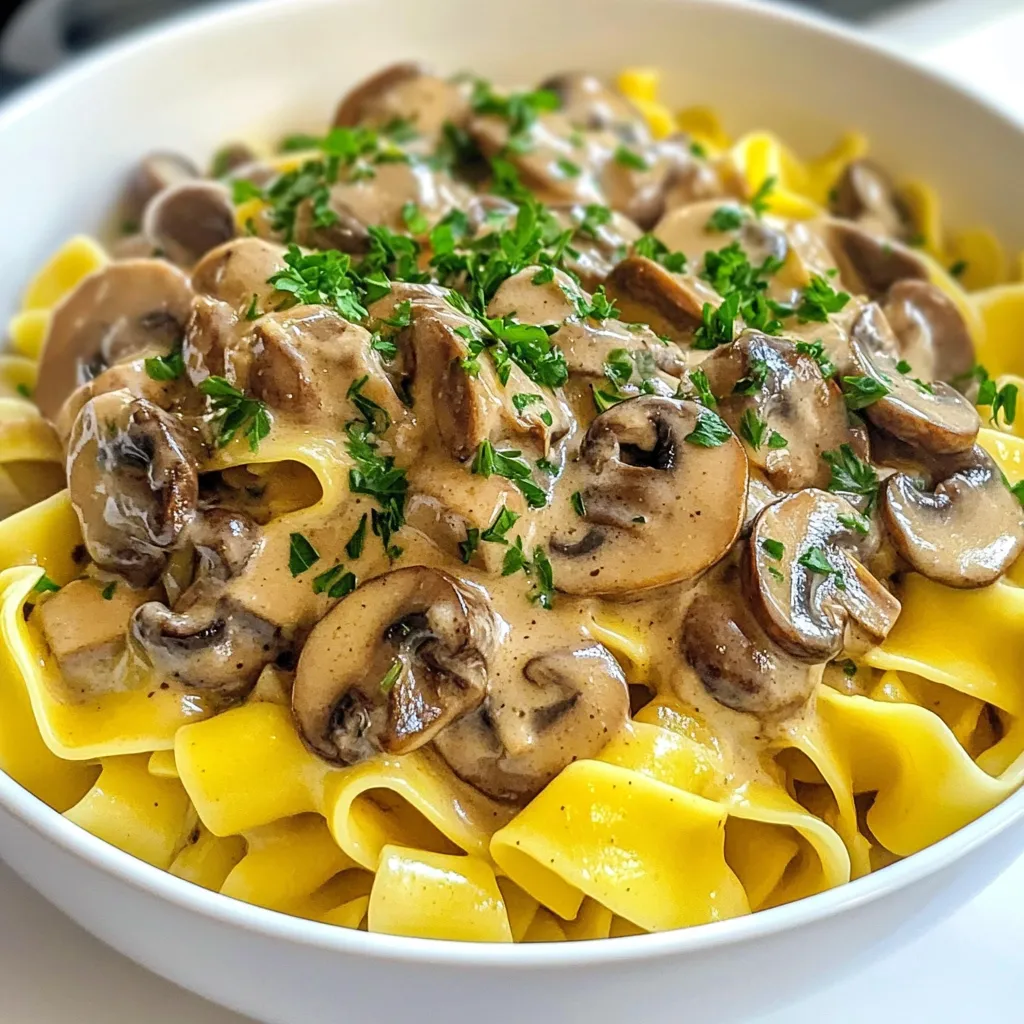 To make a tasty creamy mushroom stroganoff, you need: - 12 oz (340g) wide egg noodles - 2 tablespoons extra virgin olive oil - 1 medium onion, finely chopped - 3 cloves fresh garlic, minced - 16 oz (450g) mixed mushrooms (such as button, cremini, and shiitake), sliced - 1 tablespoon low-sodium soy sauce - 1 teaspoon dried thyme - 1 teaspoon smoked paprika - 1 cup vegetable broth (preferably low-sodium) - 1 cup sour cream or plant-based alternative (such as cashew cream) - 2 tablespoons all-purpose flour - Salt and freshly ground black pepper to taste - Fresh parsley, finely chopped for garnish These ingredients create a rich and creamy dish that is sure to please. If you need substitutes, here are some ideas: - Swap wide egg noodles for gluten-free pasta or zucchini noodles. - Use coconut oil instead of olive oil for a different flavor. - You can replace sour cream with Greek yogurt or silken tofu for a lighter option. - If you prefer, use tamari instead of soy sauce for a gluten-free version. These alternatives can help you customize the dish to fit your needs. Fresh ingredients can make a big difference in flavor. Here’s why: - Fresh mushrooms have a better texture and taste than older ones. - Fresh garlic and onion add more aroma and depth to the dish. - Using fresh herbs like parsley enhances the overall flavor and presentation. Always choose fresh ingredients when possible for the best creamy mushroom stroganoff experience. {{ingredient_image_2}} First, fill a large pot with water. Add salt to the water, then bring it to a boil. Once the water is bubbling, add 12 ounces of wide egg noodles. Cook them according to the package instructions until they are al dente. This usually takes about 8 to 10 minutes. Once done, drain the noodles carefully. Set them aside for later. Next, take a large skillet and place it over medium heat. Add 2 tablespoons of extra virgin olive oil. Let it heat for a moment, then add one finely chopped medium onion. Sauté the onion for about 5 minutes. You want it soft and translucent. After that, stir in three cloves of minced garlic. Cook for one more minute. Keep stirring to avoid burning the garlic. Now, it’s time to add the star of the dish: mushrooms. Add 16 ounces of mixed mushrooms, sliced. This mix can include button, cremini, and shiitake mushrooms. Sauté them for 8 to 10 minutes. Stir often so they brown evenly and release their moisture. When the mushrooms look golden brown, mix in 1 tablespoon of low-sodium soy sauce, 1 teaspoon of dried thyme, and 1 teaspoon of smoked paprika. Let this cook for one minute to blend the flavors. Next, sprinkle 2 tablespoons of all-purpose flour over the mushroom mix. Stir it well to coat everything. Gradually add 1 cup of vegetable broth while stirring constantly. This prevents lumps from forming. Bring the mixture to a gentle simmer. After that, lower the heat and stir in 1 cup of sour cream. Cook for 2 more minutes until everything is heated through. Finally, season your sauce with salt and freshly ground black pepper. If it’s too thick, add a splash more vegetable broth. Combine the drained noodles with the creamy mushroom sauce. Toss gently to coat each noodle. Serve hot, and enjoy the rich flavors of your creamy mushroom stroganoff! When picking mushrooms, look for fresh ones. Choose mushrooms that are firm and dry. Avoid any that feel slimy or have dark spots. For this dish, I love using a mix of button, cremini, and shiitake mushrooms. Their flavors blend well. Button mushrooms are mild, while cremini add depth. Shiitake mushrooms bring an earthy taste. This mix gives the stroganoff richness and variety. To get that perfect creamy sauce, focus on the flour. Sprinkle it evenly over the mushrooms and stir. This helps thicken the sauce nicely. Gradually add the vegetable broth while stirring. This prevents lumps from forming. Use sour cream or a plant-based alternative for creaminess. Stir it in gently at the end. This way, it melts into the sauce without curdling. One common mistake is overcooking the mushrooms. Cook them until they are golden brown, but don’t let them burn. Another mistake is adding too much broth at once. Always add it slowly to control the thickness. Finally, don’t skip the seasoning. Salt and pepper are key to enhancing the flavors. Taste as you go, and adjust until it’s just right. Pro Tips Choose the Right Mushrooms: For the best flavor, use a mix of mushrooms. Button, cremini, and shiitake offer a rich, earthy taste that enhances the dish. Adjust the Creaminess: If you prefer a lighter stroganoff, substitute half of the sour cream with Greek yogurt or a plant-based alternative for a tangy twist. Perfect Noodle Cooking: For the best texture, cook the noodles just until al dente, as they will continue to soften when combined with the creamy sauce. Garnish for Flavor: Fresh parsley not only adds color but also a bright, fresh flavor that complements the richness of the stroganoff. {{image_4}} To make a vegan creamy mushroom stroganoff, swap the sour cream for a plant-based option. You can use cashew cream or coconut cream. They give a rich flavor and creamy texture. You can also use nutritional yeast for a cheesy taste. Just blend soaked cashews with water until smooth. Add it to your mushroom sauce for creaminess. For a gluten-free version, choose gluten-free noodles. Many brands offer great options like rice or chickpea pasta. Instead of all-purpose flour, use cornstarch to thicken the sauce. Mix cornstarch with a little cold vegetable broth before adding it to the pan. This helps avoid lumps and keeps the sauce smooth. You can try many noodle types for your stroganoff. Wide egg noodles are classic, but you can use spiral or penne pasta too. For a healthier choice, try zucchini noodles or whole grain pasta. Each option brings a unique texture and flavor to your dish. Experiment to find your favorite! To keep your creamy mushroom stroganoff fresh, store it in an airtight container. Let the dish cool to room temperature first. Then, place it in the fridge. This dish stays good for 3 to 4 days when stored properly. Make sure to label the container with the date. This way, you know when it needs to be eaten. When you want to enjoy leftovers, reheat only what you need. Place the stroganoff in a skillet over low heat. Add a splash of vegetable broth to keep it creamy. Stir gently as it warms up. This method helps prevent the sauce from separating. You can also use the microwave. Just cover the bowl to keep moisture in. Heat in short bursts, stirring in between. If you want to save some stroganoff for later, freezing is a great option. First, let it cool completely. Then, portion it into freezer-safe bags or containers. Remove as much air as possible to prevent freezer burn. You can freeze it for up to 3 months. When you’re ready to eat, thaw it in the fridge overnight. Reheat it gently on the stove, adding a bit of broth if needed to restore creaminess. You can swap sour cream for a plant-based alternative. Use cashew cream or Greek yogurt. Choose whole grain noodles for more fiber. Add more veggies like spinach or bell peppers for extra nutrients. Reducing the oil or using vegetable broth instead helps cut calories. Yes, you can use dried mushrooms. Just soak them in warm water for about 20 minutes. This rehydrates them and brings back flavor. After soaking, chop them and add them to your dish as normal. Dried mushrooms have strong flavors, so adjust the amount based on your taste. This dish pairs well with a simple green salad. Roasted vegetables also make a great side. You might enjoy it with garlic bread or even steamed broccoli. For a heartier meal, serve it with protein like grilled chicken or tofu. In this blog post, we covered key ingredients for creamy mushroom stroganoff, including alternatives and the importance of freshness. We walked through step-by-step cooking techniques to ensure perfect noodles and a rich sauce. I shared tips for choosing mushrooms and achieving a creamy texture, while highlighting common mistakes. You also learned about variations for vegan and gluten-free options. Finally, I addressed how to store leftovers properly. With these insights, you can create a delightful dish that you’ll love and impress others with. Enjoy cooking your stroganoff masterpiece!