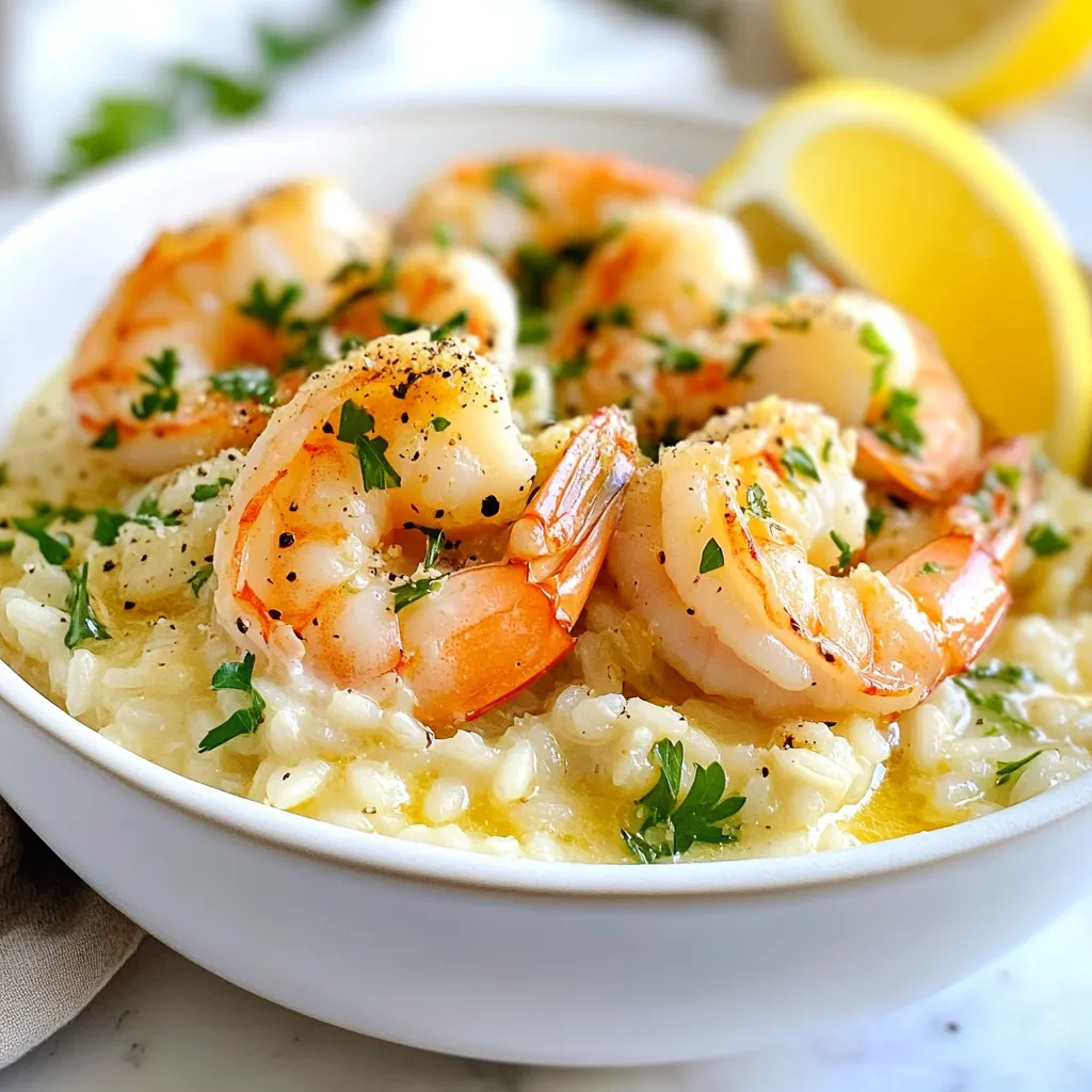 - 1 cup Arborio rice - 1 pound large shrimp, peeled and deveined - 4 cups vegetable broth - 1 cup onion, finely chopped - 3 cloves garlic, minced - 1/2 cup Parmesan cheese, grated - 4 tablespoons unsalted butter - 1 tablespoon olive oil - 1/2 cup fresh parsley, chopped - Salt and pepper to taste - Zest of 1 lemon For Arborio rice, I recommend brands like Cento or Roland. They both provide quality grains that absorb liquid well. For shrimp, SeaPak and Gulf Coast offer fresh, large shrimp that cook perfectly. Look for shrimp that are pink and firm. If you need a substitute for vegetable broth, use chicken broth or even water with herbs. You can swap Parmesan cheese with Pecorino Romano for a bolder flavor. If you want a dairy-free option, try nutritional yeast for a cheesy taste. Fresh parsley can be replaced with basil or chives for a different twist. {{ingredient_image_2}} Start by warming the vegetable broth in a medium saucepan. Set the heat to medium-low. Keep the broth warm but do not let it boil. This is key for cooking the risotto evenly. Having it warm helps the rice absorb the liquid better. In a large skillet, mix olive oil and 2 tablespoons of butter. Heat it over medium heat. Once the butter melts and bubbles, add the finely chopped onion. Sauté for 3-4 minutes. Stir often until the onion turns soft and clear. Next, add the minced garlic. Cook it for one more minute, stirring all the time. You want it to smell great and get lightly golden. Now, it's time to add the Arborio rice to the skillet. Stir the rice so it coats with the buttery mix. Toast it for about 2 minutes. You will smell a nutty aroma, which means it’s working. Then, gradually add 1 cup of the warm vegetable broth to the rice. Keep stirring! Wait until most of the liquid is absorbed before adding more. Repeat this process, adding broth in 1-cup increments for 18-20 minutes. This keeps your risotto creamy. While your risotto simmers, prepare the shrimp in a different skillet. Melt the remaining 2 tablespoons of butter over medium-high heat. Toss the shrimp in, seasoning with salt and pepper. Sauté for around 2-3 minutes on each side until they turn pink and opaque. Once the risotto is creamy and al dente, remove it from heat. Mix in the grated Parmesan cheese, lemon zest, fresh parsley, and the cooked shrimp. Taste it and adjust with salt and pepper. Let it rest for a minute before serving. To make creamy risotto, you need to stir it often. The stirring helps release starch from the Arborio rice. This starch makes the dish creamy. Always add warm broth slowly. Wait until the rice absorbs most of the broth before adding more. Aim for a soft but slightly firm texture, known as al dente. Cook shrimp until they turn pink and opaque. This usually takes 2-3 minutes per side. If you overcook shrimp, they become tough and rubbery. Always season with salt and pepper for flavor. You can add a squeeze of lemon juice for brightness. One big mistake is cooking the rice too fast. Risotto needs time to absorb the broth. Avoid adding cold broth as it shocks the rice. Also, don’t skip the stirring or the dish will end up lumpy. Finally, taste as you go. Adjust salt and pepper to your liking for the best flavor. Pro Tips Use Fresh Shrimp: Always opt for fresh shrimp if possible, as they provide a sweeter and more vibrant flavor compared to frozen options. Stir Constantly: Stirring the risotto continuously helps to release the starches from the Arborio rice, resulting in a creamier texture. Adjust Consistency: If the risotto becomes too thick, you can add a bit more warm broth or even a splash of white wine for added flavor. Garnish for Flavor: Don’t skip the fresh parsley and lemon zest; they add not only color but also a burst of freshness that enhances the dish. {{image_4}} You can make Garlic Butter Shrimp Risotto even more exciting with a few fun changes. Here are some great ideas. Adding vegetables is a smart way to boost flavor and nutrition. Spinach adds a fresh taste and bright color. Just stir it in during the last few minutes of cooking. Peas bring a sweet crunch. You can add them with the broth. Both choices make the dish more colorful and tasty. If you want to switch up the protein, try scallops or chicken. Scallops cook quickly and add a sweet taste. Sear them in butter until they turn golden. Chicken can be a heartier option. Cook diced chicken breast in the skillet until it’s done, then mix it into the risotto. Both options give you a new twist on this classic dish. You can also add more flavor with herbs and spices. Fresh herbs like basil or thyme can brighten the dish. Add them just before serving for a fresh taste. You might also try a pinch of red pepper flakes for a little heat. This adds depth and makes each bite exciting. Experiment to find your favorite mix! To keep your leftover risotto fresh, put it in an airtight container. Make sure to cool it first, as hot risotto can create steam and make it soggy. You can store the risotto in the fridge for up to three days. If you want to keep it longer, consider freezing it. When reheating risotto, add a splash of broth or water. This helps restore its creamy texture. Heat it slowly in a saucepan over low heat. Stir often to ensure even heating. You can also use the microwave. Just cover the dish and heat in short intervals, stirring in between. If you decide to freeze risotto, portion it out before freezing. Use freezer-safe bags or containers. Press out as much air as possible to prevent freezer burn. Risotto can last up to three months in the freezer. To thaw, place it in the fridge overnight or use the microwave on defrost mode. Yes, you can make risotto ahead of time. However, it may lose its creamy texture. To keep it fresh, let it cool down first. Store it in an airtight container in the fridge for up to two days. When you're ready to serve, reheat it slowly on the stove. Add more broth if needed to regain creaminess. Making risotto without stirring is tricky. You can try a different method called "oven risotto." In this method, combine all ingredients in a baking dish. Add broth, cover, and bake at 375°F (190°C) for 25-30 minutes. Check occasionally and add more broth if needed. This way, you can enjoy risotto with less effort. Garlic Butter Shrimp Risotto pairs well with several sides. Here are some ideas: - A simple green salad with lemon vinaigrette - Steamed asparagus or green beans - Crusty bread for dipping - Grilled vegetables for extra flavor Yes, risotto is generally gluten-free. The main ingredient, Arborio rice, does not contain gluten. However, always check the packaging for any cross-contamination. Also, ensure that any broth you use is gluten-free. This way, you can enjoy this dish without worry. In this blog post, we explored the flavors of Garlic Butter Shrimp Risotto. We discussed key ingredients, brands, and substitutes, making cooking simple. I shared step-by-step instructions for perfect risotto and shrimp. Tips helped you avoid common mistakes. Variations showed how to customize your dish. Lastly, I covered storage and reheating methods for leftovers. Remember, cooking should be fun. Enjoy experimenting with flavors and ingredients. Happy cooking!