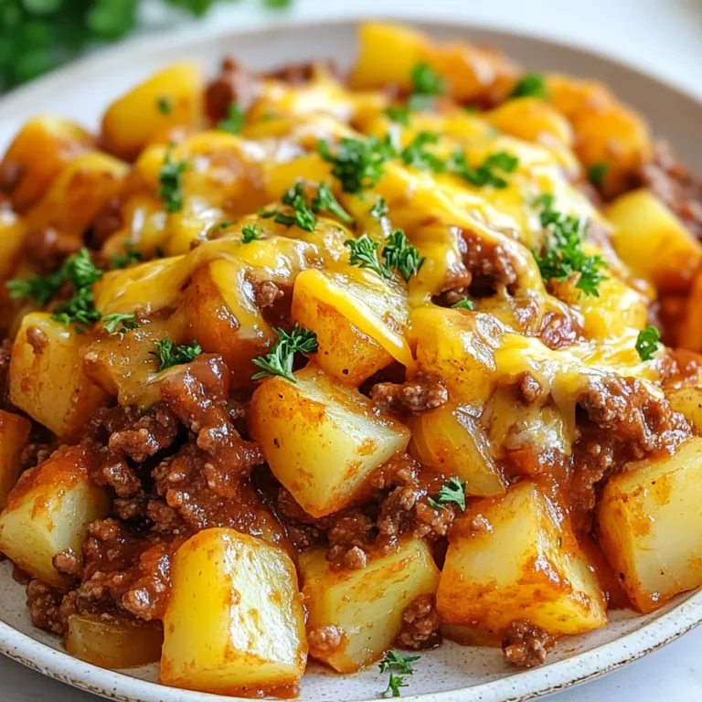 - 4 medium potatoes, diced into small, uniform cubes - 1 lb ground beef or ground turkey - 1 cup onion, finely chopped - 1 cup bell pepper, diced (use red or green for color) - 2 cloves garlic, minced - 1 cup ketchup - 2 tablespoons Worcestershire sauce - 1 tablespoon brown sugar - 1 teaspoon yellow mustard or Dijon mustard - 1 teaspoon smoked paprika - Salt and pepper to taste - 2 tablespoons olive oil - 1 cup shredded cheddar cheese - Fresh parsley, chopped When I create this Sloppy Joe Potato Skillet, I start with the main ingredients. Diced potatoes are the base, providing a hearty texture. I often choose ground beef or turkey, depending on what I have. Onions and bell peppers give a sweet crunch. Garlic adds a punch of flavor. Ketchup and Worcestershire sauce work together to create that classic Sloppy Joe taste. Brown sugar brings a hint of sweetness, while mustard adds a zesty layer. Smoked paprika gives it a nice smokiness. I always season with salt and pepper for balance. Olive oil helps everything cook nicely. Finally, I sprinkle on shredded cheddar cheese before serving. It melts into the dish, adding creaminess. I finish with fresh parsley for a pop of color. - Ground chicken or tofu as protein variations - Sour cream or green onions as alternative toppings - Suggested sides: crusty bread or fresh salad For those looking to mix it up, I suggest using ground chicken or even tofu for a lighter meal. You can top your skillet with sour cream for a creamy finish. Green onions add a fresh crunch too. Pair this dish with crusty bread or a side salad. Both options complement the rich flavors of the Sloppy Joe Potato Skillet. {{ingredient_image_2}} - Heat 2 tablespoons of olive oil in a large skillet over medium heat. - Add 4 medium potatoes, diced into small cubes. - Season the potatoes with salt and pepper. - Cook for 10-15 minutes, stirring often, until golden brown and fork-tender. - Once cooked, remove the potatoes from the skillet and set aside. - In the same skillet, add 1 cup of finely chopped onion. - Add 1 cup of diced bell pepper and 2 cloves of minced garlic. - Sauté over medium heat for about 5 minutes until soft and fragrant. - Add 1 pound of ground beef or ground turkey to the skillet. - Cook, stirring often, until the meat is browned and fully cooked. - Use a spatula to break the meat into small pieces. - Carefully drain any excess fat from the skillet. - Pour in 1 cup of ketchup, 2 tablespoons of Worcestershire sauce, and 1 tablespoon of brown sugar. - Add 1 teaspoon of yellow mustard, 1 teaspoon of smoked paprika, and a pinch of salt and pepper. - Stir everything together and let it simmer for 5 minutes to thicken the flavors. - Gently fold the cooked potatoes back into the skillet, mixing well. - If you like, sprinkle 1 cup of shredded cheddar cheese on top. - Cover the skillet with a lid for a few minutes until the cheese melts. - Remove from heat and garnish with chopped fresh parsley for color. To get nicely cooked potatoes, start by dicing them into small, even cubes. This helps them cook at the same rate. Use a sharp knife for clean cuts. If you choose different potatoes, like russets or reds, adjust cooking time. Russets may need a bit longer since they are denser. Always test them with a fork; they should be tender but not mushy. To boost flavor, consider adding spices like cumin or chili powder. Smoked paprika gives a nice smoky touch. You can also add a bit of cayenne for heat. Balancing sweetness is key; the brown sugar and ketchup help. If you want more tang, add extra mustard. Taste as you go to find the perfect mix. For a great presentation, serve the Sloppy Joe Potato Skillet in deep bowls. Make sure to show off the melted cheese and colorful veggies. A simple sprig of parsley on top adds a nice touch. Pair it with crusty bread or a fresh salad. This adds texture and makes the meal feel complete. Pro Tips Choose the Right Meat: Opt for lean ground beef or turkey to keep the dish lighter. If you want extra flavor, consider using a mix of both! Uniform Potato Cuts: Dicing the potatoes into small, uniform cubes ensures they cook evenly and become tender at the same time. Customize the Heat: For a spicy kick, add some diced jalapeños or a dash of hot sauce to the meat mixture while cooking. Serving Suggestions: Pair your Sloppy Joe Potato Skillet with a side of coleslaw or pickles for added crunch and freshness. {{image_4}} You can switch the meat in this recipe. For a vegetarian version, use lentils or beans. They add protein and fiber. If you want a vegan dish, try crumbled tofu or tempeh. Both work well with the sauce. You can use ground chicken or pork too. Each option brings its own flavor. If you like heat, add sliced jalapeños or a splash of hot sauce. This adds a kick that many enjoy. For a different twist, swap ground beef for spicy sausage. The sausage brings a rich flavor and extra spice. Adjust the amount based on your heat preference. Cheese can change the dish’s taste. Try pepper jack for a spicy twist. Mozzarella gives a mild and creamy finish. You can mix different cheeses for more flavor. Combine cheddar with mozzarella for a delightful blend. Don’t be afraid to experiment! Each cheese brings something special to the skillet. To store leftovers, place them in an airtight container. Let the dish cool down first. This helps keep the food fresh. In the refrigerator, your Sloppy Joe Potato Skillet will last about 3 to 4 days. Make sure to label the container with the date. This way, you know when it was made. You can reheat your leftovers in several ways. The microwave is quick but may make the potatoes soft. If you use the oven, set it to 350°F. Place the skillet in for about 15 minutes. This keeps the texture nice. The stovetop works well too. Heat on low, stirring often, until it's warm throughout. To freeze the dish, let it cool completely first. Place it in a freezer-safe container. Make sure to leave some space at the top for expansion. It will stay good in the freezer for up to 3 months. When ready to eat, thaw it overnight in the fridge. Reheat using the stovetop or microwave for best results. Yes, you can make this dish ahead. To pre-cook, follow these steps: - Cook the potatoes until golden, then set aside. - Sauté the veggies and meat as usual. - Mix in the sauces, then cool and store in the fridge. When ready to eat, just reheat in a skillet. Add the pre-cooked potatoes and heat until warm. If it seems dry, add a splash of water or extra ketchup. This way, you can enjoy a tasty meal even on busy nights! Absolutely! This dish is great for meal prep. Here are some best practices: - Divide the Sloppy Joe Potato Skillet into portions. - Use airtight containers for storage. - It keeps well in the fridge for up to three days. You can also freeze portions. Just thaw overnight in the fridge before reheating. This allows you to enjoy flavorful meals throughout the week. You can pair this dish with several sides for a complete meal: - Crusty bread or rolls for dipping. - A simple green salad to add freshness. - Steamed veggies for extra nutrients. These sides will balance the rich flavors of the skillet. Enjoy your meal! This blog post covered all you need for a tasty Sloppy Joe Potato Skillet. We explored the main ingredients, including diced potatoes and ground beef. I shared step-by-step instructions to help you cook efficiently. You learned tips for perfect potatoes and flavor boosts. I also included variations for proteins and toppings to suit your taste. Remember, cooking is fun. Don't hesitate to get creative with your dish. Try new ingredients or shortcuts. Enjoy your cooking journey!