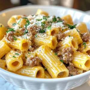 To make Creamy Italian Sausage Rigatoni, you need some key ingredients. Each one adds flavor and texture to the dish. Here’s what you will need: - 12 oz rigatoni pasta - 1 lb Italian sausage (choose between mild or spicy based on your flavor preference) - 1 tablespoon olive oil - 1 small onion, finely chopped - 3 cloves garlic, minced - 1 cup heavy cream - 1 cup chicken broth - 1 cup grated Parmesan cheese - 1 teaspoon dried Italian herbs (such as oregano, basil, or a blend) - Salt and pepper, to taste - Fresh parsley, chopped (for garnish) These ingredients work together to create a creamy and rich sauce that coats the pasta perfectly. The Italian sausage gives the dish a hearty base, while the cream and cheese add a luxurious touch. You can adjust the seasoning to match your taste. Enjoy the cooking process! {{ingredient_image_2}} Start by filling a large pot with water. Add a good amount of salt. Bring it to a rolling boil. Once boiling, cook the rigatoni as the package says until it is al dente. This step usually takes about 10-12 minutes. Before you drain, save about ½ cup of pasta water. This water helps adjust the sauce later. After cooking, drain the rigatoni and set it aside. Next, grab your Italian sausage. If you want, you can choose mild or spicy. Remove the casing and crumble the sausage into a skillet. Heat one tablespoon of olive oil over medium heat. Cook the sausage for about 5-7 minutes. Stir often until it is brown and cooked through. Now, add a small onion, finely chopped, to the sausage. Sauté it for 3-4 minutes. Wait until the onion turns translucent. Then, add 3 cloves of minced garlic. Cook for another minute. You want the garlic to smell great but not burn. Pour in 1 cup of chicken broth. Bring it to a gentle simmer. Lower the heat and stir in 1 cup of heavy cream. Mix well. Let the sauce simmer for 2-3 minutes. This helps thicken the sauce a bit. Gently fold the rigatoni into the sauce. Add 1 cup of grated Parmesan cheese. If the sauce is too thick, add some reserved pasta water. Do this a little at a time. Keep adjusting until you get the right consistency. Finally, season with dried Italian herbs, salt, and pepper to taste. Remove the skillet from heat. Transfer the creamy rigatoni to deep serving plates. For garnish, sprinkle freshly chopped parsley on top. You can also add more Parmesan cheese. Serve it hot for the best taste. To get that rich, creamy texture, use heavy cream. It adds depth and smoothness. Keep the heat at medium to avoid boiling the sauce. Boiling can ruin the creamy finish. Use the reserved pasta water wisely. This starchy water helps blend the sauce and pasta. It also thins the sauce without losing flavor. You can boost flavor with spices. Try adding red pepper flakes for heat. A pinch of nutmeg can add warmth. If you want a different cheese, go for Pecorino Romano. It offers a sharp taste that pairs well with the dish. Crumble the sausage well before cooking. This ensures even cooking and better texture. Use a wooden spoon to break it apart. When sautéing, let the sausage brown properly. This step adds a nice flavor to the dish. Stir often, but don’t rush it; let it brown for about 5-7 minutes. Pro Tips Choose Your Sausage Wisely: Selecting a high-quality Italian sausage can significantly enhance the flavor of your dish. Consider trying locally made sausages for a unique taste. Don’t Skip the Pasta Water: Reserving pasta cooking water adds starch and helps the sauce cling to the rigatoni better, resulting in a creamier texture. Add Fresh Herbs: For an extra burst of flavor, consider adding fresh basil or parsley just before serving to brighten up the dish. Experiment with Cheese: While Parmesan is traditional, try incorporating other cheeses like mozzarella or fontina for a different flavor profile in your creamy sauce. {{image_4}} You can switch the Italian sausage with chicken or turkey. Both options offer great flavor. They make the dish lighter while keeping it tasty. For gluten-free pasta, use rice or corn-based rigatoni. These alternatives work well without losing the dish's charm. Adding veggies boosts nutrition and flavor. Spinach, mushrooms, or bell peppers fit nicely into the sauce. You can sauté them with the onions and garlic for extra taste. Think about using seasonal vegetables, too. Fresh zucchini or asparagus can elevate your dish. If you love heat, you can spice up your rigatoni. Add red pepper flakes while cooking the sausage for a kick. You can also stir in diced jalapeños or a splash of hot sauce. These additions make your meal exciting and full of flavor. To keep your Creamy Italian Sausage Rigatoni fresh, store it in an airtight container. Place it in the fridge within two hours of cooking. This dish lasts about 3 to 4 days. Make sure it cools down before sealing. When reheating, use the stove for the best results. Add a splash of milk or cream to keep it creamy. Stir often to avoid burning. If using a microwave, heat in short bursts. Stir in between to ensure even heating. You can freeze this rigatoni for up to 3 months. Use a freezer-safe container or bag. Let it cool completely before freezing. When ready to eat, thaw it overnight in the fridge. Reheat gently on the stove, adding a bit of cream to restore the texture. You can serve this dish with a fresh salad or warm bread. A simple green salad adds a nice crunch. Try a Caesar or mixed greens salad with a light dressing. Garlic bread pairs well too. It’s great for soaking up any leftover sauce. Yes, you can prep this dish in advance. Cook the rigatoni and sausage ahead of time. Store them separately in the fridge. When you’re ready to eat, combine them and heat with the sauce. This keeps everything fresh. It’s best to eat within two days. To reduce creaminess, cut back on heavy cream. You can use half a cup instead of a full cup. Mix in more chicken broth to keep the flavor. You can also add more Parmesan cheese for a cheesy taste without too much cream. Yes, turkey sausage works well. It has a lighter flavor compared to pork sausage. The dish will be a bit less rich but still tasty. You might want to add extra herbs for more flavor. Turkey sausage also makes it a healthier option. This blog post covered how to make creamy Italian sausage rigatoni. We explored ingredients, cooking steps, and helpful tips. You learned how to achieve a rich texture and enhance flavors. Whether you stick to classic recipes or try variations, this dish is versatile. Remember, you can personalize it with veggies or different meats. Store leftovers safely for later enjoyment. I hope you feel ready to cook this hearty meal and impress everyone at the table. Enjoy your cooking adventure!