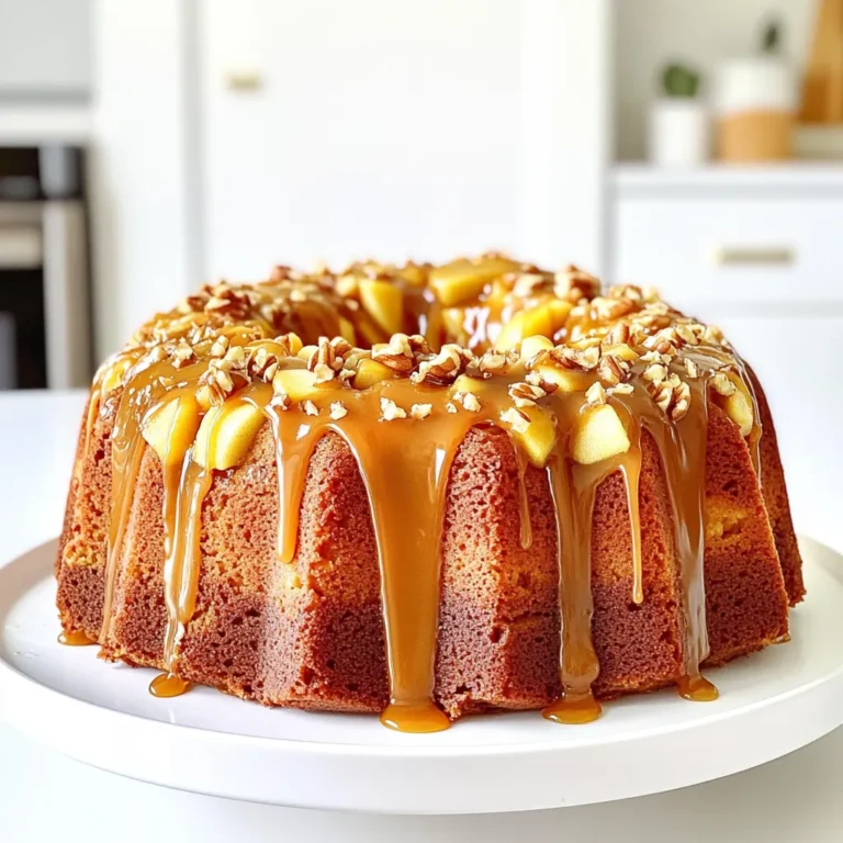 To make a delicious Caramel Apple Pound Cake, you need simple ingredients that work together beautifully. Here’s what you will need: - 1 cup unsalted butter, softened to room temperature - 2 cups granulated sugar - 4 large eggs, at room temperature - 3 cups all-purpose flour, sifted - 1/2 teaspoon baking powder - 1/2 teaspoon baking soda - 1 teaspoon ground cinnamon - 1/2 teaspoon fine sea salt - 1 cup sour cream, at room temperature - 2 cups peeled and diced apples (preferably Granny Smith or Honeycrisp) - 1/2 cup caramel sauce (either store-bought or homemade) - Optional: 1/2 cup chopped pecans or walnuts for topping These ingredients create a rich, moist cake with a sweet apple flavor. The butter adds creaminess, while the sugar provides sweetness. Eggs bind everything together, giving the cake structure. Flour gives it body, while baking powder and baking soda help it rise. Ground cinnamon adds warmth, and sour cream keeps it moist and tangy. The fresh apples add a juicy bite, and the caramel sauce brings it all together with sweetness. Feel free to add nuts on top for crunch. Enjoy this mix of flavors and textures in every bite! 1. Start by preheating your oven to 350°F (175°C). This step is key to baking the cake evenly. 2. Next, take a 10-inch bundt pan. Generously grease and flour it. This helps the cake slide out easily later. 1. In a large bowl, cream together 1 cup of softened butter and 2 cups of granulated sugar. Use an electric mixer on medium speed. Beat until the mix is light and fluffy, about 4-5 minutes. 2. Add 4 large eggs one at a time. Beat well after each egg to mix them in fully. 1. In another bowl, sift together 3 cups of all-purpose flour, 1/2 teaspoon of baking powder, 1/2 teaspoon of baking soda, 1 teaspoon of ground cinnamon, and 1/2 teaspoon of fine sea salt. 2. Gradually add this dry mix to the butter and sugar mix. Alternate with 1 cup of sour cream. Start and end with the flour mix. Mix just until combined to avoid overmixing. 1. Carefully fold in 2 cups of peeled and diced apples. Use Granny Smith or Honeycrisp for the best flavor. 2. Mix in 1/2 cup of caramel sauce and, if you want, 1/2 cup of chopped pecans or walnuts for some crunch. 1. Pour the batter into the prepared bundt pan. Smooth the top with a spatula for an even bake. 2. Place the pan in the oven. Bake for 55-60 minutes. Use a toothpick to test; it should come out clean when the cake is done. 1. Once baked, let the cake cool in the pan for about 15 minutes. This helps it set. 2. Carefully invert the cake onto a wire rack to cool completely. 3. After cooling, drizzle the remaining caramel sauce over the top for a sweet glaze. To make your cake fluffy, start with room temperature ingredients. Use softened butter and eggs. Creaming them well adds air. Beat the butter and sugar until light and fluffy. This step takes about five minutes. Avoid overmixing when combining wet and dry ingredients. Mix just until you see no dry flour. This keeps the cake tender. When you add diced apples, fold them in gently. You want them evenly spread without breaking apart. This cake shines with simple toppings. Serve each slice with a dollop of whipped cream. The cream adds a nice contrast to the sweet cake. You can also pair it with a scoop of vanilla ice cream. The cold ice cream complements the warm cake perfectly. Presentation matters! Serve slices on elegant dessert plates. Drizzle extra caramel sauce over each piece. This adds a beautiful shine and sweetness. For extra crunch, sprinkle toasted nuts on top. You can also add a sprig of mint for color. Simple touches make your cake look gourmet. {{image_4}} To make your Caramel Apple Pound Cake even better, try adding spices. A pinch of nutmeg or ginger can bring warmth and depth. These spices pair well with the sweet apples and rich caramel. You can also switch up your apple choice. Granny Smith adds a tart bite, while Honeycrisp offers a sweet crunch. Each type of apple gives the cake a unique flavor. You can make this cake a bit lighter. Substituting low-fat sour cream for regular sour cream cuts some calories. If you want a gluten-free option, use gluten-free flour. This way, more people can enjoy your cake without worry. Both changes keep the cake tasty and moist. Making mini versions of this cake is fun and cute. You can use mini bundt pans or cupcake tins. Just adjust the baking time to about 20-25 minutes for cupcakes. These little treats are perfect for parties or gifts. Plus, they look great on any dessert table. Store your Caramel Apple Pound Cake at room temperature for up to three days. Wrap it in plastic wrap or foil to keep it fresh. If you live in a warm area, it’s better to store it in the fridge. This will help it last longer, up to a week. Just remember, refrigeration can make the cake a bit denser. To freeze slices of the cake, first let it cool completely. Wrap each slice tightly in plastic wrap. Then, place the wrapped slices in a freezer bag. Label the bag with the date for easy tracking. You can freeze the cake for up to three months. When you’re ready to eat, just take out a slice and let it thaw at room temperature. To reheat your Caramel Apple Pound Cake, preheat your oven to 350°F. Place the slice on a baking sheet. Cover it with foil to keep it from drying out. Heat for about 10 to 15 minutes. If you want it warm, but not too hot, check it often. Enjoy your warm slice with a drizzle of caramel sauce! For this cake, I recommend using Granny Smith or Honeycrisp apples. Granny Smith apples add a nice tartness that balances the sweetness of the cake. Honeycrisp apples are sweet and juicy, giving a lovely texture. Both varieties retain their shape well when baked, making them ideal for this recipe. Yes, you can make this cake ahead of time. Once baked and cooled, store it in an airtight container at room temperature. It will stay fresh for about three days. If you want to keep it longer, you can refrigerate it for up to a week. Just remember to bring it to room temperature before serving. To check if the cake is done, use the toothpick test. Insert a toothpick into the center of the cake. If it comes out clean or with a few crumbs, the cake is ready. If the toothpick has wet batter on it, bake the cake for a few more minutes and test again. Yes, you can substitute the caramel sauce if needed. You can use chocolate sauce or a fruit syrup for a different flavor. If you want a healthier option, consider using a homemade date syrup. Just ensure whatever you choose pairs well with the apples and cake. This blog post covered how to make a delicious Caramel Apple Pound Cake. We discussed key ingredients and step-by-step instructions to guide your baking. I also shared tips for achieving the perfect texture and creative variations to try. Remember, the key is in the mixing and folding. Don’t forget to enjoy it fresh or share with loved ones. Happy baking!