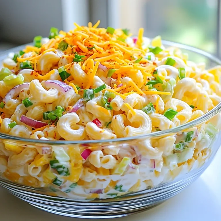 - 3 cups elbow macaroni - 1/2 cup mayonnaise - 1/2 cup sour cream - 1 tablespoon Dijon mustard - 1/2 cup red bell pepper, finely chopped - 1/2 cup green bell pepper, finely chopped - 1/2 cup red onion, finely chopped - 1/2 cup celery, diced - 1/4 cup dill pickles, diced - 1/2 cup shredded cheddar cheese - 1/4 cup green onions, sliced - 1 teaspoon garlic powder - 1 teaspoon smoked paprika - Salt and pepper to taste In this recipe, I focus on a mix of fresh veggies and rich flavors. The elbow macaroni serves as the base. It adds comfort and heartiness. For the dressing, I use a blend of mayonnaise, sour cream, and Dijon mustard. This mix gives a creamy and tangy base. Apple cider vinegar adds a nice kick. Next, the vegetables bring crunch and color. Red and green bell peppers add sweetness. Red onion offers a sharp bite, while diced celery gives a crisp texture. Dill pickles add a tangy surprise, making each bite fun. To boost flavor, I add shredded cheddar cheese for richness. Green onions add freshness. Garlic powder and smoked paprika deepen the taste. Make sure to season with salt and pepper to bring it all together. Collect these ingredients before you start. This way, you can easily mix and match flavors. Enjoy the process, and get ready to make a delightful dish! {{ingredient_image_2}} Start by boiling a large pot of salted water. When it bubbles, add 3 cups of elbow macaroni. Cook it until it's al dente, which means it should still have a little bite. Stir it often so it doesn’t stick. After it's done, drain the macaroni and rinse it under cold water. This helps cool it down and stops the cooking. In a big mixing bowl, combine 1/2 cup of mayonnaise, 1/2 cup of sour cream, 1 tablespoon of Dijon mustard, and 1 tablespoon of apple cider vinegar. Use a whisk to blend everything until it is smooth and creamy. This dressing will give your salad a rich flavor. Now, it’s time to fold in the veggies. Take your finely chopped red and green bell peppers, red onion, celery, and diced dill pickles. Gently stir them into the dressing until all the veggies are coated. Next, add the cooled macaroni to this mix. Stir carefully to coat the macaroni with the dressing and veggies. Don’t forget the flavor boosters! Gently fold in 1/2 cup of shredded cheddar cheese, 1/4 cup of sliced green onions, 1 teaspoon of garlic powder, and 1 teaspoon of smoked paprika. Mix it well, but be gentle so you don’t break the macaroni. Finally, taste your salad and season it with salt and pepper to your liking. Adjust the flavors as needed. Cover the bowl and chill it in the fridge for at least 1 hour. This resting time helps all the flavors blend perfectly. Before serving, give the salad a good stir to mix any ingredients that may have settled. Enjoy your tasty Guy Fieri macaroni salad! To get the best al dente macaroni, start with a large pot. Fill it with water and add a generous pinch of salt. Bring the water to a rapid boil. Add 3 cups of elbow macaroni. Stir the pasta often to prevent it from sticking. Cook according to package directions, usually around 7 to 8 minutes. Test the pasta a minute early. It should be firm but not hard. Once done, drain and rinse the macaroni under cold water. This stops the cooking and cools it down. Want to give your macaroni salad a unique twist? Try using Greek yogurt instead of sour cream for a tangy kick. You can also swap out mayonnaise for avocado for a creamy texture. Consider adding cooked bacon bits for a savory crunch. For spice lovers, mix in jalapeños or a dash of hot sauce. For seasonings, don’t forget to play with garlic powder and smoked paprika. Add fresh herbs like dill or parsley for brightness. A squeeze of lemon juice can also lift the flavors. A beautiful display makes any dish more appetizing. Serve your macaroni salad in a large glass bowl. This lets the colorful veggies shine. For an added flair, sprinkle smoked paprika on top. Finish with a few slices of green onions for a fresh look. You can also use lettuce leaves as a bed for the salad. This adds texture and makes serving easier. Pro Tips Perfectly Cooked Pasta: To achieve the best texture, cook the macaroni al dente according to package instructions. This will ensure the pasta holds up well in the salad and doesn’t become mushy after mixing. Flavorful Dressing: For a more intense flavor, let the dressing sit for about 30 minutes before combining it with the pasta and vegetables. This allows the flavors to develop and meld together beautifully. Vegetable Variations: Feel free to customize the salad by adding other vegetables such as shredded carrots or peas for added color and nutrition. Just make sure to chop them finely for even distribution. Chill Time: Allowing the macaroni salad to chill for at least one hour before serving is key. This not only enhances the flavors but also improves the overall texture of the salad. {{image_4}} You can change some ingredients to make this salad your own. If you want a lighter option, try Greek yogurt instead of mayonnaise or sour cream. You can also use avocado for a creamy texture without dairy. Want to add protein? Toss in cooked chicken or canned tuna. These swaps make your salad filling and fun! Let’s spice things up! Add chopped jalapeños or a few dashes of hot sauce for heat. You can also mix in sweet fruits like pineapple or apples. These fruity additions give a nice contrast to the creamy dressing. Experimenting with flavors keeps every bite interesting. If you need a gluten-free option, use gluten-free elbow macaroni. Many brands offer tasty choices that cook just like regular pasta. For a plant-based dish, swap the mayo and sour cream for vegan versions. This way, you keep the creaminess without any animal products. Everyone can enjoy this salad! To store macaroni salad, place it in an airtight container. This keeps it fresh and prevents odors from other foods. Make sure the salad is cool before sealing it. Store it in the fridge for best results. Guy Fieri's macaroni salad stays fresh for about 3 to 5 days in the fridge. Always check for any off smells or changes in texture before eating. If it looks or smells funny, it’s best to toss it. Freezing macaroni salad is not the best choice due to its creamy texture. If you must freeze it, use a freezer-safe container. When ready to eat, thaw it in the fridge overnight. Stir it well before serving to bring back some of the creaminess. Guy Fieri adds bold flavors to classic macaroni salad. He uses a mix of mayonnaise and sour cream, which makes it creamy. The addition of Dijon mustard and apple cider vinegar gives it a tangy kick. Colorful veggies like red and green bell peppers add crunch and sweetness. Shredded cheddar cheese and smoked paprika create depth. This twist makes it stand out at any gathering. Yes, you can make this macaroni salad in advance. In fact, it tastes better after a few hours in the fridge. Making it the day before lets the flavors blend well. Just cover it tightly with plastic wrap. When ready to serve, give it a quick stir to mix everything back together. You should not leave macaroni salad out for more than two hours. After that, harmful bacteria can grow. If it is warm outside, reduce that time to one hour. Always keep it chilled for safety. Serve it cold from the fridge for the best flavor and safety. Yes, you can make it lighter. Use Greek yogurt instead of sour cream. You can also use light mayonnaise or even skip it altogether. Add more veggies for crunch. Try using fresh herbs for flavor without extra calories. These small swaps keep it tasty and lighter. Absolutely! You can customize this macaroni salad for various diets. For gluten-free, use gluten-free elbow macaroni. To make it vegan, swap the mayonnaise and sour cream for plant-based options. You can also add proteins like grilled chicken or chickpeas for more nutrition. The recipe is flexible, so feel free to experiment! This macaroni salad is simple yet full of flavor. You learned about the key ingredients and how to prepare them step-by-step. I shared tips to make it even better and various ways to adapt it for your taste. Don’t forget to store leftovers properly for the best freshness. Enjoy creating this dish in your kitchen. With a bit of creativity, you can customize it to fit any meal. Get ready to impress friends and family with your tasty creation!