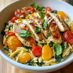 - 2 boneless, skinless chicken breasts - 1 cup orzo pasta - 2 tablespoons olive oil The main ingredients are crucial for a tasty dish. I use chicken breasts for their flavor and tenderness. Orzo pasta adds a unique texture that complements the sauce well. Olive oil helps to cook the chicken and keep it moist. - 3 cloves garlic, minced - 1 cup cherry tomatoes, halved - 1 cup fresh spinach, roughly chopped Garlic gives a strong, aromatic base to the dish. I love using cherry tomatoes for their sweet burst of flavor. Fresh spinach adds a nice color and nutrition, making the dish even better. - 1 cup heavy cream - ½ cup grated Parmesan cheese - 1 teaspoon Italian seasoning Heavy cream creates a rich and smooth sauce. I mix in grated Parmesan cheese for depth and a savory taste. Italian seasoning brings all the flavors together nicely, making each bite delicious. {{ingredient_image_2}} - Seasoning the chicken Start by seasoning the chicken breasts well. Use salt, pepper, and Italian seasoning. This adds flavor right from the start. Make sure to coat both sides. - Cooking until golden brown Heat two tablespoons of olive oil in a large skillet over medium heat. Once the oil shimmers, add the chicken. Cook it for 6-7 minutes on each side. Look for a nice golden-brown crust and an internal temperature of 165°F. Once done, remove the chicken and let it rest on a plate. - Sautéing garlic and tomatoes In the same skillet, lower the heat and add three minced garlic cloves. Sauté for about 30 seconds until you smell the garlic. Then, add one cup of halved cherry tomatoes. Cook them for 3-4 minutes. You want them soft and juicy. - Adding spinach and cream Next, toss in one cup of roughly chopped fresh spinach. Cook it for 1-2 minutes until it wilts. Now, pour in one cup of heavy cream. Stir it well and bring the mixture to a gentle simmer. This is where the magic happens! - Integrating the orzo into the sauce After the sauce simmers, add in your cooked orzo pasta. Toss everything together evenly, making sure the orzo is well coated in the creamy sauce. - Slicing and serving the chicken Slice the rested chicken into bite-sized pieces. Layer it on top of the creamy orzo mixture. Cover the skillet and let it cook for an extra 2-3 minutes. This helps all the flavors blend beautifully. Enjoy serving this delicious dish! - To ensure chicken is cooked perfectly, use a meat thermometer. Cook it until it hits 165°F. This keeps it juicy and safe to eat. - For a smooth sauce, stir the cream in slowly. Avoid letting it boil hard. This helps prevent lumps. - Garnish your dish with fresh basil leaves. This adds color and a fresh taste. - Serve the creamy orzo in bright bowls. A sprinkle of Parmesan cheese on top looks nice too. - Pair this dish with a light salad. A simple green salad with vinaigrette works well. - For drinks, try a crisp white wine, like Pinot Grigio. It complements the creamy flavors perfectly. Pro Tips Cook the Chicken Properly: Ensure the chicken is cooked to an internal temperature of 165°F for safety and juiciness. Use a meat thermometer for accuracy. Use Fresh Ingredients: Opt for fresh spinach and ripe cherry tomatoes to enhance the flavor and texture in your dish. Fresh ingredients make a significant difference! Customize the Creaminess: Adjust the amount of heavy cream and Parmesan cheese to suit your preference for creaminess. You can also substitute with half-and-half for a lighter version. Garnish for Presentation: Don’t skip the fresh basil garnish! It adds a pop of color and fresh flavor that elevates the dish presentation and taste. {{image_4}} You can easily adapt Creamy Tuscan Chicken Orzo for different diets. For a gluten-free option, use gluten-free orzo or rice. Both can give the same creamy texture. For vegetarian alternatives, replace chicken with mushrooms or tofu. Both options absorb flavors well and add a nice bite. To boost flavor, think about adding herbs and spices. Fresh basil or oregano can brighten the dish. You can also add red pepper flakes for a kick. Different cheeses can change the taste too. Try using feta or goat cheese for a tangy twist. Each cheese brings its own unique flavor. Adjusting servings is simple. Just change the amount of chicken and orzo you use. If you want to make a larger batch, double the recipe. This dish freezes well too. Store leftovers in airtight containers. They will keep in the freezer for up to three months. Just thaw and reheat when you're ready to enjoy. To keep your Creamy Tuscan Chicken Orzo fresh, use these best practices: - Let the dish cool down to room temperature. - Transfer leftovers to airtight containers. - Seal the containers tightly to prevent air from entering. This helps to keep flavors intact and avoid spoilage. Store it in the fridge for easy access. When you're ready to enjoy leftovers, follow these steps: - Use a microwave-safe bowl for quick reheating. - Heat in short bursts, stirring every minute to ensure even warming. - Alternatively, use a skillet over low heat, stirring often. Avoid reheating in high heat, as it may dry out the chicken. In the fridge, Creamy Tuscan Chicken Orzo lasts about 3-4 days. For longer storage, freezing is an option: - Place it in a freezer-safe container, leaving some space for expansion. - It can last up to 3 months in the freezer. Thaw in the fridge overnight before reheating for best results. If you don't have orzo, try these options: - Alternative pasta options: Use small pasta like ditalini, farfalle, or even rice-shaped pasta. - Other grains to consider: Quinoa or couscous work well for a different texture. Yes, you can make this dish ahead of time. - Tips for meal prepping: Cook the chicken and orzo, then mix them with the sauce. Don't add the spinach until you reheat. - Storing and reheating steps: Store in an airtight container in the fridge. Reheat on the stove over low heat, adding a splash of cream to keep it moist. This dish can be part of a balanced meal. - Nutritional facts overview: It contains protein from chicken, carbs from orzo, and vitamins from spinach and tomatoes. - Ways to make it lighter: Use low-fat cream or Greek yogurt instead of heavy cream. You can also reduce the cheese for fewer calories. This blog post covered the essential ingredients and steps for making Creamy Tuscan Chicken Orzo. You learned how to cook chicken, make a creamy sauce, and combine it with orzo. We also shared tips for perfect cooking, presentation, and variations to fit different diets. Remember, cooking should be fun and enjoyable. Experiment with flavors and personalize your dish. With these insights, you can create a delicious meal that impresses everyone. Enjoy your cooking!