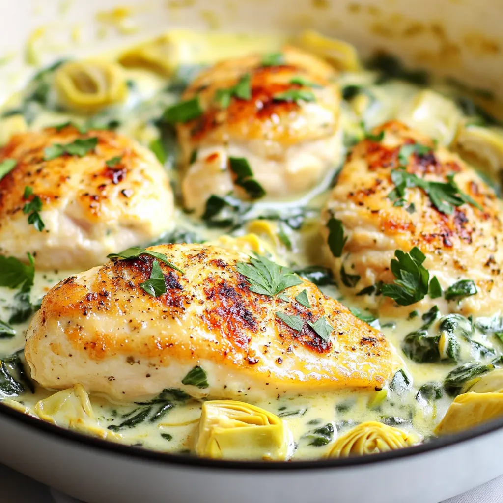 - 2 boneless, skinless chicken breasts - 1 cup fresh spinach, chopped - 1 cup canned artichoke hearts, drained and chopped - 1/2 cup cream cheese, softened - 1/2 cup Greek yogurt - 1/2 cup shredded mozzarella cheese - 1/4 cup grated Parmesan cheese You need chicken breasts for the main protein. They are tasty and filling. Spinach and artichokes add nutrition and flavor. Cream cheese and Greek yogurt make the dish creamy and rich. The cheese blend of mozzarella and Parmesan gives it a perfect finish. - 1 tablespoon olive oil - 2 cloves garlic, minced - 1/2 teaspoon dried oregano - Salt and freshly ground black pepper, to taste Olive oil is your base for cooking. It helps brown the chicken. Garlic adds a nice aroma and flavor. Oregano gives a bit of earthiness. Salt and pepper enhance all the tastes, so don't skip them! - Fresh parsley, chopped, for garnish Fresh parsley brightens the dish. It adds color and a hint of freshness. Just sprinkle it on top before serving for a lovely touch. {{ingredient_image_2}} - Seasoning chicken breasts First, I season the chicken breasts. I use salt, pepper, and dried oregano. This adds great flavor. Season both sides well. - Cooking chicken in the skillet I heat olive oil in a large skillet on medium heat. Once it's hot, I add the chicken. I cook it for about 6-7 minutes on each side. The chicken should be golden-brown and fully cooked. - Sautéing garlic After the chicken cooks, I remove it from the skillet. In the same skillet, I add minced garlic. I sauté it for about 1 minute until it’s fragrant and lightly golden. - Combining cream cheese and Greek yogurt Next, I lower the heat to medium-low. I add softened cream cheese and Greek yogurt to the skillet. I stir them together until they melt and form a smooth sauce. - Adding spinach and artichokes After the creamy base is ready, I add chopped spinach and artichoke hearts. I stir until the spinach wilts and mixes in well. - Mixing in cheeses and returning chicken Finally, I sprinkle shredded mozzarella and Parmesan cheese into the skillet. I mix well until melted. I then return the chicken to the skillet, spooning the sauce over it. I let it simmer for 2-3 minutes to warm the chicken through. - Ensuring juicy chicken: Start with fresh, high-quality chicken breasts. Season them well before cooking. Cook on medium heat. This helps prevent overcooking. Always aim for a golden crust. - Perfecting the creamy sauce: Use room temperature cream cheese for easy mixing. Stir constantly as you add the Greek yogurt. This keeps the sauce smooth and creamy. If it thickens too much, add a splash of chicken broth. - Alternatives for cream cheese and Greek yogurt: Try using sour cream instead of Greek yogurt. For a lighter option, use ricotta cheese in place of cream cheese. - Possible vegetable swaps: You can use kale instead of spinach. If you want a different flavor, try sun-dried tomatoes instead of artichokes. - Side dishes to complement the skillet: Serve with a fresh salad or crusty bread. Roasted vegetables are a great choice too. They add color and crunch. - Presentation ideas: For a rustic look, serve directly from the skillet. If plating, spoon the creamy sauce generously over the chicken. Add a sprinkle of parsley for color. Pro Tips Use Fresh Ingredients: For the best flavor and texture, opt for fresh spinach and high-quality artichokes instead of canned when possible. Perfectly Cooked Chicken: Use a meat thermometer to ensure your chicken reaches an internal temperature of 165°F for optimal juiciness and safety. Add a Zesty Twist: For a kick, consider adding a squeeze of lemon juice or a dash of red pepper flakes to the creamy sauce. Customize Your Cheeses: Feel free to mix in other cheeses like feta or gouda for a unique flavor profile that complements the dish. {{image_4}} For those watching carbs, you can make a low-carb version. Use cauliflower rice instead of pasta. This keeps the dish light but still delicious. If you follow a keto diet, swap the cream cheese for a higher-fat alternative. This will keep your macros in check while enjoying this tasty meal. If you want a vegetarian option, skip the chicken. Use mushrooms or chickpeas as the main protein. They soak up the creamy sauce well. You can also add more veggies like bell peppers or zucchini for extra flavor and nutrition. To boost the flavor, add spices like paprika or cayenne. These give a nice kick to the creamy sauce. Fresh herbs like basil or thyme can brighten the dish too. Just chop them finely and mix them in for a fresh taste. Cheese lovers can have fun with this recipe. Try adding gouda or cheddar for a different cheese blend. Each cheese brings its unique flavor, making your dish extra special. Mixing cheeses can turn a good meal into a great one. You can also bake this dish in the oven. After making the sauce, pour it over the chicken in a baking dish. Bake at 375°F for about 20-25 minutes. This method keeps everything nice and juicy. If you prefer using a slow cooker, you can adapt the recipe easily. Cook the chicken and sauce in the slow cooker on low for 4-6 hours. This makes the chicken tender and full of flavor. Just be sure to add the cheese towards the end to keep it creamy. To store leftovers, let the skillet cool first. Place the chicken in an airtight container. This keeps the chicken fresh for up to three days. You can layer the creamy sauce on top to keep it moist. For best results, cover it tightly. Use glass or plastic containers that seal well. The best methods for reheating skillet chicken are the stovetop or microwave. If using the stovetop, heat it on low. Add a splash of water or broth to prevent drying out. Stir occasionally to heat evenly. For the microwave, cover the dish with a paper towel. Heat in short bursts to keep moisture. Freezing the dish is a great option for meal prep. Allow it to cool completely before freezing. Use freezer-safe containers and leave some space for expansion. This meal can last up to three months in the freezer. To thaw, place it in the fridge overnight. When ready to cook from frozen, use a low heat on the stove. Cover it to help it heat through evenly. Stir often to avoid any dry spots. You can pair creamy spinach artichoke chicken with many tasty sides. Here are some great suggestions: - Crusty bread: Perfect for soaking up the creamy sauce. - Fresh salad: A light green salad adds crunch and freshness. - Roasted vegetables: Carrots, zucchini, or bell peppers work well. - Rice or quinoa: These grains soak up flavors and add heartiness. - Pasta: Serve over your favorite pasta for a filling meal. Yes, you can make this dish ahead of time. Here are some meal prep tips: - Cook the chicken: You can cook the chicken a day in advance. - Prepare the sauce: Make the sauce ahead and store it in the fridge. - Combine before serving: When ready to eat, warm the chicken and sauce together. - Store leftovers: Keep any leftovers in an airtight container for up to three days. To check if the chicken is fully cooked, follow these tips: - Use a meat thermometer: The internal temperature should reach 165°F (75°C). - Cut into the chicken: The meat should be white, not pink. - Juices should run clear: When you cut into the chicken, the juices should not be red or pink. - Check the texture: The chicken should feel firm and not rubbery. This blog post covers a tasty chicken dish with creamy spinach and artichokes. You learned about each ingredient and how to prepare it. We discussed cooking techniques and tips for a juicy meal. There are also ideas for storage, freezing, and serving. Remember, you can adapt this recipe to fit your diet or taste. I hope you feel ready to enjoy this delicious dish tonight!
