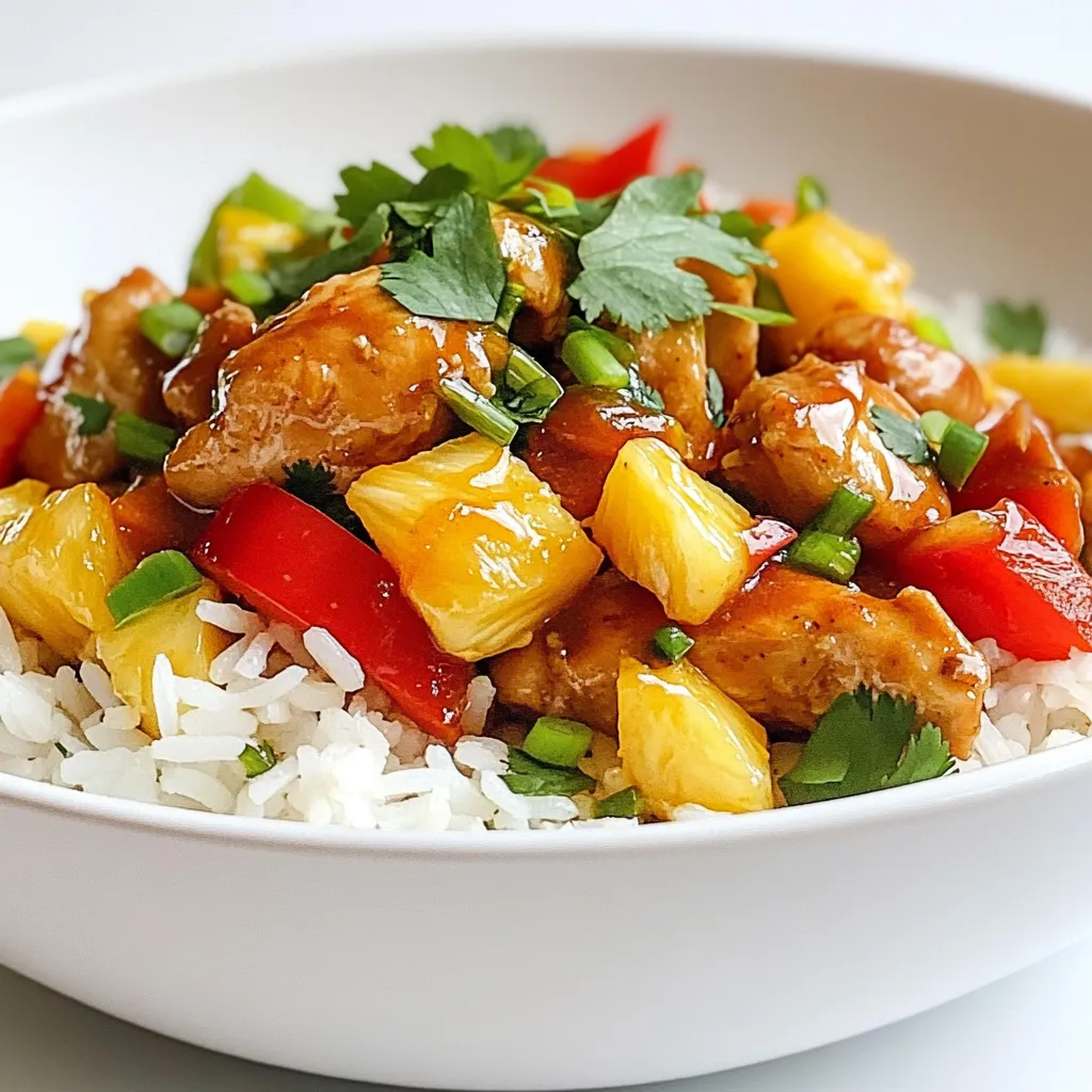 - 2 cups cooked jasmine rice - 1 lb chicken breast, diced into 1-inch pieces - 1 can (20 oz) pineapple chunks in juice, drained (reserve the juice) - 1 red bell pepper, diced - 1 green bell pepper, diced - 1 medium onion, chopped - 3 cloves garlic, minced - 2 tablespoons soy sauce - 1 tablespoon fresh ginger, grated - 1 tablespoon olive oil - 1 tablespoon honey - 1 teaspoon sesame oil - Salt and pepper to taste - Fresh cilantro or sliced green onions for garnish You can add more flavor and fun to your dish. Try these options: - 1 cup snap peas for crunch - 1 tablespoon chili paste for heat - Cashews for a nutty touch - Lime juice for a zesty flavor - Red pepper flakes for spice Having the right tools makes cooking easier. Here’s what you need: - Large skillet or wok - Cooking spoon for stirring - Knife for chopping - Cutting board for prep - Measuring spoons for accuracy - Serving dish for a beautiful presentation {{ingredient_image_2}} Start with 1 pound of chicken breast. Dice it into 1-inch pieces. This size helps the chicken cook evenly. Season the chicken with salt and pepper for flavor. Heat 1 tablespoon of olive oil in a large skillet over medium-high heat. Once the oil shimmers, add the chicken. Cook it for about 5-7 minutes until it turns brown and is fully cooked. After cooking, remove the chicken and set it aside on a plate. Next, use the same skillet to cook the vegetables. Add 1 chopped medium onion, 1 diced red bell pepper, and 1 diced green bell pepper. Sauté these for about 3-4 minutes. Stir frequently until they become tender and fragrant. Now, add 3 minced garlic cloves, and let them cook for an additional 1 minute. This step adds great flavor to your dish. After the vegetables are ready, it’s time to meld the flavors. Fold in 1 tablespoon of grated ginger and 1 tablespoon of honey. Continue cooking for another 1-2 minutes. Then, return the cooked chicken to the skillet. Add the reserved pineapple chunks from a 20-ounce can. In a small bowl, mix the reserved pineapple juice, 2 tablespoons of soy sauce, and 1 teaspoon of sesame oil. Drizzle this mixture over the chicken and vegetables. Stir everything well to combine. Let it simmer for 3-5 minutes to blend the flavors. Now, gently add 2 cups of cooked jasmine rice to the skillet. Fold the rice into the chicken and vegetable mix. Cook for an extra 2 minutes to heat everything through. Taste your dish and adjust the salt and pepper as needed. For a beautiful presentation, serve it in a large dish or bowls. Garnish with fresh cilantro or green onion slices. You can even add a few extra pineapple chunks for a tropical look. Enjoy your Pineapple Paradise Chicken & Rice! For this dish, chicken breast works best. It cooks evenly and stays tender. Look for pieces that are plump and pink. Avoid any chicken with dark spots or a strong smell. Fresh chicken gives the best flavor. If using frozen chicken, thaw it overnight in the fridge. Start with jasmine rice for a lovely fragrance. Rinse the rice under cold water to remove excess starch. This step keeps the rice from becoming sticky. Use a 1:1.5 rice-to-water ratio for perfect results. Bring water to a boil, then reduce heat and cover. Let it simmer for about 15 minutes. Always let the rice rest off the heat for five minutes. This step allows it to firm up and become fluffy. Want to add more flavor? Consider using ground ginger or garlic powder. A pinch of red pepper flakes adds heat without overpowering. You can also sprinkle some toasted sesame seeds for crunch. Fresh herbs like basil or mint can brighten the dish. Experiment with different spices to find your favorite mix! Pro Tips Marinate for Extra Flavor: Allow the diced chicken to marinate in the soy sauce, ginger, and sesame oil for at least 30 minutes before cooking. This will enhance the flavor and tenderness of the chicken. Fresh Pineapple vs. Canned: If possible, use fresh pineapple instead of canned for a sweeter, more vibrant flavor. Fresh pineapple will also add a touch of juiciness to the dish. Customize Your Veggies: Feel free to add or substitute other vegetables such as snap peas, carrots, or broccoli to this dish to suit your taste or to use up what you have on hand. Perfect Rice Texture: For the best texture, rinse the jasmine rice under cold water before cooking to remove excess starch. This will result in fluffy, separate grains. {{image_4}} You can make a tasty vegetarian version of this dish. Swap the chicken for tofu or tempeh. Use firm tofu so it holds its shape when cooked. Dice it into bite-sized pieces. Sauté the tofu until it’s golden brown. The flavor will still shine through with all the great veggies and pineapple. You can also add cashews for a crunchy twist. They add nice texture and flavor. Want to mix things up? Try adding other fruits for a tropical twist. Mango and papaya work great with pineapple. Dice these fruits and add them just like you did with the pineapple. Use them fresh or in juice form. They will add sweetness and a unique flavor to your dish. You can even try adding sliced bananas. Just remember to add them towards the end to keep them intact. If you need a gluten-free meal, it's easy to adapt this recipe. Make sure to use gluten-free soy sauce. This simple swap keeps the savory taste without any gluten. You can also use coconut aminos as an alternative. They are a great choice for a sweet and salty flavor. Check all other ingredients for hidden gluten. Enjoy a delicious, gluten-free version of Pineapple Chicken and Rice! To store leftover pineapple chicken and rice, let it cool first. Place it in an airtight container. This keeps the dish fresh for up to three days in the fridge. Make sure to remove as much air as possible. This helps prevent drying out. Reheat your pineapple chicken and rice on the stove for best results. Add a splash of water or pineapple juice to keep it moist. Heat over medium heat, stirring often until hot. You can also use a microwave. Cover the dish with a lid or a damp paper towel. Heat in short bursts, stirring between each. Check to make sure it is heated through. You can freeze pineapple chicken and rice for up to three months. Use freezer-safe containers. Make sure to cool the dish completely before packing it. Label the containers with the date. To reheat, thaw in the fridge overnight. Then, reheat on the stove or microwave as mentioned above. Enjoy your meal anytime! Yes, you can use brown rice. Brown rice has a nuttier taste. It adds more fiber too. Keep in mind, brown rice takes longer to cook. Adjust the cooking time to ensure it’s tender. You can use maple syrup or agave syrup. Both provide sweetness like honey. They work well in this dish. You can also try brown sugar, but use less. Start with one tablespoon and taste. This dish is not spicy. The flavors come from sweet pineapple and ginger. If you like heat, add some red pepper flakes. A small pinch can enhance the taste without overpowering it. Yes, you can prepare it in advance. Cook the chicken and veggies, then store them. Keep the rice separate. Mix it all together when you’re ready to serve. This helps keep the rice from getting mushy. Serve this dish with a simple green salad. A light cucumber salad pairs well too. You can also enjoy it with steamed broccoli or snap peas. These sides add freshness and crunch. This blog post covered how to make delicious pineapple chicken and rice. You learned about the key ingredients, step-by-step cooking, and helpful tips. I showed you fun variations to try. You also gained insights on storing and reheating leftovers for later meals. Use this guide to make tasty dishes that friends and family will love. Enjoy cooking and have fun with these flavors!
