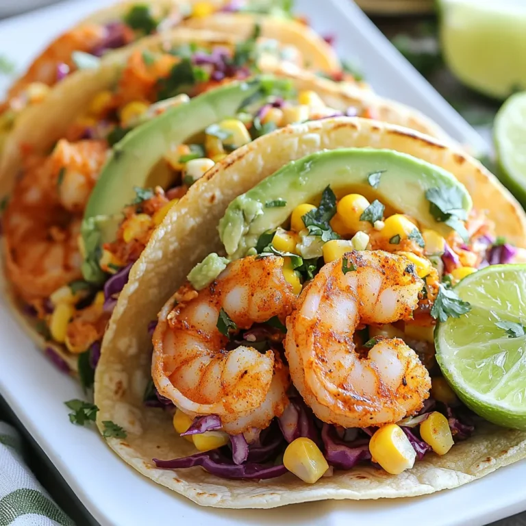 - Shrimp - Cajun seasoning - Olive oil - Red cabbage - Avocado - Corn kernels - Lime - Cilantro - Tortillas - Salt and pepper - Optional toppings To make these Cajun shrimp tacos, you need fresh ingredients. Start with one pound of large shrimp. Make sure they are peeled and deveined. You will also need two tablespoons of Cajun seasoning. This spice mix gives the shrimp a bold flavor. Use two tablespoons of olive oil to help cook the shrimp. Next, grab one cup of finely shredded red cabbage. This will add crunch to your tacos. You’ll want one ripe avocado, sliced for creaminess. For sweetness, add half a cup of corn kernels. You can use fresh, frozen, or canned corn. Don’t forget the lime! You need one lime, juiced, plus extra wedges for serving. Fresh cilantro adds a nice touch, so have half a cup chopped. You’ll also need eight small tortillas. Choose corn or flour based on your preference. Finally, season with salt and pepper to taste, and feel free to add optional toppings like hot sauce for some heat. Having these ingredients ready will set you up for taco success! {{ingredient_image_2}} To start, you need to coat the shrimp with Cajun seasoning. In a bowl, mix the shrimp with 2 tablespoons of Cajun seasoning and 2 tablespoons of olive oil. Toss them well. You want each shrimp to be covered in the spices. This adds great flavor. Now, let’s cook the shrimp. Preheat a large skillet on medium-high heat. When the skillet is hot, add the shrimp in a single layer. Cook them for 2-3 minutes on each side. The shrimp should turn pink and opaque. They are done when they look shiny. Remove the skillet from heat. While the shrimp cook, prepare the slaw. In a separate bowl, mix 1 cup of finely shredded red cabbage, ½ cup of corn kernels, the juice of 1 lime, and ½ cup of chopped cilantro. Add a pinch of salt and pepper for taste. Toss everything together until it is mixed well. This slaw adds crunch and freshness to your tacos. Next, warm the tortillas. You can use two methods. For the skillet method, place the tortillas in a dry skillet over medium heat. Heat them for about 30 seconds on each side. If you prefer the microwave, wrap them in a damp paper towel. Heat them for about 20 seconds until soft. Warm tortillas make the tacos tastier. Now it’s time to assemble your tacos. Take a tortilla and lay on a few shrimp. Next, add a generous scoop of the slaw on top. For creaminess, add a few slices of ripe avocado. Drizzle some lime juice over everything. If you like spice, add your favorite hot sauce. For presentation, serve the tacos on a nice platter. Use parchment paper to line it. Garnish with lime wedges and a sprinkle of extra cilantro for a fresh look. Enjoy your Cajun shrimp tacos! You can change the heat of your tacos easily. Start with two tablespoons of Cajun seasoning. If you like it spicy, add more. Taste your shrimp mix before cooking. This way, you find the flavor you love. Remember, you can always add hot sauce later. Cooking shrimp just right is key. Cook them for 2-3 minutes on each side. They should turn pink and opaque. Overcooked shrimp become rubbery. Keep an eye on them. If they curl tightly, they are done. It’s better to check early than to overcook. Pair your tacos with fresh sides. A simple salad or rice works great. You can also serve black beans or chips. For drinks, try a light beer or a zesty lemonade. For garnishing, use lime wedges and extra cilantro. This adds color and freshness to your plate. You can even sprinkle some extra Cajun seasoning on top for flair. Pro Tips Adjust Spice Level: If you prefer milder tacos, reduce the amount of Cajun seasoning or choose a blend with less heat. Fresh Ingredients: Always use fresh shrimp for the best flavor and texture. If using frozen shrimp, ensure they are fully thawed before cooking. Perfectly Warm Tortillas: For an even better tortilla experience, wrap them in a clean kitchen towel after warming to keep them soft and warm until serving. Customize Your Toppings: Feel free to add other toppings like diced tomatoes, shredded cheese, or jalapeños to suit your taste! {{image_4}} You can switch up the protein in your tacos. If you're not a shrimp fan, try chicken, fish, or even tofu. Each option gives a different taste and feel to the meal. - Chicken: Grill or sauté chicken breast with Cajun spices. Shred it for a tasty filling. - Fish: Use firm fish like tilapia or cod. Cook it with Cajun seasoning for flavor. - Tofu: For a plant-based option, marinate and fry tofu. It soaks up the spices well. The cabbage slaw is key to these tacos, but you can add more variety. Think about mixing in extra veggies or fruits. - Vegetables: Shredded carrots or bell peppers add color and crunch. - Fruits: Try diced mango or pineapple for a sweet twist. These can balance the spice nicely. Tortillas are the base of your tacos. You can choose between flour or corn tortillas, and each has its own charm. - Corn Tortillas: These have a nice flavor and work well with Cajun spices. - Flour Tortillas: They are soft and can hold more filling, making them a great choice for bigger tacos. Experiment with these options to find your favorite mix! After you enjoy your tacos, store leftovers in the fridge. Place them in an airtight container. Keep them in the fridge for up to three days. If you have shrimp and slaw separate, they will stay fresh longer. To reheat shrimp, use a skillet over medium heat. Add a splash of olive oil to keep them moist. Heat the shrimp for about two minutes. Stir gently to avoid overcooking. You can also use the microwave. Heat in short bursts of 30 seconds. Check often to avoid rubbery shrimp. You can freeze cooked shrimp for later use. Place them in a freezer-safe bag. Make sure to remove as much air as possible. They will last up to three months. However, I don’t recommend freezing the tacos with slaw. Fresh ingredients taste best when not frozen. Yes, you can use frozen shrimp. Just thaw them first. Place the shrimp in a bowl of cold water for about 15 minutes. This method works well and keeps the shrimp fresh. If you don't have Cajun seasoning, use your favorite spices. A mix of paprika, garlic powder, and cayenne pepper can work. Adjust the amounts to match your taste. Look for shrimp that turn pink and opaque. This usually takes about 2-3 minutes on each side. Make sure they curl into a tight “C” shape. Cajun seasoning can be spicy, but you control the heat. Use less seasoning for milder tacos. You can also add toppings like avocado to balance the spice. Yes, you can prepare the slaw and shrimp in advance. Store them separately in the fridge. Warm the tortillas just before serving to keep them fresh. We covered everything you need for great Cajun shrimp tacos. You now know the key ingredients and how to prepare them. We talked about tips for cooking shrimp, making slaw, and warming tortillas. We also explored variations and storage ideas. Enjoy the flavors of these tacos with friends or family. Customize your meal as you like. You can create a unique dish every time. These tacos are both fun to make and eat!
