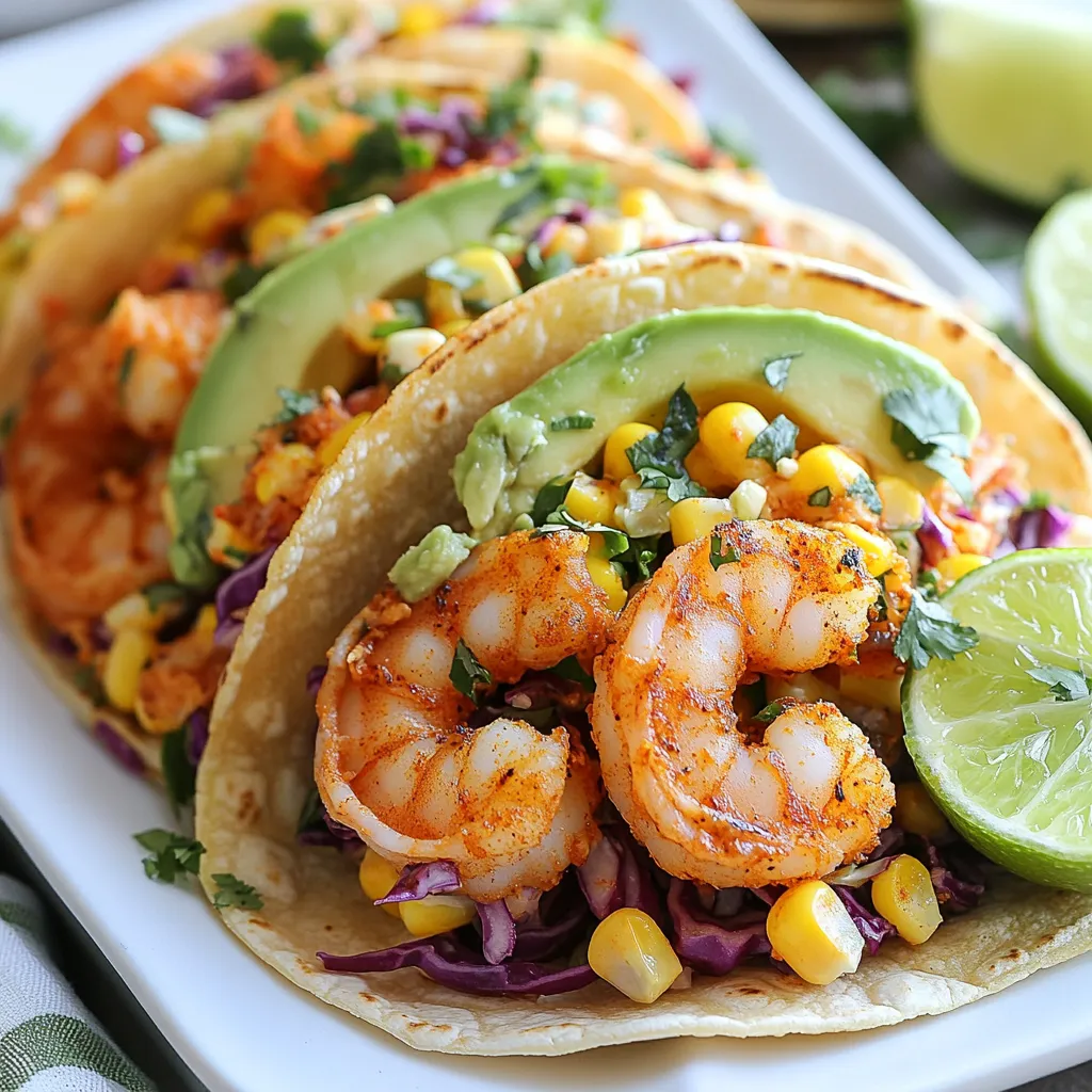 - Shrimp - Cajun seasoning - Olive oil - Red cabbage - Avocado - Corn kernels - Lime - Cilantro - Tortillas - Salt and pepper - Optional toppings To make these Cajun shrimp tacos, you need fresh ingredients. Start with one pound of large shrimp. Make sure they are peeled and deveined. You will also need two tablespoons of Cajun seasoning. This spice mix gives the shrimp a bold flavor. Use two tablespoons of olive oil to help cook the shrimp. Next, grab one cup of finely shredded red cabbage. This will add crunch to your tacos. You’ll want one ripe avocado, sliced for creaminess. For sweetness, add half a cup of corn kernels. You can use fresh, frozen, or canned corn. Don’t forget the lime! You need one lime, juiced, plus extra wedges for serving. Fresh cilantro adds a nice touch, so have half a cup chopped. You’ll also need eight small tortillas. Choose corn or flour based on your preference. Finally, season with salt and pepper to taste, and feel free to add optional toppings like hot sauce for some heat. Having these ingredients ready will set you up for taco success! {{ingredient_image_2}} To start, you need to coat the shrimp with Cajun seasoning. In a bowl, mix the shrimp with 2 tablespoons of Cajun seasoning and 2 tablespoons of olive oil. Toss them well. You want each shrimp to be covered in the spices. This adds great flavor. Now, let’s cook the shrimp. Preheat a large skillet on medium-high heat. When the skillet is hot, add the shrimp in a single layer. Cook them for 2-3 minutes on each side. The shrimp should turn pink and opaque. They are done when they look shiny. Remove the skillet from heat. While the shrimp cook, prepare the slaw. In a separate bowl, mix 1 cup of finely shredded red cabbage, ½ cup of corn kernels, the juice of 1 lime, and ½ cup of chopped cilantro. Add a pinch of salt and pepper for taste. Toss everything together until it is mixed well. This slaw adds crunch and freshness to your tacos. Next, warm the tortillas. You can use two methods. For the skillet method, place the tortillas in a dry skillet over medium heat. Heat them for about 30 seconds on each side. If you prefer the microwave, wrap them in a damp paper towel. Heat them for about 20 seconds until soft. Warm tortillas make the tacos tastier. Now it’s time to assemble your tacos. Take a tortilla and lay on a few shrimp. Next, add a generous scoop of the slaw on top. For creaminess, add a few slices of ripe avocado. Drizzle some lime juice over everything. If you like spice, add your favorite hot sauce. For presentation, serve the tacos on a nice platter. Use parchment paper to line it. Garnish with lime wedges and a sprinkle of extra cilantro for a fresh look. Enjoy your Cajun shrimp tacos! You can change the heat of your tacos easily. Start with two tablespoons of Cajun seasoning. If you like it spicy, add more. Taste your shrimp mix before cooking. This way, you find the flavor you love. Remember, you can always add hot sauce later. Cooking shrimp just right is key. Cook them for 2-3 minutes on each side. They should turn pink and opaque. Overcooked shrimp become rubbery. Keep an eye on them. If they curl tightly, they are done. It’s better to check early than to overcook. Pair your tacos with fresh sides. A simple salad or rice works great. You can also serve black beans or chips. For drinks, try a light beer or a zesty lemonade. For garnishing, use lime wedges and extra cilantro. This adds color and freshness to your plate. You can even sprinkle some extra Cajun seasoning on top for flair. Pro Tips Adjust Spice Level: If you prefer milder tacos, reduce the amount of Cajun seasoning or choose a blend with less heat. Fresh Ingredients: Always use fresh shrimp for the best flavor and texture. If using frozen shrimp, ensure they are fully thawed before cooking. Perfectly Warm Tortillas: For an even better tortilla experience, wrap them in a clean kitchen towel after warming to keep them soft and warm until serving. Customize Your Toppings: Feel free to add other toppings like diced tomatoes, shredded cheese, or jalapeños to suit your taste! {{image_4}} You can switch up the protein in your tacos. If you're not a shrimp fan, try chicken, fish, or even tofu. Each option gives a different taste and feel to the meal. - Chicken: Grill or sauté chicken breast with Cajun spices. Shred it for a tasty filling. - Fish: Use firm fish like tilapia or cod. Cook it with Cajun seasoning for flavor. - Tofu: For a plant-based option, marinate and fry tofu. It soaks up the spices well. The cabbage slaw is key to these tacos, but you can add more variety. Think about mixing in extra veggies or fruits. - Vegetables: Shredded carrots or bell peppers add color and crunch. - Fruits: Try diced mango or pineapple for a sweet twist. These can balance the spice nicely. Tortillas are the base of your tacos. You can choose between flour or corn tortillas, and each has its own charm. - Corn Tortillas: These have a nice flavor and work well with Cajun spices. - Flour Tortillas: They are soft and can hold more filling, making them a great choice for bigger tacos. Experiment with these options to find your favorite mix! After you enjoy your tacos, store leftovers in the fridge. Place them in an airtight container. Keep them in the fridge for up to three days. If you have shrimp and slaw separate, they will stay fresh longer. To reheat shrimp, use a skillet over medium heat. Add a splash of olive oil to keep them moist. Heat the shrimp for about two minutes. Stir gently to avoid overcooking. You can also use the microwave. Heat in short bursts of 30 seconds. Check often to avoid rubbery shrimp. You can freeze cooked shrimp for later use. Place them in a freezer-safe bag. Make sure to remove as much air as possible. They will last up to three months. However, I don’t recommend freezing the tacos with slaw. Fresh ingredients taste best when not frozen. Yes, you can use frozen shrimp. Just thaw them first. Place the shrimp in a bowl of cold water for about 15 minutes. This method works well and keeps the shrimp fresh. If you don't have Cajun seasoning, use your favorite spices. A mix of paprika, garlic powder, and cayenne pepper can work. Adjust the amounts to match your taste. Look for shrimp that turn pink and opaque. This usually takes about 2-3 minutes on each side. Make sure they curl into a tight “C” shape. Cajun seasoning can be spicy, but you control the heat. Use less seasoning for milder tacos. You can also add toppings like avocado to balance the spice. Yes, you can prepare the slaw and shrimp in advance. Store them separately in the fridge. Warm the tortillas just before serving to keep them fresh. We covered everything you need for great Cajun shrimp tacos. You now know the key ingredients and how to prepare them. We talked about tips for cooking shrimp, making slaw, and warming tortillas. We also explored variations and storage ideas. Enjoy the flavors of these tacos with friends or family. Customize your meal as you like. You can create a unique dish every time. These tacos are both fun to make and eat!