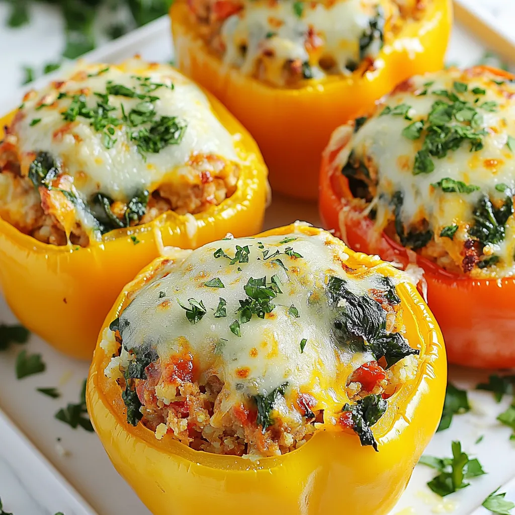 To make savory chicken and spinach stuffed bell peppers, you will need the following ingredients: - 4 large bell peppers - 1 lb ground chicken - 2 cups fresh spinach, finely chopped - 1 cup cauliflower rice - 1/2 cup shredded mozzarella cheese - 1/4 cup grated Parmesan cheese - 1 teaspoon garlic powder - 1 teaspoon onion powder - Salt and freshly ground black pepper - 1 tablespoon extra virgin olive oil - Fresh parsley for garnish Each ingredient plays a key role. The bell peppers act as a tasty bowl for the filling. Ground chicken provides lean protein. Spinach adds color and nutrients, while cauliflower rice keeps it low in carbs. Mozzarella and Parmesan offer creamy texture and flavor. Garlic and onion powder enhance the dish with savory notes. Olive oil helps in cooking and adds richness. Finally, fresh parsley gives a bright touch when serving. With these ingredients, you can whip up a quick and delicious dinner that fits a high protein, low carb diet. {{ingredient_image_2}} - Preheat the oven to 375°F (190°C). - Cut the tops off and remove seeds. To start, you want to get your oven nice and warm. This helps the peppers cook well. Next, take your bell peppers and cut off the tops. Make sure to scoop out all the seeds. This way, they will hold your filling better. - Heat olive oil and sauté ground chicken. - Season with spices and add spinach and cauliflower rice. Now, grab a large skillet and heat the olive oil over medium heat. Once it’s hot, add the ground chicken. Cook for about 5-7 minutes. Stir it often until the chicken is brown and cooked through. Next, add garlic powder, onion powder, salt, and pepper. Make sure to mix these spices well. They will give the chicken a great flavor. Then, toss in the chopped spinach and cauliflower rice. Stir gently for about 3-4 minutes. You want the spinach to wilt and the cauliflower to soften. This step adds nutrients and keeps everything low carb. - Mix in cheeses and stuff the peppers. - Bake covered and then uncovered for a perfect finish. After that, take the skillet off the heat. Stir in the shredded mozzarella and grated Parmesan cheese. Mix until the cheese melts into the chicken mixture. Now it’s time to stuff the peppers! Pack the filling tightly into each pepper. Top them with more mozzarella cheese for that perfect bubbly finish. Cover your baking dish with aluminum foil. This helps steam the peppers as they bake. Place them in the oven and bake for 25 minutes. After that, take off the foil and bake for another 10-15 minutes. You want the cheese to be golden brown and bubbly. Once baked, take them out and let cool for about 5 minutes. Before serving, sprinkle some fresh parsley on top. This adds a nice color and flavor. Enjoy your meal! - Sauté ground chicken in olive oil. This gives it a nice, juicy texture. - Cook the chicken until it is browned and fully cooked. This ensures a safe and tasty filling. - Mix the filling well to evenly distribute the spices. This way, every bite is full of flavor. - Add spices like paprika or cumin for a new twist. These can really boost the taste. - Fresh herbs like basil or oregano add a nice touch, too. - Try different cheeses, like feta or cheddar. Each cheese gives a unique flavor and creaminess. - Serve the stuffed peppers on a colorful platter. It makes the dish look more inviting. - Drizzle a bit of olive oil around the peppers. This adds a nice shine and flavor. - Sprinkle fresh parsley on top. It adds a pop of color and freshness to the meal. Pro Tips Choose Colorful Peppers: Using a mix of red, yellow, and green bell peppers not only makes for a vibrant presentation but also adds slight variations in flavor. Incorporate More Veggies: Feel free to add other vegetables like diced zucchini or mushrooms to the filling for extra nutrition and flavor. Pre-cook the Peppers: For a softer texture, you can lightly steam the bell peppers for 5 minutes before stuffing them, ensuring they are tender when baked. Make Ahead: Prepare the stuffed peppers ahead of time and store them in the refrigerator. Simply bake them when you're ready to serve for a quick, delicious meal. {{image_4}} You can easily swap the ground chicken for other meats. Try turkey or lean beef for a different taste. If you want a plant-based option, use lentils or chickpeas. Both work well and keep it healthy. For the stuffing, you don’t need to stick to spinach alone. You can use kale, zucchini, or mushrooms. These low-carb veggies add flavor and nutrition. They also give your dish a fun twist. Feeling creative? Make Greek-inspired stuffed peppers! Use feta cheese and add olives to the filling. This will give your meal a zesty kick. You can also try an Italian twist. Add Italian herbs like basil and oregano. Mix in some sun-dried tomatoes for extra flavor. This variation brings a rich taste to your dinner. Pair your stuffed peppers with a fresh salad. A simple cucumber and tomato salad works great. It adds crunch and freshness to your meal. You can also serve roasted broccoli or green beans on the side. These low-carb options complement the stuffed peppers well. They add color and balance to your plate. To keep your stuffed peppers fresh, let them cool first. Place them in an airtight container. Store them in the fridge for up to four days. This way, you can enjoy them later without losing flavor or texture. When you reheat stuffed peppers, use the oven for the best results. Preheat your oven to 350°F (175°C). Place the peppers in a baking dish and cover them with foil. Heat for about 15-20 minutes. This method helps keep the filling moist and the cheese melty. You can also use the microwave if you're in a hurry. Just heat them on medium power for 2-3 minutes. Freezing stuffed peppers is easy. After baking, let them cool completely. Wrap each pepper tightly in plastic wrap and then in aluminum foil. Label them with the date and freeze. They can last up to three months in the freezer. When you're ready to eat, thaw them in the fridge overnight. Then, reheat them in the oven or microwave as mentioned above. Stuffed peppers last about 3 to 5 days in the fridge. Make sure to store them in an airtight container. This keeps them fresh and tasty. If they start to smell or look odd, it’s best to throw them out. To enjoy them longer, you can freeze the stuffed peppers. Yes, you can make these stuffed peppers ahead of time. Prepare the filling and stuff the peppers. Then, cover and store them in the fridge for up to 24 hours before baking. This saves time on busy nights. Just bake them when you’re ready to eat. If you want to lower carbs, try these options: - Swap ground chicken for turkey or lean beef. - Use zucchini or eggplant instead of bell peppers. - Cauliflower rice works great, but you can also use chopped mushrooms. - Cheese can be replaced with dairy-free options if needed. Yes, you can make this recipe vegetarian. Use lentils or black beans instead of meat. These add protein and fiber. You can also add more veggies like mushrooms, carrots, or zucchini for more flavor. Stuffed bell peppers are easy and fun to make. With ground chicken, spinach, and cheese, they are tasty and healthy. You can spice them up or switch ingredients to fit your taste. Remember to store extra ones well and reheat them right. Whether for a cozy dinner or meal prep, this recipe fits all. Try making them your own by adding your favorite flavors. Enjoy cooking, and share your tasty creations with friends!