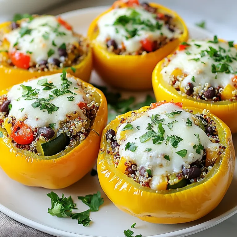 - 2 medium zucchinis, halved and hollowed out - 2 bell peppers (any color), halved and seeds removed - 1 cup cherry tomatoes, diced - 1 cup cooked quinoa - 1 cup black beans, rinsed and drained - 1 small onion, finely chopped - 2 cloves garlic, minced - 1 teaspoon ground cumin - 1 teaspoon smoked paprika - ½ cup shredded mozzarella cheese (or a vegan alternative) - 2 tablespoons olive oil - Salt and pepper to taste - Fresh parsley or cilantro, chopped, for garnish You need to measure each ingredient carefully. This ensures the best taste. Here are the key measurements: - Zucchinis: 2 medium - Bell peppers: 2 - Cherry tomatoes: 1 cup - Cooked quinoa: 1 cup - Black beans: 1 cup - Onion: 1 small - Garlic: 2 cloves - Ground cumin: 1 teaspoon - Smoked paprika: 1 teaspoon - Mozzarella cheese: ½ cup - Olive oil: 2 tablespoons - Salt and pepper: to taste Feel free to get creative! You can swap or add different vegetables or cheeses. Here are some ideas: - Use eggplant or mushrooms for a different texture. - Try spinach or kale for extra greens. - Swap mozzarella for feta or goat cheese for a tangy taste. - Add some chopped nuts for crunch. These options allow you to make this dish your own! {{ingredient_image_2}} First, set your oven to 375°F (190°C). Preheating the oven is key. It warms the air inside. This way, your stuffed vegetables cook evenly. An oven that is too cool may lead to soggy veggies. Next, grab a medium skillet and add 2 tablespoons of olive oil. Heat it on medium. Add 1 small chopped onion and 2 minced garlic cloves. Sauté them for 3-4 minutes. You want the onion to turn soft and clear. Then, toss in 1 cup of diced cherry tomatoes, 1 cup of cooked quinoa, and 1 cup of rinsed black beans. Season with 1 teaspoon of ground cumin and 1 teaspoon of smoked paprika. Salt and pepper will add taste too. Cook this mix for 5 minutes. Stir it often to blend the flavors. Now, take your hollowed zucchinis and bell peppers. Fill each half with your tasty mixture. Press down a bit. This makes sure the filling stays in place. You want each bite to be full of flavor. Place the stuffed veggies in a greased baking dish. Cover it with aluminum foil. This keeps the moisture in. Bake it for 25-30 minutes in the preheated oven. After that time, carefully remove the foil. Put the dish back in the oven for another 10-15 minutes. You want the tops to turn golden brown and the veggies to be tender. Once it's done, let it cool for a few minutes. Garnish with fresh parsley or cilantro before serving. Enjoy your healthy and colorful meal! When you prepare your vegetables, choose fresh ones. Look for vibrant colors and firm textures. Wash them well to remove dirt. For the zucchini and peppers, cut them in half carefully. Hollow them out gently, leaving enough flesh for support. This helps hold the filling and ensures they cook evenly. To keep your stuffed vegetables firm, avoid overcooking them before baking. Sauté your filling just enough to blend the flavors. Don't add too much liquid to your mixture. If using tomatoes, drain excess juice before adding. When you bake, cover with foil for the first part, then uncover to crisp the tops. To ensure even cooking, place your stuffed vegetables in a single layer. Use a baking dish that allows space between them. This helps heat circulate. If your oven has hot spots, turn the dish halfway through baking. Check for doneness by piercing with a fork; they should be tender but not mushy. Pro Tips Use Fresh Herbs: Adding fresh herbs like basil or thyme can elevate the flavor profile of your stuffed vegetables, providing a burst of freshness. Experiment with Fillings: Feel free to swap out the quinoa and black beans for other grains or legumes, such as farro or lentils, to suit your taste. Make Ahead: These stuffed vegetables can be prepared a day in advance. Just cover them tightly and store in the refrigerator until you're ready to bake. Cheese Alternatives: For a vegan option, use a plant-based cheese or nutritional yeast for a cheesy flavor without dairy. {{image_4}} You can add protein to your stuffed vegetable medley. Ground meat or tofu works great. If you want meat, ground turkey or chicken adds a nice flavor. If you prefer plant-based, use crumbled tofu. Just sauté it with the onions and garlic. This gives you a hearty dish that fills you up. Changing the grain in your medley can change its taste. Quinoa is a popular choice since it's healthy. However, you can also use rice or farro. Cook the grain ahead of time and mix it into the filling. This helps create a unique flavor with each grain. Spices and herbs make your dish pop. You can use herbs like basil, oregano, or thyme for depth. If you want more kick, add red pepper flakes or chili powder. These spices mix well with cumin and smoked paprika. Experimenting with flavors will make each bite exciting. To keep your stuffed vegetable medley fresh, place the leftovers in an airtight container. Make sure to let them cool down first. Store the container in the fridge for up to three days. This way, you can enjoy the flavors later without losing quality. When you want to reheat your stuffed vegetables, preheat your oven to 350°F (175°C). Place the stuffed veggies in a baking dish. Cover them with foil to prevent drying out. Heat for about 15-20 minutes or until warm. You can also use the microwave for a quicker option. Just heat them for 1-2 minutes. If you want to freeze your stuffed vegetable medley, wrap each piece in plastic wrap. Then, place them in a freezer-safe bag. They can last for up to three months in the freezer. When you’re ready to eat them, thaw in the fridge overnight before reheating. This method preserves their taste and texture well. Yes, you can prepare this dish ahead of time. Make the filling and stuff the veggies. Then, cover and refrigerate them for up to a day. When you are ready to bake, just pop them in the oven. This saves time on busy days. If you don't have quinoa, use rice or farro. They both provide good texture. You can also try couscous for a different twist. Just make sure to cook them according to package instructions before mixing them into your filling. Stuffed vegetables are indeed healthy! They are rich in vitamins and nutrients. You get fiber from the veggies and protein from the beans and quinoa. This makes for a balanced meal. Plus, you can control the ingredients, making it even better for your health. You will know they are done when they are tender and the tops are golden. Baking them covered keeps them moist, while uncovering enhances browning. A fork should easily pierce the veggies. If they are soft and the filling is hot, they are ready to serve! We covered how to create a tasty stuffed vegetable medley. You learned about the key ingredients and measurements needed. I shared step-by-step instructions for preparing and baking the medley. I also included helpful tips for perfect cooking and storage advice for leftovers. Try different proteins and grains to make it your own. Remember, cooking should be fun and full of flavor. Enjoy experimenting with your own stuffed vegetable medley!