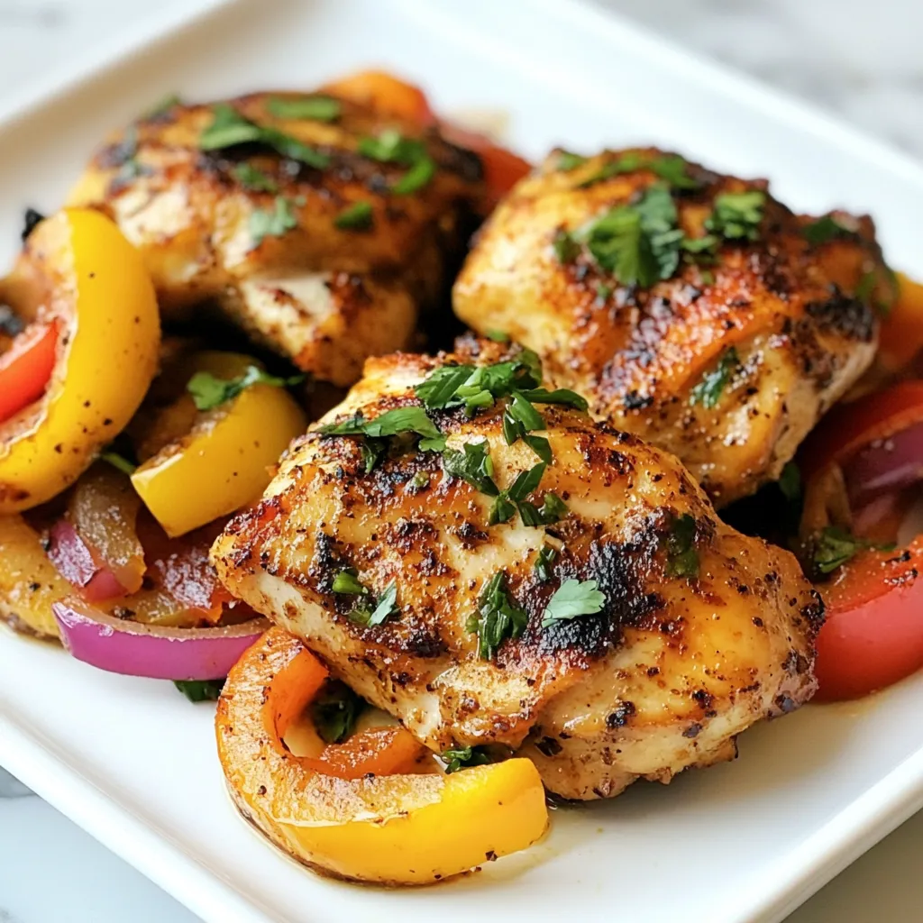 - 4 boneless, skinless chicken breasts - 4 cloves garlic, minced - 1 teaspoon ground cumin - 1 teaspoon smoked paprika - 1 tablespoon fresh oregano, finely chopped (or 1 teaspoon dried oregano) - Juice of 1 lime - 3 tablespoons olive oil - Salt and pepper to taste - 1 red bell pepper, thinly sliced - 1 yellow bell pepper, thinly sliced - 1 small red onion, thinly sliced - Fresh cilantro leaves, for garnish To make Cuban Griddled Chicken, you need simple yet bold ingredients. Start with four boneless, skinless chicken breasts. These are easy to cook and soak up flavors well. For the marinade, gather four cloves of minced garlic. Garlic adds a punch to the dish. Next, you need spices. Use one teaspoon of ground cumin for warmth and flavor. Add one teaspoon of smoked paprika for that earthy taste. Fresh oregano gives a bright note, so use one tablespoon of it, or one teaspoon if dried. Squeeze the juice of one lime for a zesty kick. You’ll also need three tablespoons of olive oil. This helps to keep the chicken moist while cooking. Don’t forget salt and pepper to taste. For the sautéed vegetables, get one red bell pepper and one yellow bell pepper. Slice them thin to cook quickly. A small red onion adds sweetness. Finally, fresh cilantro leaves are perfect for garnish. They add color and flavor to your dish. With these ingredients, you’re ready to create a flavorful Cuban meal. {{ingredient_image_2}} To start, grab a mixing bowl. You will need to whisk together: - 4 cloves garlic, minced - 1 teaspoon ground cumin - 1 teaspoon smoked paprika - 1 tablespoon fresh oregano, finely chopped (or 1 teaspoon dried oregano) - Juice of 1 lime - 3 tablespoons olive oil - Salt and pepper to taste Mix all these ingredients well. This marinade brings a lot of flavor to the chicken. Next, take your chicken breasts and place them in a resealable plastic bag or a shallow dish. Pour the marinade over the chicken. Make sure each piece is covered. Seal the bag or cover the dish with plastic wrap. Let the chicken marinate in the fridge for at least 30 minutes. For stronger flavor, marinate up to 2 hours. Now, it’s time to cook. Preheat your griddle or a large skillet over medium-high heat. If needed, drizzle a little olive oil to keep the chicken from sticking. After marinating, take the chicken out of the fridge. Let it sit for about 10 minutes to reach room temperature. This helps it cook evenly. Place the chicken on the hot griddle. Cook each side for 6-7 minutes until it is brown and reaches 165°F (75°C). In the last few minutes, add sliced red and yellow bell peppers and sliced red onion to the griddle. Cook them for 4-5 minutes until they are tender and caramelized. Once everything is done, transfer the chicken and veggies to a serving plate. Let the chicken rest for a few minutes, then slice it into strips. Serve the chicken on a platter, topped with sautéed peppers and onions. Add fresh cilantro leaves for extra flavor and color. Enjoy your meal! Marinating is key to great flavor. I recommend marinating the chicken for at least 30 minutes. This helps the chicken soak up the spices. If you have more time, let it marinate for up to 2 hours. This longer time gives the chicken an even bolder taste. Just remember, don’t let it sit too long. When cooking on a griddle, heat is important. Preheat your griddle to medium-high heat. This helps the chicken get a nice crust. Use a little olive oil to stop the chicken from sticking. Cook each side for 6-7 minutes. Check that the chicken reaches 165°F. This ensures it is cooked through and safe to eat. For a lovely presentation, slice the chicken after resting. Place it on a platter with the sautéed peppers and onions on top. Garnish with fresh cilantro for color. You can also serve lime wedges on the side. This adds freshness and flavor. Pair it with rice or tortillas for a filling meal. Enjoy the flavors of Cuba! Pro Tips Marinate Longer for Flavor: For the best flavor, marinate the chicken for at least 2 hours, or even overnight if possible. This will allow the spices and lime juice to penetrate the meat deeply. Use a Meat Thermometer: To ensure your chicken is perfectly cooked, use a meat thermometer. The internal temperature should reach 165°F (75°C) for safe consumption. Let It Rest: After cooking, let the chicken rest for a few minutes. This allows the juices to redistribute, making the chicken more moist and tender when sliced. Experiment with Veggies: Feel free to add or substitute other vegetables like zucchini or mushrooms for a different flavor profile and texture. Grill or sauté them to enhance their natural sweetness. {{image_4}} You can easily switch from griddled to grilled chicken. Use the same marinade. Just fire up your grill instead of the griddle. Place the marinated chicken on the grill. Cook it for about 6-7 minutes per side. This gives you delicious grill marks and a smoky flavor. For a meatless meal, try using portobello mushrooms. They have a great texture and soak up flavors well. Marinate them just like the chicken. Grill or griddle the mushrooms for about 5 minutes on each side. You can also use tofu for a protein-packed option. It absorbs the marinade nicely. Want to boost the flavor? Add more spices! Try cayenne pepper for heat or coriander for a fresh taste. You can also mix in some orange juice with the lime for a sweet twist. For extra crunch, toss in some chopped nuts or seeds on top before serving. Enjoy experimenting! Store leftover Cuban griddled chicken in an airtight container. This keeps it fresh. Place it in the fridge for up to four days. If you want to keep it longer, consider freezing it. To reheat, use the stove or microwave. If using the stove, warm it on low heat. Add a splash of water to avoid drying out. If using the microwave, cover it with a damp paper towel. Heat in short bursts to keep it juicy. You can freeze the chicken for up to three months. Wrap each piece in plastic wrap, then place in freezer bags. Remove as much air as possible. When ready to eat, thaw in the fridge overnight before reheating. You should marinate the chicken for at least 30 minutes. If you want more flavor, try marinating it for up to 2 hours. The longer you marinate, the more the spices soak in. This helps the chicken taste really good. Cuban Griddled Chicken pairs well with simple sides. Here are some great options: - Rice: White or brown rice works well. - Tortillas: Soft tortillas are perfect for wrapping. - Black beans: They add protein and flavor. - Grilled corn: This gives a sweet crunch. - Salad: A fresh salad adds nice color. These sides balance the dish and make a complete meal. Yes, you can use other cooking methods. You can grill the chicken if you like a smoky flavor. Baking is another option; just cook it at 375°F for about 25-30 minutes. You can even pan-sear it on a stovetop if you don’t have a griddle. Each method changes the taste a bit, so feel free to experiment! In this blog post, I shared how to make delicious Cuban griddled chicken. You learned about the important ingredients, from the chicken and marinade to sautéed veggies. I provided step-by-step instructions for marinating and cooking. You also got tips for the best results and ways to store leftovers. Finally, I explored fun variations for grilling and vegetarian options. Try these methods to impress your family with tasty meals! Enjoy cooking and savor each bite.