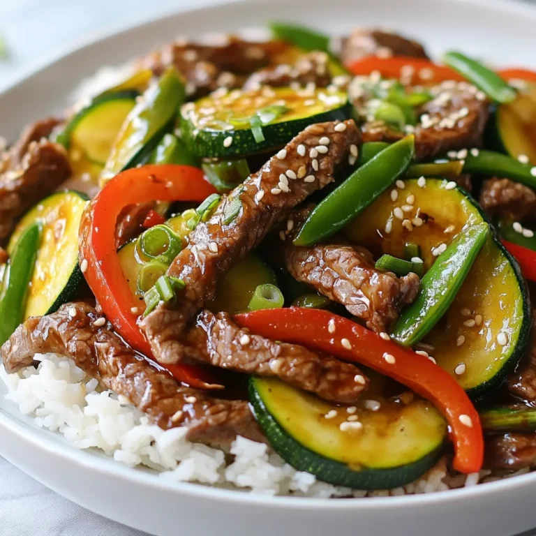 - 1 pound beef sirloin, sliced into thin strips - 2 medium zucchinis, cut into half-moon shapes - 1 red bell pepper, sliced into thin strips - 1 cup snap peas, trimmed and ready to use In this dish, beef sirloin serves as the star. It brings rich flavor and protein. Zucchini adds a fresh crunch and color. The red bell pepper offers sweetness and nice texture. Snap peas give a lovely snap to each bite. - 3 tablespoons soy sauce (divided) - 1 tablespoon oyster sauce - 1 tablespoon sesame oil - 1 tablespoon vegetable oil - 1 teaspoon cornstarch mixed with 2 teaspoons water (for thickening) - Salt and freshly ground black pepper, to taste The soy sauce is key for umami flavor. Oyster sauce adds depth and richness. Sesame oil gives a nutty aroma. The cornstarch mix helps create a thick sauce that clings to the beef and veggies. - Sesame seeds - Sliced green onions These garnishes add a lovely finish. Sesame seeds bring a nutty crunch. Sliced green onions add a fresh bite. They make your dish look inviting and delicious. {{ingredient_image_2}} Start by slicing 1 pound of beef sirloin into thin strips. In a bowl, add the beef. Pour in 2 tablespoons of soy sauce and sprinkle with black pepper. Mix well to coat the beef. Let it marinate for 15 minutes. This step builds flavor and keeps the beef tender. Heat a large skillet or wok over medium-high heat. Add 1 tablespoon of vegetable oil and let it shimmer. Carefully add the marinated beef to the hot pan. Stir-fry for about 3 to 4 minutes until it is browned and cooked through. Use a slotted spoon to remove the beef and set it aside. In the same skillet, add 3 cloves of minced garlic and 1 tablespoon of grated ginger. Sauté for about 30 seconds until fragrant. Next, add 2 medium zucchinis, sliced into half-moons, 1 sliced red bell pepper, and 1 cup of snap peas. Stir-fry for 4 to 5 minutes until the vegetables are bright and tender but still crisp. Return the cooked beef to the skillet with the veggies. Drizzle in 1 tablespoon of soy sauce and 1 tablespoon of oyster sauce. Stir well to coat everything evenly. Next, add a cornstarch mixture made of 1 teaspoon of cornstarch mixed with 2 teaspoons of water. Stir continuously for 1 to 2 minutes. This thickens the sauce and coats the stir fry nicely. Lastly, stir in 1 tablespoon of sesame oil for a nutty flavor. Taste your dish and adjust with salt and pepper as needed. Once everything is well combined, remove the skillet from heat. Allow it to sit for a minute. Serve the stir fry hot on a bed of steamed jasmine rice or quinoa. Garnish with sesame seeds and sliced green onions for a fresh look. To cook beef well, start with thin strips. This helps it cook quickly. Use high heat and sauté for 3-4 minutes. Stir often to brown the beef evenly. It should be cooked through but still juicy. Remove it from the pan before adding vegetables. This keeps the beef tender and tasty. For crunchy veggies, cut them evenly. This helps them cook at the same time. Stir-fry for about 4-5 minutes. You want them bright and crisp, not soft. Add garlic and ginger first for flavor, then the veggies. This way, they keep their crunch and color. Customize your sauce to match your taste. If you like it salty, add more soy sauce. For sweetness, a splash of honey works well. Want more heat? Add chili paste or red pepper flakes. Mix the cornstarch with water to thicken the sauce. This makes it glossy and tasty. Always taste and adjust seasoning at the end. Pro Tips Marinate for Maximum Flavor: Allowing the beef to marinate for at least 15 minutes helps to tenderize the meat and infuse it with flavor. For an even deeper taste, consider marinating for up to 1 hour. Don’t Overcrowd the Pan: Stir-frying works best in small batches. If you add too many ingredients at once, the temperature of the pan will drop, causing the meat and vegetables to steam rather than sear. Keep Vegetables Crisp: To maintain the vibrant color and crunch of your vegetables, avoid overcooking them. Stir-fry just until they are tender yet still have a bit of bite, usually around 4-5 minutes. Adjust Sauce to Taste: After adding the sauces, taste your stir fry before serving. Feel free to add a splash more soy sauce for saltiness or a pinch of sugar for sweetness, depending on your preference. {{image_4}} You can switch out the beef for chicken, pork, or tofu. Chicken breast works well; just slice it thinly. Pork tenderloin also makes a great choice. For a plant-based option, use firm tofu. Press it to remove excess water and cut it into cubes. Cook the protein as you would the beef, ensuring it’s fully cooked through. Feel free to add more vegetables to your stir fry. Broccoli, carrots, and bell peppers are excellent additions. You can also add mushrooms or bok choy for extra flavor. Just remember to cut the veggies into equal sizes. This way, they all cook evenly. You can even use frozen mixed veggies in a pinch! If you like some heat, add chili paste or red pepper flakes to your stir fry. Start with a small amount, about a teaspoon, and adjust to taste. You can mix it in when you add the sauces. Fresh sliced chilies can also add a nice kick. Just be careful not to add too much at once! To store your Zucchini Beef Stir Fry, let it cool first. Use an airtight container to keep it fresh. Ensure you cover it tightly. Refrigerate the leftovers within two hours of cooking. This helps prevent bacteria growth. If you want to freeze it, let the stir fry cool completely. Use freezer-safe bags or containers. Remove as much air as possible to avoid freezer burn. It can last up to three months in the freezer. When reheating, thaw in the fridge overnight. Heat it in a skillet over medium heat until warm. This keeps the beef and veggies tender. In the fridge, your stir fry will stay good for about three to four days. If you freeze it, the quality is best for the first month. After that, it may lose some flavor and texture. Always check for any signs of spoilage before eating. The best beef for stir fry is beef sirloin. This cut is tender and flavorful. Other good options include flank steak and ribeye. These cuts cook quickly and stay juicy. Slice your beef thinly against the grain. This helps it stay tender when cooked. Marinating the beef adds more flavor and makes it even better. Yes, you can make this recipe gluten-free. Use gluten-free soy sauce instead of regular soy sauce. Tamari is a great option. Check the oyster sauce for gluten, as some brands add wheat. You can skip it or find a gluten-free version. Adjust the seasoning to keep the taste great. To reheat stir fry, use a skillet on medium heat. This will help keep the texture nice. Add a splash of water or broth to add moisture. Stir often until heated through. You can also use the microwave. Place the stir fry in a microwave-safe bowl. Heat in short bursts, stirring in between. This keeps the flavors fresh and delicious. This blog post covers a flavorful stir fry dish with beef, vegetables, and sauces. We've explored key ingredients, tips for perfect cooking, and how to customize your meal. Remember, you can swap proteins, add more veggies, or spice it up to your taste. Storing leftovers properly keeps them fresh longer. Overall, making a great stir fry is simple and fun. Enjoy your cooking journey, and have delicious meals with your family and friends!