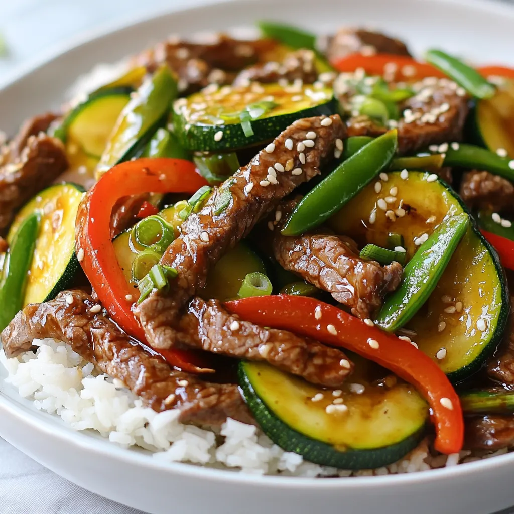 - 1 pound beef sirloin, sliced into thin strips - 2 medium zucchinis, cut into half-moon shapes - 1 red bell pepper, sliced into thin strips - 1 cup snap peas, trimmed and ready to use In this dish, beef sirloin serves as the star. It brings rich flavor and protein. Zucchini adds a fresh crunch and color. The red bell pepper offers sweetness and nice texture. Snap peas give a lovely snap to each bite. - 3 tablespoons soy sauce (divided) - 1 tablespoon oyster sauce - 1 tablespoon sesame oil - 1 tablespoon vegetable oil - 1 teaspoon cornstarch mixed with 2 teaspoons water (for thickening) - Salt and freshly ground black pepper, to taste The soy sauce is key for umami flavor. Oyster sauce adds depth and richness. Sesame oil gives a nutty aroma. The cornstarch mix helps create a thick sauce that clings to the beef and veggies. - Sesame seeds - Sliced green onions These garnishes add a lovely finish. Sesame seeds bring a nutty crunch. Sliced green onions add a fresh bite. They make your dish look inviting and delicious. {{ingredient_image_2}} Start by slicing 1 pound of beef sirloin into thin strips. In a bowl, add the beef. Pour in 2 tablespoons of soy sauce and sprinkle with black pepper. Mix well to coat the beef. Let it marinate for 15 minutes. This step builds flavor and keeps the beef tender. Heat a large skillet or wok over medium-high heat. Add 1 tablespoon of vegetable oil and let it shimmer. Carefully add the marinated beef to the hot pan. Stir-fry for about 3 to 4 minutes until it is browned and cooked through. Use a slotted spoon to remove the beef and set it aside. In the same skillet, add 3 cloves of minced garlic and 1 tablespoon of grated ginger. Sauté for about 30 seconds until fragrant. Next, add 2 medium zucchinis, sliced into half-moons, 1 sliced red bell pepper, and 1 cup of snap peas. Stir-fry for 4 to 5 minutes until the vegetables are bright and tender but still crisp. Return the cooked beef to the skillet with the veggies. Drizzle in 1 tablespoon of soy sauce and 1 tablespoon of oyster sauce. Stir well to coat everything evenly. Next, add a cornstarch mixture made of 1 teaspoon of cornstarch mixed with 2 teaspoons of water. Stir continuously for 1 to 2 minutes. This thickens the sauce and coats the stir fry nicely. Lastly, stir in 1 tablespoon of sesame oil for a nutty flavor. Taste your dish and adjust with salt and pepper as needed. Once everything is well combined, remove the skillet from heat. Allow it to sit for a minute. Serve the stir fry hot on a bed of steamed jasmine rice or quinoa. Garnish with sesame seeds and sliced green onions for a fresh look. To cook beef well, start with thin strips. This helps it cook quickly. Use high heat and sauté for 3-4 minutes. Stir often to brown the beef evenly. It should be cooked through but still juicy. Remove it from the pan before adding vegetables. This keeps the beef tender and tasty. For crunchy veggies, cut them evenly. This helps them cook at the same time. Stir-fry for about 4-5 minutes. You want them bright and crisp, not soft. Add garlic and ginger first for flavor, then the veggies. This way, they keep their crunch and color. Customize your sauce to match your taste. If you like it salty, add more soy sauce. For sweetness, a splash of honey works well. Want more heat? Add chili paste or red pepper flakes. Mix the cornstarch with water to thicken the sauce. This makes it glossy and tasty. Always taste and adjust seasoning at the end. Pro Tips Marinate for Maximum Flavor: Allowing the beef to marinate for at least 15 minutes helps to tenderize the meat and infuse it with flavor. For an even deeper taste, consider marinating for up to 1 hour. Don’t Overcrowd the Pan: Stir-frying works best in small batches. If you add too many ingredients at once, the temperature of the pan will drop, causing the meat and vegetables to steam rather than sear. Keep Vegetables Crisp: To maintain the vibrant color and crunch of your vegetables, avoid overcooking them. Stir-fry just until they are tender yet still have a bit of bite, usually around 4-5 minutes. Adjust Sauce to Taste: After adding the sauces, taste your stir fry before serving. Feel free to add a splash more soy sauce for saltiness or a pinch of sugar for sweetness, depending on your preference. {{image_4}} You can switch out the beef for chicken, pork, or tofu. Chicken breast works well; just slice it thinly. Pork tenderloin also makes a great choice. For a plant-based option, use firm tofu. Press it to remove excess water and cut it into cubes. Cook the protein as you would the beef, ensuring it’s fully cooked through. Feel free to add more vegetables to your stir fry. Broccoli, carrots, and bell peppers are excellent additions. You can also add mushrooms or bok choy for extra flavor. Just remember to cut the veggies into equal sizes. This way, they all cook evenly. You can even use frozen mixed veggies in a pinch! If you like some heat, add chili paste or red pepper flakes to your stir fry. Start with a small amount, about a teaspoon, and adjust to taste. You can mix it in when you add the sauces. Fresh sliced chilies can also add a nice kick. Just be careful not to add too much at once! To store your Zucchini Beef Stir Fry, let it cool first. Use an airtight container to keep it fresh. Ensure you cover it tightly. Refrigerate the leftovers within two hours of cooking. This helps prevent bacteria growth. If you want to freeze it, let the stir fry cool completely. Use freezer-safe bags or containers. Remove as much air as possible to avoid freezer burn. It can last up to three months in the freezer. When reheating, thaw in the fridge overnight. Heat it in a skillet over medium heat until warm. This keeps the beef and veggies tender. In the fridge, your stir fry will stay good for about three to four days. If you freeze it, the quality is best for the first month. After that, it may lose some flavor and texture. Always check for any signs of spoilage before eating. The best beef for stir fry is beef sirloin. This cut is tender and flavorful. Other good options include flank steak and ribeye. These cuts cook quickly and stay juicy. Slice your beef thinly against the grain. This helps it stay tender when cooked. Marinating the beef adds more flavor and makes it even better. Yes, you can make this recipe gluten-free. Use gluten-free soy sauce instead of regular soy sauce. Tamari is a great option. Check the oyster sauce for gluten, as some brands add wheat. You can skip it or find a gluten-free version. Adjust the seasoning to keep the taste great. To reheat stir fry, use a skillet on medium heat. This will help keep the texture nice. Add a splash of water or broth to add moisture. Stir often until heated through. You can also use the microwave. Place the stir fry in a microwave-safe bowl. Heat in short bursts, stirring in between. This keeps the flavors fresh and delicious. This blog post covers a flavorful stir fry dish with beef, vegetables, and sauces. We've explored key ingredients, tips for perfect cooking, and how to customize your meal. Remember, you can swap proteins, add more veggies, or spice it up to your taste. Storing leftovers properly keeps them fresh longer. Overall, making a great stir fry is simple and fun. Enjoy your cooking journey, and have delicious meals with your family and friends!