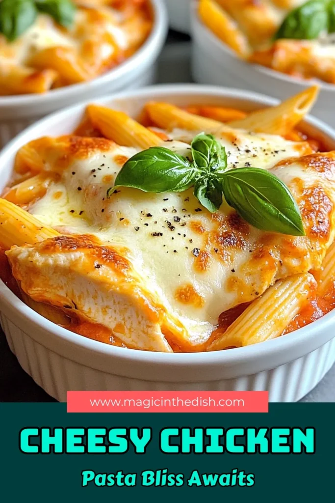 Looking for a delicious and quick dinner? Try this Cheesy Chicken Mozzarella recipe! This creamy chicken and tomato pasta brings together tender chicken, al dente penne, and melty mozzarella for an easy cheesy chicken dish that your family will love. Perfect for busy nights, this Chicken and pasta recipe is packed with flavor and comes together in just 35 minutes. Save this recipe for your next meal! #CheesyChickenMozzarella #QuickDinnerRecipes #CreamyChickenAndTomatoPasta #EasyCheesyChickenDish