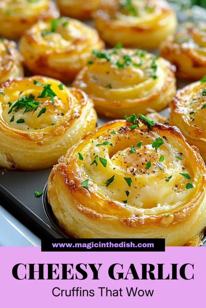 Indulge in these Cheesy Garlic Cruffins for a delicious twist on Puff Pastry Recipes! Packed with gooey mozzarella and savory Parmesan, these Garlic Butter Cruffins make the perfect Easy Cheesy Snacks or Cheesy Appetizer Recipes. With simple ingredients and easy steps, you’ll impress at any gathering. Bake up a batch and treat your taste buds today! Save this recipe for your next craving! #CheesyGarlicCruffins #PuffPastryRecipes #EasySnacks #CheesyAppetizers