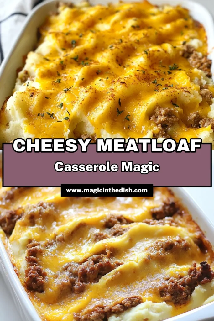 Indulge in this comforting Cheesy Meatloaf Casserole, a delightful blend of ground beef and turkey that makes for the perfect easy cheesy casserole! With creamy mushroom soup and topped with golden cheddar, this comfort food bake is sure to be a family favorite. Discover this delicious Ground Beef and Turkey Recipe and bring warmth to your dinner table tonight. Save this Mushroom Soup Casserole Recipe for your next meal! #CheesyMeatloafCasserole #ComfortFood #EasyRecipes #CasseroleLove