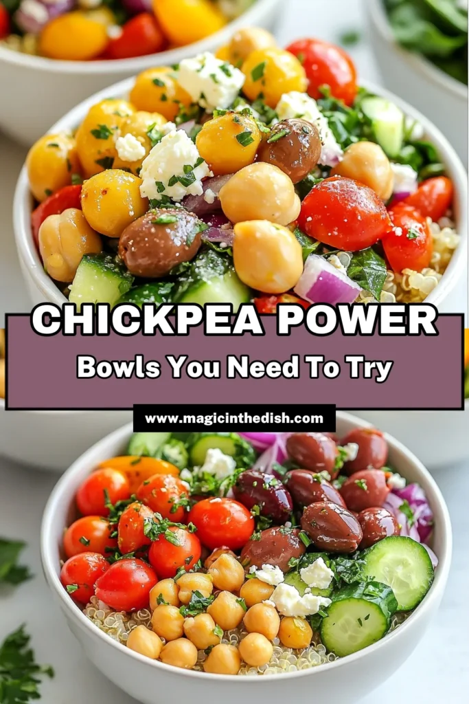 Discover the deliciousness of Mediterranean chickpea bowls with this easy recipe for quinoa power bowls! Packed with vibrant veggies, this healthy Mediterranean recipe features a refreshing chickpea salad bowl topped with feta. Perfect for vegetarian Mediterranean meals, it’s nutritious and quick to prepare. Try these flavorful power bowls today and enjoy a healthy bite you’ll love! Save for later! #MediterraneanChickpeaBowls #QuinoaPowerBowls #ChickpeaSaladBowl #HealthyRecipes