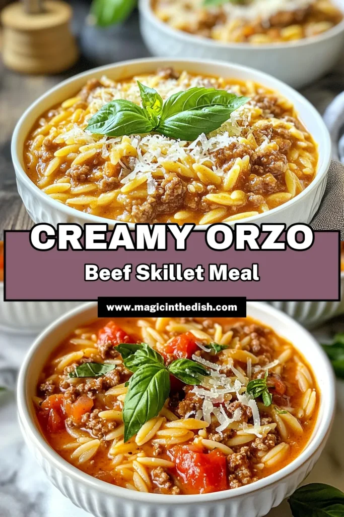 Discover the ultimate creamy tomato orzo recipe with this comforting ground beef orzo dish that's packed with flavor! This easy orzo pasta recipe combines tender orzo, juicy ground beef, and a rich, creamy tomato sauce for a delightful Italian orzo casserole. Perfect for busy weeknights, this creamy ground beef pasta is ready in just 30 minutes. Save this recipe now and impress your family with a delicious meal tonight! #CreamyTomatoOrzo #GroundBeefOrzo #EasyOrzoPasta #ItalianCasserole