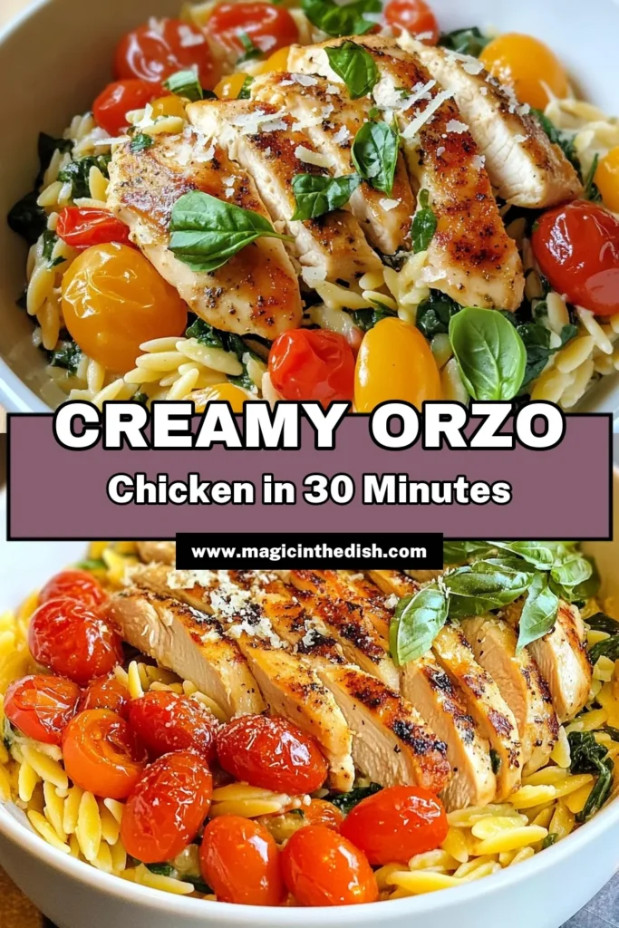 Indulge in this Creamy Tuscan Chicken Orzo recipe, a delightful creamy orzo pasta dish that's perfect for any night. This easy chicken dinner recipe blends succulent Italian chicken and orzo in one-pan for minimal cleanup. With rich flavors from garlic, spinach, and tomatoes, it's sure to impress. Don't miss out on this delicious meal—pin it now for your next dinner inspiration! #TuscanChickenOrzo #EasyDinner #OnePanMeals #ItalianCuisine