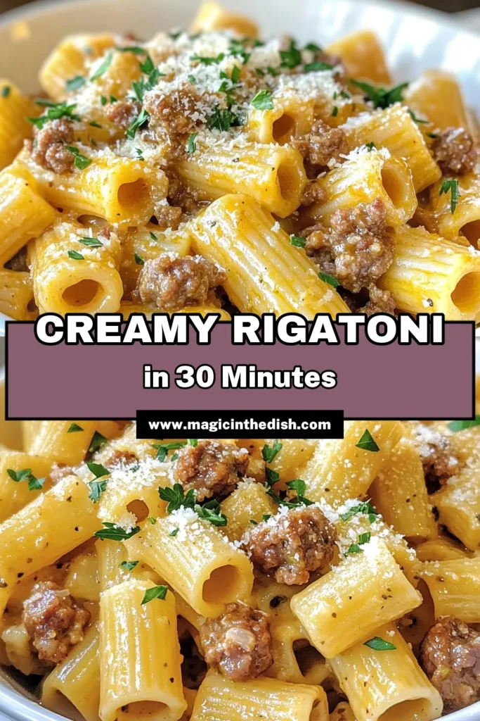 Indulge in a delicious Creamy Italian Sausage Rigatoni that's perfect for dinner! This easy Italian rigatoni recipe combines hearty Italian sausage with creamy sauce for a comforting meal the whole family will love. In just 30 minutes, you can enjoy a flavorful Italian sausage pasta dish that's sure to impress. Try this creamy pasta with sausage tonight and save the recipe for later! #CreamyItalianSausageRigatoni #RigatoniPastaRecipe #EasyItalianRecipe #ItalianSausagePastaDish