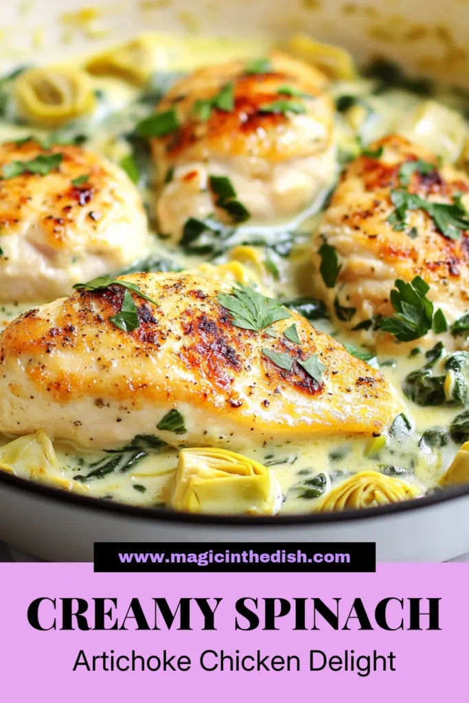 Indulge in the delightful flavors of this Creamy Spinach Artichoke Chicken Skillet. This one-pan chicken dinner features tender chicken breasts smothered in a rich, creamy sauce made with spinach and artichokes, perfect for a quick weeknight meal. This Easy Creamy Chicken Recipe is sure to impress. Save this Spinach Artichoke Skillet Recipe for your next gathering! #CreamySpinachArtichokeChicken #OnePanDinner #EasyChickenRecipes #SpinachArtichokes