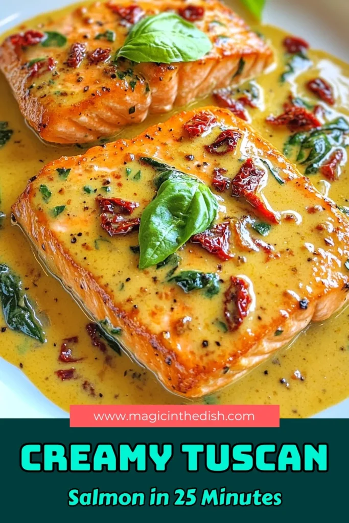 Discover a mouthwatering Creamy Tuscan Salmon recipe featuring Sun-Dried Tomatoes and Spinach. This easy salmon dinner is perfect for weeknights, combining Italian creamy salmon in a delightful one-pan salmon recipe. Ready in just 25 minutes, it's not only delicious but also a feast for the eyes. Impress your family and friends with this vibrant dish! Save this recipe for your next dinner! #CreamyTuscanSalmon #EasySalmonDinner #OnePanRecipe #ItalianSalmon