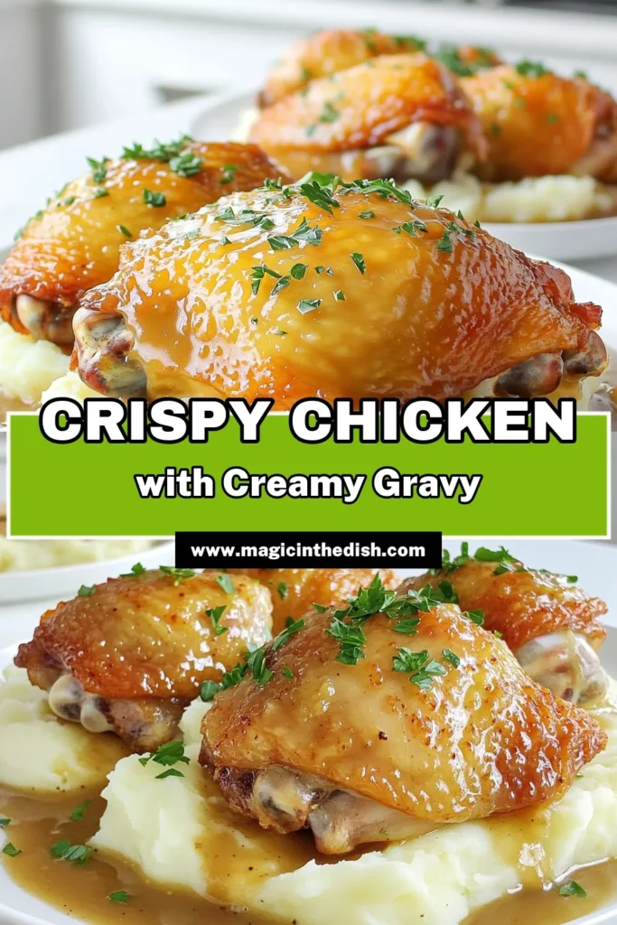 Indulge in the comfort of Golden Chicken & Gravy Delight! This savory dish features crispy chicken thighs smothered in a rich, creamy gravy, served alongside buttery mashed potatoes. Perfect for a family dinner, this recipe combines simple ingredients to create a delicious meal anyone will love. Click to explore the full recipe and bring this delightful dish to your table tonight! #Chickendinner #ComfortFood #HomeCooking #RecipeInspiration