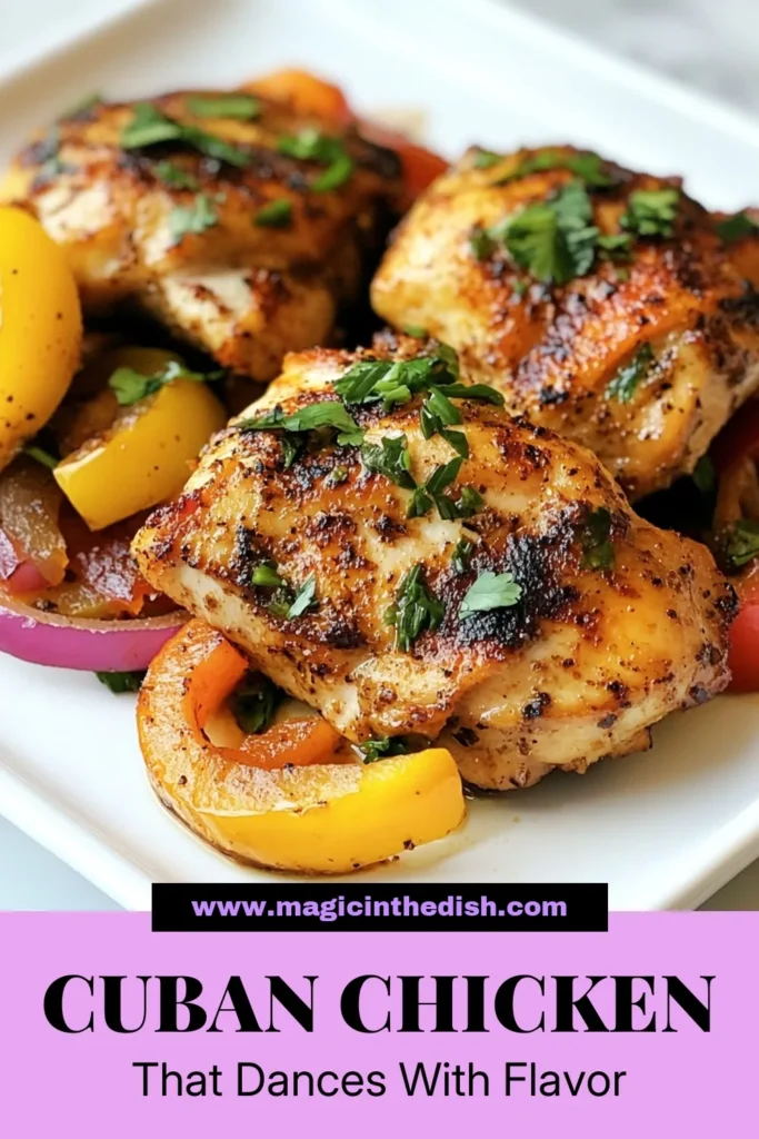 Discover the vibrant flavors of this Cuban chicken recipe featuring griddled chicken breasts marinated in a zesty cilantro lime mix with smoked paprika. This easy marinated chicken recipe is perfect for a weeknight dinner or a special occasion. Serve with colorful sautéed peppers for a delicious twist. Click to save this smoked paprika chicken recipe and bring some Cuban flair to your kitchen! #CubanChicken #GriddledChicken #MarinatedChicken #CilantroLimeChicken