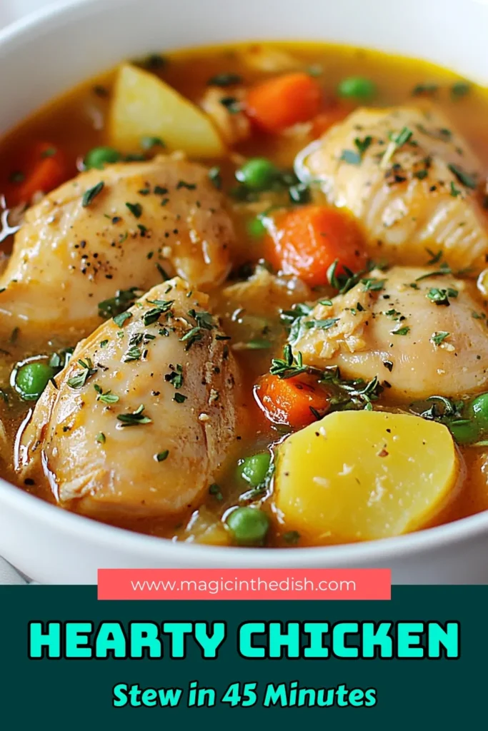 Warm up with this classic chicken stew recipe that promises comfort in every bite. This hearty chicken stew is not only delicious but also super easy to make, making it a perfect choice for any night! Loaded with tender chicken, fresh veggies, and aromatic herbs, this easy chicken stew is your go-to comfort food recipe. Save this recipe for a cozy meal that the whole family will love! #ChickenStew #ComfortFood #EasyRecipes #HeartyMeal