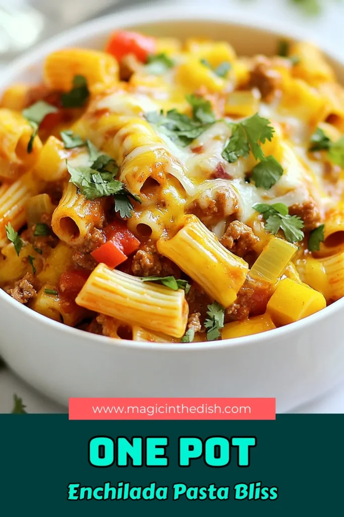 Discover the deliciousness of this One Pot Enchilada Pasta, a perfect Easy Enchilada Pasta Recipe that will delight vegetarians and pasta lovers alike. This Cheesy Enchilada Pasta is not only quick to prepare, but it's also a flavorful Vegetarian Pasta Dish ready in just 30 minutes. Plus, cleanup is a breeze with this Quick One Pot Meal! Try it tonight and savor every bite! Save for later! #EnchiladaPasta #OnePotMeals #VegetarianRecipes #QuickDinnerIdeas
