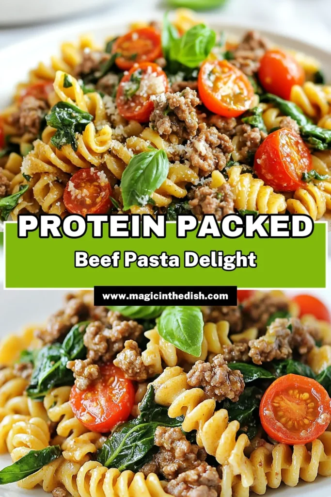 Discover a delicious and nutritious dish with this high protein beef pasta recipe! Packed with lean ground beef, whole wheat pasta, and cottage cheese, it's a perfect option for healthy pasta recipes. With fresh spinach and cherry tomatoes, this meal is both satisfying and wholesome. Try this easy-to-make cottage cheese pasta recipe for a hearty dinner that everyone will love. Click to save and enjoy! #HighProteinBeefPasta #HealthyPastaRecipes #LeanGroundBeefMeals #WholeWheatPastaDishes