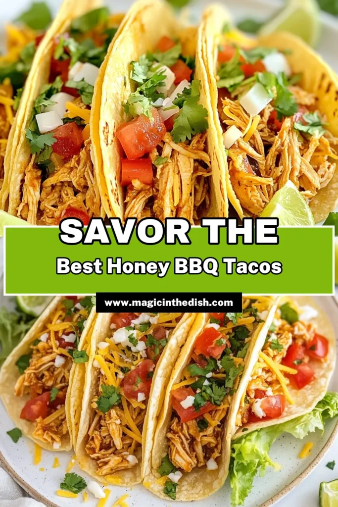 Discover the ultimate Honey BBQ Chicken Tacos recipe! This easy chicken taco recipe features grilled chicken marinated in a delicious honey BBQ sauce, perfect for a quick dinner. Customize your tacos with tasty BBQ chicken taco toppings like lettuce, tomatoes, cheese, and cilantro. You’ll love these grilled chicken tacos with honey! Save this marinated chicken taco recipe for your next meal. Try it out now! #HoneyBBQChickenTacos #EasyChickenTacos #TacoNight #GrilledChickenTacos