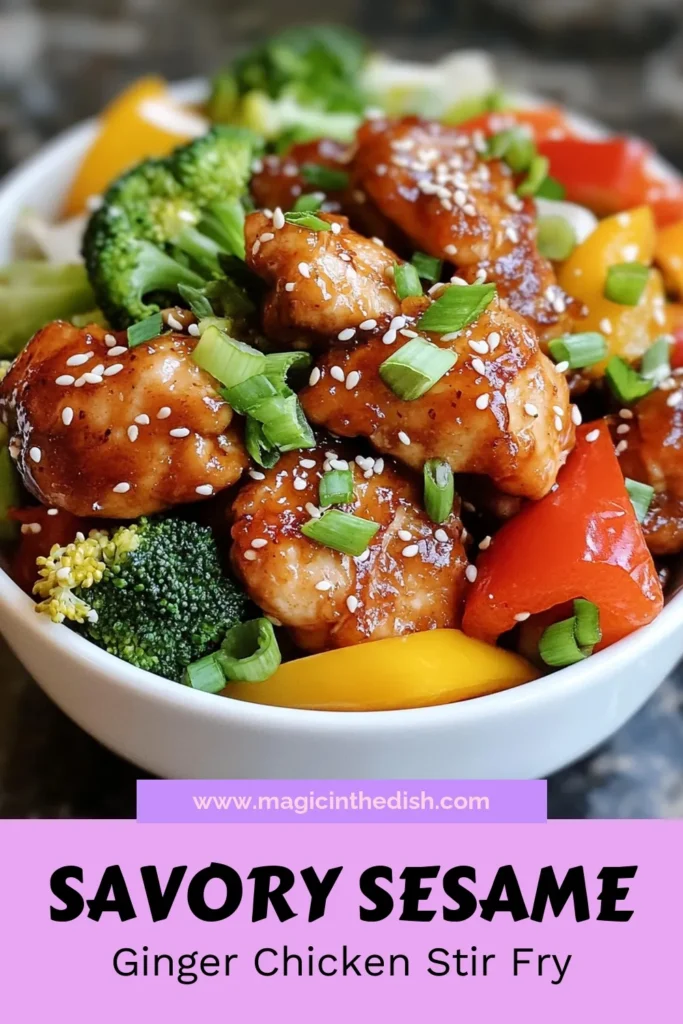 Trying to make dinner easier? Try this Sesame Ginger Chicken Stir Fry! This Chicken Stir Fry Recipe is a quick weeknight meal that’s full of flavor and healthy ingredients. With tender chicken, vibrant vegetables, and a delicious sesame-ginger sauce, it’s the perfect easy stir fry dinner for the whole family. Save this recipe for your next meal prep! #SesameGingerChicken #EasyStirFryDinner #HealthyChickenRecipe #QuickWeeknightMeals