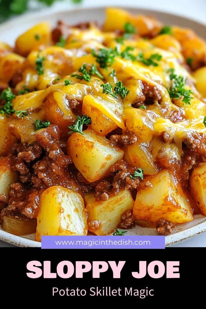 Looking for a quick and delicious dinner? Try this Sloppy Joe Potato Skillet recipe! This easy dinner skillet combines savory ground beef and tender potatoes, smothered in a cheesy, flavorful sauce. Perfect for busy weeknights, this ground beef potato dish is sure to please the whole family. Don't miss out on making this cheesy sloppy joes recipe for your next meal. Save it now and impress your loved ones! #SloppyJoe #PotatoSkillet #EasyDinner #GroundBeefDish