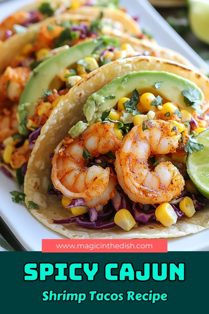 Savor delicious Cajun shrimp tacos with this easy shrimp taco recipe! Spicy shrimp tacos are a perfect blend of flavors, featuring perfectly seasoned shrimp, fresh cabbage slaw, and creamy avocado. These avocado shrimp tacos come together quickly for an appetizing meal that everyone will love. Try this mouthwatering recipe and elevate your taco night! Save this recipe for your next dinner idea! #CajunShrimpTacos #ShrimpTacoRecipe #EasyTacoRecipes #SpicyShrimpTacos