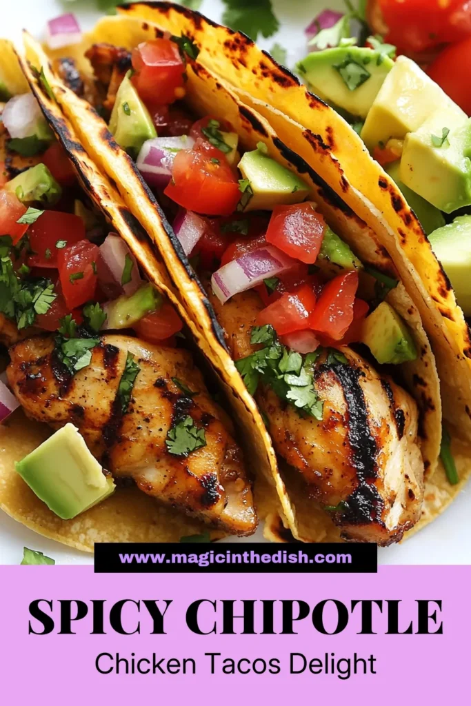 Savor the flavors of Chipotle Chicken Tacos with this fiery street tacos recipe! Marinated in a spicy chipotle marinade, our grilled chicken taco recipe promises overwhelming taste with every bite. Perfect for easy taco night ideas, these delicious tacos are loaded with fresh toppings like avocado and cilantro. Try this mouthwatering recipe today and elevate your taco game! Save this pin for your next taco night! #ChipotleChickenTacos #StreetTacos #EasyTacoNight #GrilledChickenTacos