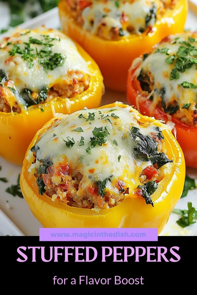 Discover a deliciously healthy dinner recipe with these savory chicken and spinach stuffed bell peppers! Packed with protein and low in carbs, this recipe features ground chicken, spinach, and a tasty cauliflower rice dish. Perfect for a weeknight meal, these spinach stuffed peppers are easy to make and bursting with flavor. Try this satisfying dish tonight and get ready to impress! Save this recipe for later! #HealthyDinner #StuffedBellPeppers #LowCarbRecipes #CauliflowerRice