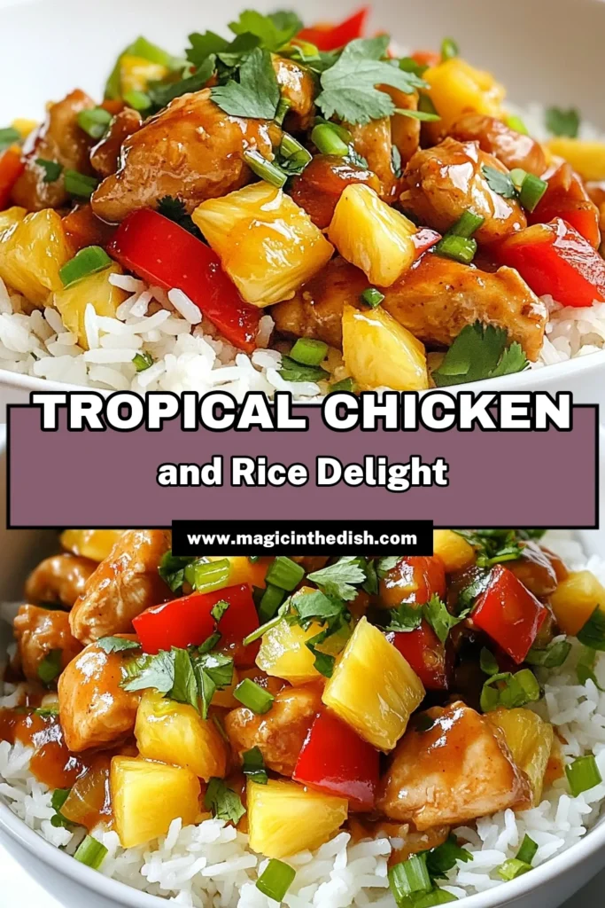 Looking for a delicious pineapple chicken recipe? This Pineapple Paradise Chicken & Rice dish is the perfect blend of flavors in an easy chicken stir-fry! Made with jasmine rice, chicken, and fresh vegetables, it's an ideal choice for quick chicken and rice meals. Embrace tropical chicken dishes with this vibrant recipe that the whole family will love. Save this quick jasmine rice recipe and bring the taste of the tropics to your table! #PineappleChicken #EasyDinner #TropicalFlavors #ChickenAndRiceMeals