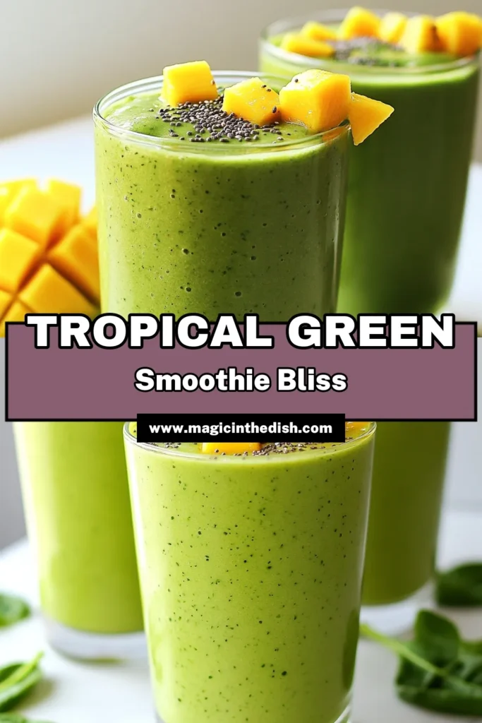 Sip into paradise with this tropical green smoothie! Our spinach smoothie recipe combines fresh spinach, creamy banana, and sweet mango with refreshing pineapple and coconut water for a healthy tropical smoothie that bursts with flavor. Perfect for breakfast or a midday snack, this mango pineapple smoothie is nutritious and delicious! Try it today and elevate your smoothie game! #TropicalGreenSmoothie #HealthySmoothie #MangoPineappleSmoothie #CoconutWaterSmoothie