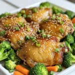 - 4 bone-in, skin-on chicken thighs - 2 tablespoons olive oil - 4 cloves garlic, minced - 1/3 cup honey - 1/4 cup low-sodium soy sauce - 1 tablespoon rice vinegar - 1 teaspoon freshly grated ginger - Salt and pepper to taste - 1 cup fresh broccoli florets - 1 cup baby carrots - 1 tablespoon sesame seeds for garnish - 2 green onions, chopped for garnish - Salt and pepper - Optional spices for extra flavor When making Honey Garlic Chicken Thighs, you need simple yet fresh ingredients. The chicken thighs bring rich flavor and juiciness. I love using bone-in, skin-on thighs because they stay moist in the oven. The olive oil helps create a nice sear, which adds texture. The garlic, honey, and soy sauce form a sweet and savory sauce. Rice vinegar adds a slight tang, while ginger adds warmth. For veggies, fresh broccoli and baby carrots not only taste great but also add color. Don’t forget the garnishes! Sesame seeds and green onions give a lovely finish. Salt and pepper are essential to enhance all the flavors. Keep it simple, but feel free to add your favorite spices for a twist. Each ingredient plays a key role in making this dish a savory delight! - Preheat the oven to 400°F (200°C). This helps cook the chicken evenly. - Pat the chicken thighs dry with a paper towel. This step makes the skin crispy. - Season both sides of the chicken with salt and pepper. Use enough to bring out the flavor. - Heat 2 tablespoons of olive oil in an oven-proof skillet over medium-high heat. Wait until it shimmers. - Place the chicken thighs in the skillet, skin-side down. Sear them for 5-7 minutes. Don’t move them; let them brown. - Flip the thighs and cook for another 5 minutes. This gives them a nice color. Transfer the chicken to a plate and set aside. - Lower the heat to medium. In the same skillet, add 4 minced garlic cloves. Sauté for about 1 minute until fragrant. - Add 1/3 cup honey, 1/4 cup low-sodium soy sauce, 1 tablespoon rice vinegar, and 1 teaspoon freshly grated ginger. Stir well. - Let the sauce simmer for 2-3 minutes. This thickens it nicely and blends the flavors. - Toss in 1 cup of fresh broccoli florets and 1 cup of baby carrots. Make sure they are well-coated in the sauce. - Return the seared chicken to the skillet, skin-side up. This helps the skin stay crispy during baking. - Carefully transfer the skillet to the preheated oven. Bake for 25-30 minutes. - Check if the chicken is cooked through. It should reach an internal temperature of 165°F (75°C). The veggies should be tender. - Let the dish rest for a few minutes after baking. This helps the flavors meld together. - Before serving, sprinkle 1 tablespoon of sesame seeds and 2 chopped green onions over the chicken and vegetables. This adds a nice touch! To get crispy skin on your chicken, start by patting the chicken dry. This step is key. Water on the skin can make it soggy. Use a paper towel to remove moisture. Next, season the chicken well with salt and pepper. Now, let’s talk about searing. Heat olive oil in your oven-proof skillet over medium-high heat. You want it hot enough to shimmer. Place the chicken skin-side down without moving it. Cook for 5-7 minutes until it turns golden brown. Flip the thighs and cook for another 5 minutes. This method locks in moisture and flavor. To save time, you can marinate the chicken in advance. Mix honey, soy sauce, and garlic to create a simple marinade. Place the chicken in a bag or bowl with the marinade, then refrigerate for 1-2 hours. This step adds flavor and makes the chicken tender. If you have leftovers, here’s how to freeze them properly. Allow the chicken to cool completely. Then, place it in an airtight container or freezer bag. Make sure to remove as much air as possible to prevent freezer burn. It will keep well for up to three months. Want to take the flavor up a notch? You can add spices like smoked paprika or chili flakes for a kick. A dash of cumin can also enhance the dish. Pair your honey garlic chicken with sides like rice or mashed potatoes. Fresh salads or steamed veggies also work great. They balance the sweetness of the chicken and add freshness to your plate. {{image_4}} You can swap chicken thighs for other proteins. Try using chicken breasts for a leaner option. They cook faster, so check doneness sooner. For a plant-based choice, use firm tofu. Press the tofu to remove excess water, then cut it into cubes. Sear the tofu until golden brown before adding it to the sauce. You can change the veggies based on what you have. Fresh green beans, bell peppers, or snap peas work great. If you have seasonal vegetables, like zucchini or asparagus, toss those in too. Just make sure to cut them into similar sizes for even cooking. This way, all the veggies get tender at the same time. To change the sweetness, use less honey. You can replace some honey with lime juice or vinegar for a tangy touch. Want it spicier? Add red pepper flakes or chopped chili peppers to the sauce. This will make the dish burst with flavor and heat. Just remember to taste as you go to find your perfect mix. To keep your honey garlic chicken thighs fresh, place leftovers in an airtight container. Make sure the dish cools to room temperature before sealing. Store in the fridge for up to three days. For best taste, enjoy within the first two days. When ready to eat, you can reheat in the oven or microwave. For the oven, preheat to 350°F (175°C). Place the chicken in a baking dish and cover it with foil to keep it moist. Heat for about 15-20 minutes. In the microwave, use a microwave-safe plate. Cover with a damp paper towel and heat in 1-minute intervals until warm. In the fridge, honey garlic chicken thighs last up to three days. If you want to keep them longer, freeze the dish. In the freezer, it can last up to three months. Just remember to label your container with the date so you can track freshness easily. Cook chicken thighs at 400°F (200°C) for 25-30 minutes. This allows them to cook through and stay juicy. The internal temperature should reach 165°F (75°C). Use a meat thermometer for accuracy. Yes, boneless chicken thighs work well. They cook faster than bone-in thighs. Reduce the cooking time to about 20-25 minutes. Check for the same internal temperature. Pair the chicken with rice or quinoa for a filling meal. A fresh salad adds crunch and color. Steamed veggies also go well with the dish. Try garlic bread for a tasty side, too. Searing adds flavor and helps the skin become crispy. It locks in juices, making the chicken tender. You can skip it, but the dish may lack depth. Baking directly will not achieve the same crispiness. Yes, you can use gluten-free soy sauce or tamari. These options provide the same flavor without gluten. You can also use coconut aminos for a different taste profile. Adjust the sweetness if needed to balance flavors. This recipe blends simple ingredients to create a flavorful dish. You learned to make honey garlic chicken thighs with crispy skin and fresh veggies. The honey garlic sauce pairs well with various proteins and vegetables, enhancing your meal's taste. Remember, you can customize this dish to suit your preferences or dietary needs. Don't hesitate to experiment with seasonings or sides. Enjoy your cooking journey, and share your experience with others!