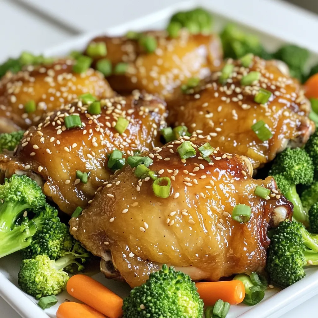 - 4 bone-in, skin-on chicken thighs - 2 tablespoons olive oil - 4 cloves garlic, minced - 1/3 cup honey - 1/4 cup low-sodium soy sauce - 1 tablespoon rice vinegar - 1 teaspoon freshly grated ginger - Salt and pepper to taste - 1 cup fresh broccoli florets - 1 cup baby carrots - 1 tablespoon sesame seeds for garnish - 2 green onions, chopped for garnish - Salt and pepper - Optional spices for extra flavor When making Honey Garlic Chicken Thighs, you need simple yet fresh ingredients. The chicken thighs bring rich flavor and juiciness. I love using bone-in, skin-on thighs because they stay moist in the oven. The olive oil helps create a nice sear, which adds texture. The garlic, honey, and soy sauce form a sweet and savory sauce. Rice vinegar adds a slight tang, while ginger adds warmth. For veggies, fresh broccoli and baby carrots not only taste great but also add color. Don’t forget the garnishes! Sesame seeds and green onions give a lovely finish. Salt and pepper are essential to enhance all the flavors. Keep it simple, but feel free to add your favorite spices for a twist. Each ingredient plays a key role in making this dish a savory delight! - Preheat the oven to 400°F (200°C). This helps cook the chicken evenly. - Pat the chicken thighs dry with a paper towel. This step makes the skin crispy. - Season both sides of the chicken with salt and pepper. Use enough to bring out the flavor. - Heat 2 tablespoons of olive oil in an oven-proof skillet over medium-high heat. Wait until it shimmers. - Place the chicken thighs in the skillet, skin-side down. Sear them for 5-7 minutes. Don’t move them; let them brown. - Flip the thighs and cook for another 5 minutes. This gives them a nice color. Transfer the chicken to a plate and set aside. - Lower the heat to medium. In the same skillet, add 4 minced garlic cloves. Sauté for about 1 minute until fragrant. - Add 1/3 cup honey, 1/4 cup low-sodium soy sauce, 1 tablespoon rice vinegar, and 1 teaspoon freshly grated ginger. Stir well. - Let the sauce simmer for 2-3 minutes. This thickens it nicely and blends the flavors. - Toss in 1 cup of fresh broccoli florets and 1 cup of baby carrots. Make sure they are well-coated in the sauce. - Return the seared chicken to the skillet, skin-side up. This helps the skin stay crispy during baking. - Carefully transfer the skillet to the preheated oven. Bake for 25-30 minutes. - Check if the chicken is cooked through. It should reach an internal temperature of 165°F (75°C). The veggies should be tender. - Let the dish rest for a few minutes after baking. This helps the flavors meld together. - Before serving, sprinkle 1 tablespoon of sesame seeds and 2 chopped green onions over the chicken and vegetables. This adds a nice touch! To get crispy skin on your chicken, start by patting the chicken dry. This step is key. Water on the skin can make it soggy. Use a paper towel to remove moisture. Next, season the chicken well with salt and pepper. Now, let’s talk about searing. Heat olive oil in your oven-proof skillet over medium-high heat. You want it hot enough to shimmer. Place the chicken skin-side down without moving it. Cook for 5-7 minutes until it turns golden brown. Flip the thighs and cook for another 5 minutes. This method locks in moisture and flavor. To save time, you can marinate the chicken in advance. Mix honey, soy sauce, and garlic to create a simple marinade. Place the chicken in a bag or bowl with the marinade, then refrigerate for 1-2 hours. This step adds flavor and makes the chicken tender. If you have leftovers, here’s how to freeze them properly. Allow the chicken to cool completely. Then, place it in an airtight container or freezer bag. Make sure to remove as much air as possible to prevent freezer burn. It will keep well for up to three months. Want to take the flavor up a notch? You can add spices like smoked paprika or chili flakes for a kick. A dash of cumin can also enhance the dish. Pair your honey garlic chicken with sides like rice or mashed potatoes. Fresh salads or steamed veggies also work great. They balance the sweetness of the chicken and add freshness to your plate. {{image_4}} You can swap chicken thighs for other proteins. Try using chicken breasts for a leaner option. They cook faster, so check doneness sooner. For a plant-based choice, use firm tofu. Press the tofu to remove excess water, then cut it into cubes. Sear the tofu until golden brown before adding it to the sauce. You can change the veggies based on what you have. Fresh green beans, bell peppers, or snap peas work great. If you have seasonal vegetables, like zucchini or asparagus, toss those in too. Just make sure to cut them into similar sizes for even cooking. This way, all the veggies get tender at the same time. To change the sweetness, use less honey. You can replace some honey with lime juice or vinegar for a tangy touch. Want it spicier? Add red pepper flakes or chopped chili peppers to the sauce. This will make the dish burst with flavor and heat. Just remember to taste as you go to find your perfect mix. To keep your honey garlic chicken thighs fresh, place leftovers in an airtight container. Make sure the dish cools to room temperature before sealing. Store in the fridge for up to three days. For best taste, enjoy within the first two days. When ready to eat, you can reheat in the oven or microwave. For the oven, preheat to 350°F (175°C). Place the chicken in a baking dish and cover it with foil to keep it moist. Heat for about 15-20 minutes. In the microwave, use a microwave-safe plate. Cover with a damp paper towel and heat in 1-minute intervals until warm. In the fridge, honey garlic chicken thighs last up to three days. If you want to keep them longer, freeze the dish. In the freezer, it can last up to three months. Just remember to label your container with the date so you can track freshness easily. Cook chicken thighs at 400°F (200°C) for 25-30 minutes. This allows them to cook through and stay juicy. The internal temperature should reach 165°F (75°C). Use a meat thermometer for accuracy. Yes, boneless chicken thighs work well. They cook faster than bone-in thighs. Reduce the cooking time to about 20-25 minutes. Check for the same internal temperature. Pair the chicken with rice or quinoa for a filling meal. A fresh salad adds crunch and color. Steamed veggies also go well with the dish. Try garlic bread for a tasty side, too. Searing adds flavor and helps the skin become crispy. It locks in juices, making the chicken tender. You can skip it, but the dish may lack depth. Baking directly will not achieve the same crispiness. Yes, you can use gluten-free soy sauce or tamari. These options provide the same flavor without gluten. You can also use coconut aminos for a different taste profile. Adjust the sweetness if needed to balance flavors. This recipe blends simple ingredients to create a flavorful dish. You learned to make honey garlic chicken thighs with crispy skin and fresh veggies. The honey garlic sauce pairs well with various proteins and vegetables, enhancing your meal's taste. Remember, you can customize this dish to suit your preferences or dietary needs. Don't hesitate to experiment with seasonings or sides. Enjoy your cooking journey, and share your experience with others!