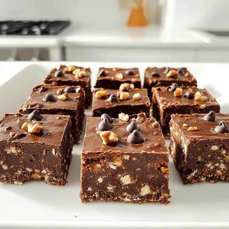 - 1 cup rolled oats - 1/2 cup pumpkin puree - 1/3 cup almond butter (or any nut butter of your choice) - 1/4 cup honey or maple syrup - 1/4 cup unsweetened cocoa powder - 1/2 teaspoon pure vanilla extract - 1/4 teaspoon fine sea salt - 1/3 cup dark chocolate chips - 1/4 cup chopped walnuts (optional) In this recipe, each ingredient plays a key role. The rolled oats provide a great base. They add fiber and help give the bars their shape. Pumpkin puree adds moisture and a hint of sweetness. It also packs in nutrients like vitamin A. Nut butter, like almond butter, adds healthy fats and protein. It binds the ingredients together, making the bars chewy. Honey or maple syrup gives a touch of natural sweetness. Both options work well, so choose your favorite. Unsweetened cocoa powder brings a rich chocolate flavor. It adds depth without extra sugar. Vanilla extract enhances the overall taste, making it feel more like a treat. Sea salt balances the sweetness and enhances flavors. Dark chocolate chips are a fun surprise in every bite. They add a creamy texture and extra sweetness. If you want a crunch, you can add chopped walnuts. They give a nice contrast to the smoothness of the bars. This mix of ingredients makes a snack that is both tasty and healthy. You’ll love how easy it is to make these no-bake energy bars! 1. Mixing the dry and wet ingredients Start by taking a large mixing bowl. Add 1 cup of rolled oats, 1/2 cup of pumpkin puree, and 1/3 cup of almond butter. Next, pour in 1/4 cup of honey or maple syrup. Add 1/4 cup of unsweetened cocoa powder, 1/2 teaspoon of pure vanilla extract, and 1/4 teaspoon of fine sea salt. Mix all the ingredients well with a spatula until they form a thick, even blend. 2. Folding in chocolate chips and walnuts Now, gently fold in 1/3 cup of dark chocolate chips and 1/4 cup of chopped walnuts, if you like. Make sure they are evenly spread throughout the mixture. This step adds a nice crunch and boosts the flavor. 3. Preparing the baking dish Next, grab an 8x8-inch baking dish. Line it with parchment paper. Leave some paper hanging over the edges. This helps lift the bars out easily later. 4. Pressing the mixture into the dish Transfer your oat mixture into the lined baking dish. Use the back of a spatula or your hands to press it down firmly. Make sure it is even and compact. A tight mixture helps the bars hold together when set. 5. Chilling the mixture to set Place the dish in the refrigerator. Chill it for at least 1-2 hours. This helps the mixture firm up nicely. Check to see if it's set before you take it out. When you follow these steps, you’ll create tasty energy bars that are easy to grab. Enjoy the process and the delicious results! - Choosing the best nut butter I recommend using almond butter for a rich flavor. You can also try peanut butter or cashew butter. Choose a nut butter with no added sugar or oils. This keeps your bars healthy and tasty. - Ensuring the bars hold together Press your mixture down firmly in the baking dish. The more compact it is, the better the bars hold together. If they crumble, try adding a bit more nut butter or honey to help bind them. - Achieving the perfect texture Aim for a thick and sticky mix. This balance helps create a chewy texture. If your mix seems too dry, add a splash of pumpkin puree or a little more nut butter to adjust the texture. - Presentation ideas for serving For a fun touch, drizzle melted chocolate on top of the bars. You can also sprinkle some sea salt for extra flavor. Cut them into fun shapes for a playful look. - Pairing with beverages These energy bars pair well with warm tea or coffee. You can also enjoy them with a cold glass of almond milk. They make a great snack any time of day! {{image_4}} You can make these energy bars even more fun by changing a few things. Here are some ideas: - Adding different nuts or seeds: Try using almonds, pecans, or sunflower seeds. Each nut gives a new taste and crunch. - Using flavored protein powder: Vanilla or chocolate protein powder can give extra flavor. It also boosts the protein in your snack. - Substituting different nut butters: If you prefer peanut butter or cashew butter, go for it! Each one changes the taste a bit and still works well. Eating healthy can mean different things for everyone. Here are ways to adjust this recipe: - Gluten-free options: Use gluten-free oats to keep the bars safe for those who need it. This keeps the recipe tasty and healthy. - Vegan adaptations: Substitute honey with maple syrup. This makes the bars vegan-friendly while still sweet. You can also choose a plant-based protein powder for extra nutrition. These variations let you customize your energy bars to fit your taste and dietary needs. Enjoy experimenting! Store your No Bake Chocolate Pumpkin Energy Bars in an airtight container. This keeps them fresh and tasty. If you plan to eat them within a week, the fridge is the best spot. For longer storage, the freezer works great too. Just remember to cut them into bars before freezing. This makes it easy to grab one when you want a snack. These fresh energy bars last about one week in the fridge. If you freeze them, they can stay good for up to three months. Check for signs of spoilage before you eat them. If you notice a strange smell or any mold, it’s time to toss them. Always trust your senses. Keeping these tips in mind helps you enjoy your bars at their best! How long do no-bake energy bars last? No-bake energy bars last up to one week in the fridge. They stay fresh when stored in an airtight container. If you freeze them, they can last for three months. Thaw them in the fridge before eating. Can I use other sweeteners? Yes, you can use other sweeteners. Maple syrup, agave nectar, or coconut sugar work well. Adjust the amount to taste, as sweetness varies by type. Just keep the total liquid amount in mind. What can I substitute for pumpkin puree? You can use applesauce or mashed bananas as a substitute. They provide moisture and sweetness. However, the bars will taste different. You can also try sweet potato puree for a unique flavor. Is it possible to make these bars nut-free? Absolutely! You can use sunflower seed butter instead of nut butter. This keeps the recipe nut-free and tasty. Be sure to check for allergies if sharing with others. Can I add protein powder to this recipe? Yes, you can add protein powder. Mix in one to two scoops of your favorite protein powder. This boosts the protein content and keeps you full longer. Adjust the liquid slightly if needed to maintain the right texture. This recipe for no-bake energy bars is simple and fun. You mix healthy ingredients like oats, pumpkin puree, and nut butter. Then, chill the mixture and enjoy delicious bars. Remember to try different nuts and sweeteners to customize your snacks. Store them well to keep fresh. With these tips, you can whip up a tasty treat at home. Easy, nutritious, and perfect for anyone!