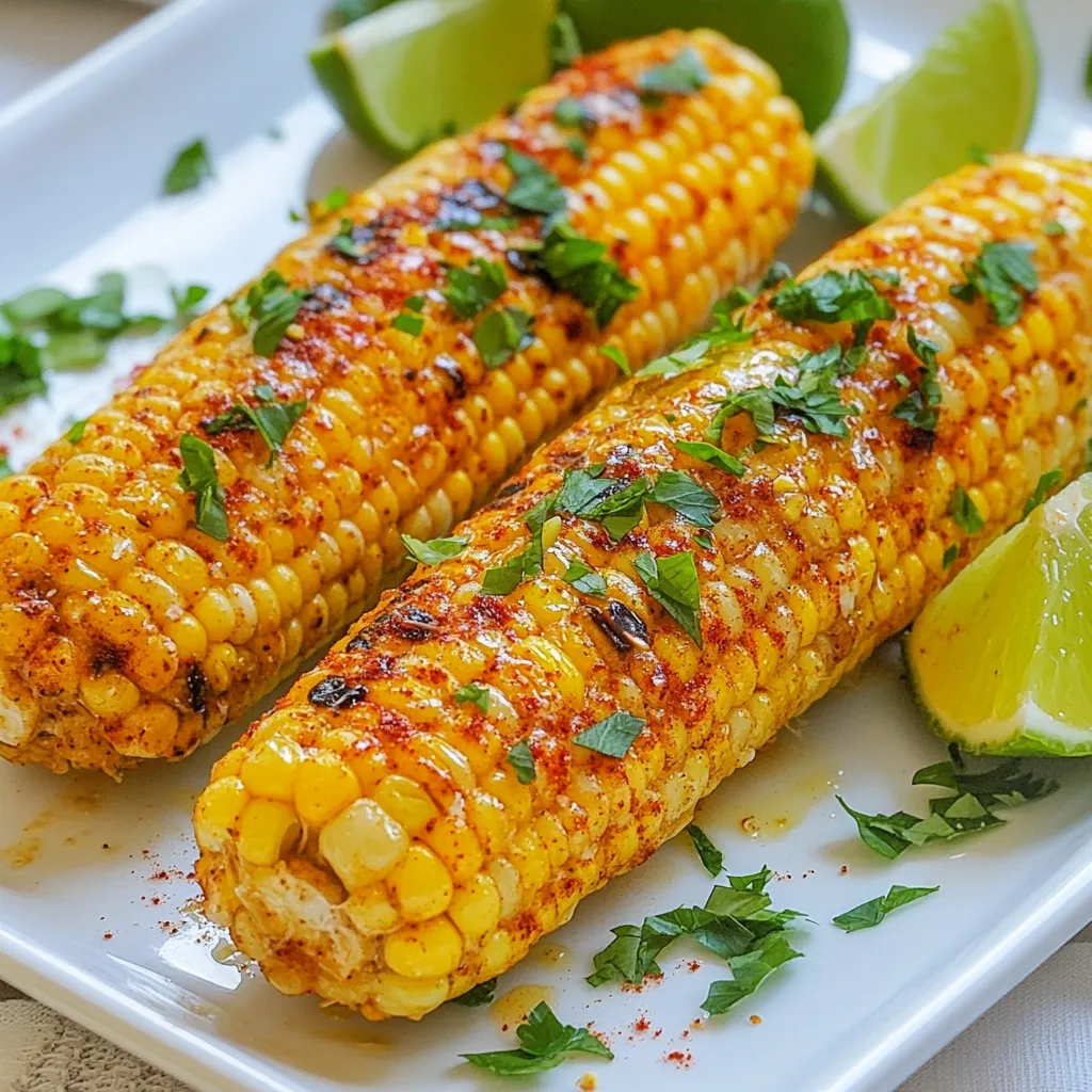- 4 fresh ears of corn, husked When selecting corn, look for bright green husks. The kernels should feel firm and plump. Choose ears that are heavy for their size. Fresh corn adds sweetness and crunch to your dish. - 1/2 cup unsalted butter, softened to room temperature - 2 tablespoons Cajun seasoning - 1 tablespoon garlic powder - 1 teaspoon smoked paprika - 1/2 teaspoon cayenne pepper (adjust according to your spice preference) - Sea salt to taste This butter is the magic behind the flavors. Use unsalted butter for better control over saltiness. Cajun seasoning adds heat and depth. Garlic powder and smoked paprika enhance the rich taste. Adjust cayenne to match your spice level. This mix packs a flavorful punch! - Fresh parsley, finely chopped (for garnish) - 1 lime, cut into wedges (for serving) Fresh parsley adds a burst of color and freshness. Lime wedges bring a zesty kick. Together, they enhance the overall taste and presentation. {{ingredient_image_2}} First, heat your grill to medium-high. This step is key for perfect corn. A hot grill gives the corn a nice char. It also helps lock in the flavors. In a bowl, mix the softened butter and spices. You need: - 1/2 cup unsalted butter, softened - 2 tablespoons Cajun seasoning - 1 tablespoon garlic powder - 1 teaspoon smoked paprika - 1/2 teaspoon cayenne pepper - Sea salt to taste Stir these well with a fork. You want it creamy and smooth. This butter is what makes the corn special. Take each ear of corn and coat it fully. Use your hands or a knife for this. Get that Cajun butter on all sides. Once coated, wrap each corn ear in aluminum foil. Seal it tightly to keep the steam in. This keeps the corn juicy while grilling. Place wrapped corn on the grill grates. Cook for 15-20 minutes. Turn the corn every few minutes. This ensures even cooking. Check for tender kernels; that means it's done! Use tongs to take the corn off the grill. Let it cool for a bit before unwrapping. The steam can be very hot, so be careful! After unwrapping, brush any leftover Cajun butter on top. Serve with fresh parsley and lime wedges for a tasty kick. Enjoy! You can change the spice level of your Cajun corn. Start with less cayenne pepper. Add more if you like it hot. This way, you can adjust to your taste. Remember, Cajun seasoning already has some heat! Test the butter before you coat the corn. This helps you find the right balance. To cook corn evenly, turn it often on the grill. This helps all sides get that nice char. Use tongs to flip the corn every few minutes. If you hear popping sounds, it’s a sign of great flavor! Wrapping the corn in foil also helps keep the heat in and cook it just right. Juicy corn is a must for great flavor. Use plenty of Cajun butter on each ear. The butter keeps moisture locked in. Wrapping the corn tightly in foil is key too. It traps steam, keeping the corn tender. Let the corn rest for a few minutes after grilling. This ensures the juices stay inside when you unwrap it. Pro Tips Fresh Corn is Key: Always choose the freshest corn available for the best flavor and texture. Look for bright green husks and plump kernels. Butter at Room Temperature: Ensure your butter is softened to room temperature for easy spreading and maximum flavor absorption into the corn. Customize Your Heat: Adjust the cayenne pepper according to your spice tolerance; you can always add more later but it's hard to take it away! Perfect Grill Marks: For extra char and flavor, grill the corn without foil for the last few minutes, turning frequently to achieve those beautiful grill marks. {{image_4}} You can easily make Cajun corn vegetarian. Instead of butter, use olive oil or vegan butter. This switch gives you that rich flavor without dairy. Just blend the oil with the Cajun spices. Brush it on the corn just like you would with butter. Trust me, it still tastes amazing! Feel free to mix up the seasonings. If you love herbs, try adding oregano or thyme. For a smoky kick, use chipotle powder instead of cayenne. You can also sprinkle cheese on top after cooking. Feta or Parmesan adds a nice touch if you like a salty flavor. You don’t need a grill to make Cajun corn. You can roast it in the oven. Preheat your oven to 400°F. Wrap the corn in foil with the Cajun butter. Bake for about 25 minutes. If you prefer the stovetop, boil the corn first for 5-7 minutes. Then, follow the same buttering steps before finishing on a hot pan for a nice char. Both methods work great! Once you finish your Cajun corn on the cob, you may have leftovers. Place the corn in an airtight container. This keeps the corn fresh. Store it in the fridge for up to three days. Make sure to check for any signs of spoilage before eating. To reheat the corn, you can use the microwave or grill. If using the microwave, wrap the corn in a damp paper towel. Heat for one to two minutes. For the grill, preheat it to medium heat. Wrap the corn in foil and grill for about five minutes. This will warm it up nicely without drying it out. If you want to keep Cajun corn longer, freezing is a great option. First, let the corn cool completely. Wrap each ear tightly in plastic wrap. Then, place the wrapped corn in a freezer bag. Remove as much air as you can. You can freeze it for up to six months. When you're ready to eat, thaw it in the fridge overnight before reheating. Cajun Corn on the Cob is a tasty dish using grilled corn. We coat the corn in a spicy Cajun butter mix. This blend has Cajun seasoning, garlic powder, and smoked paprika. The result is sweet corn with a spicy kick. It's a fun side dish for summer cookouts or any meal! You should grill corn on the cob for about 15 to 20 minutes. Wrap each ear in foil to keep it juicy. Turn the corn every few minutes for even cooking. Look for tender kernels to know when it’s ready. This timing helps achieve that perfect char and flavor. Yes, you can prepare Cajun Corn on the Cob ahead of time. You can make the Cajun butter and coat the corn early. Wrap them in foil and store them in the fridge. When you're ready, just grill them straight from the fridge. This saves time on busy cooking days. Cajun Corn on the Cob pairs well with many dishes. Here are some great options: - Grilled chicken - Shrimp skewers - Coleslaw - Potato salad - Baked beans These sides add great flavor and complement the spicy corn perfectly. Enjoy creating a full meal around this delightful dish! In this post, I shared how to make Cajun Corn on the Cob. We covered fresh corn, Cajun butter, and the best ways to serve it. You learned step-by-step instructions for grilling and tips for juicy results. I also offered variations for different tastes and storage advice. Enjoy this dish at your next meal. It adds a fun, flavorful twist to any menu. Happy grilling!