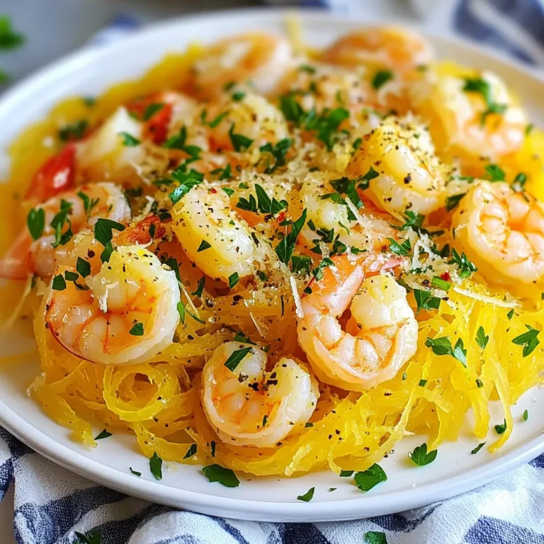 This dish shines with fresh and simple ingredients. Here’s what you need: - 1 medium spaghetti squash - 1 pound large shrimp, peeled and deveined - 4 cloves garlic, finely minced - 1/4 cup unsalted butter, cut into pieces - 2 tablespoons extra virgin olive oil - 1/4 teaspoon red pepper flakes (adjust to taste) - Juice of 1 fresh lemon (about 2 tablespoons) - Salt and freshly ground black pepper to taste - 1/4 cup fresh parsley, finely chopped - Grated Parmesan cheese for serving (optional) Each ingredient adds its own flavor and texture. The spaghetti squash acts as a healthy base. The shrimp brings protein, while garlic and lemon add bright notes. You can use either fresh or frozen shrimp. Fresh shrimp offers a sweet taste and firm texture. Frozen shrimp is great for convenience and often costs less. If using frozen, thaw it overnight in the fridge. Both options work well in this dish. Feel free to enhance your dish with some optional ingredients. Here are a few ideas: - Cherry tomatoes for sweetness - Capers for a briny kick - Spinach for added greens - A splash of white wine for depth These optional ingredients can boost the flavor. Experiment to find what you love best! {{ingredient_image_2}} How to Cut and Roast Spaghetti Squash Start by preheating your oven to 400°F (200°C). This heat will help the squash roast well. Take a sharp knife and cut the spaghetti squash in half lengthwise. Use a spoon to scoop out the seeds and toss them out. Drizzle olive oil on the cut sides and sprinkle with salt and pepper. Place the squash cut-side down on a baking sheet lined with parchment paper. Roast for 30-40 minutes. The squash is done when a fork can easily pierce the flesh. Tips for Testing Doneness To test if the squash is ready, insert a fork into the flesh. If it goes in easily, it’s done. If it feels firm, let it roast a bit longer. Once it's tender, remove it from the oven and let it cool for a few minutes. Sautéing Garlic and Cooking Shrimp While the squash roasts, heat a large skillet over medium heat. Add the unsalted butter and let it melt. Once melted, toss in the minced garlic. Sauté it for about a minute until it smells great but isn’t brown. Add the peeled and deveined shrimp to the skillet. Season with red pepper flakes, salt, and pepper. Cook the shrimp for 2-3 minutes. They will turn pink and opaque, which means they are cooked. Flavoring with Lemon and Seasonings After the shrimp are cooked, squeeze the juice of one fresh lemon over the shrimp. This adds a bright flavor. Toss everything well to combine. Remove the skillet from heat and let the flavors meld. Mixing Techniques for a Uniform Dish Once the spaghetti squash has roasted, flip it over and scrape the flesh with a fork. This creates thin, spaghetti-like strands. In a large mixing bowl, combine the squash strands with the shrimp scampi mixture. Toss everything together until well mixed. Taste and adjust the seasoning if needed. Serving Suggestions Transfer your dish to serving plates or bowls. For a pop of color, sprinkle fresh parsley on top. If you like, add grated Parmesan cheese for extra flavor. Serve warm and enjoy your delicious Shrimp Scampi Spaghetti Squash! To cook shrimp just right, watch the color closely. When they turn pink, they are done. Overcooking makes shrimp tough. Cook them for only 2-3 minutes. Stir them gently during cooking. This helps them cook evenly. Use fresh shrimp if possible for the best taste. Frozen shrimp works too; just thaw it first. Add depth to your shrimp scampi with simple tweaks. Use fresh herbs like basil or thyme for a fragrant touch. You can also add a splash of white wine to the garlic butter. This gives a rich flavor. If you want heat, increase the red pepper flakes. Lemon zest can brighten the dish. For a creamy twist, stir in some heavy cream. Feel free to customize your dish! If you love spice, add more red pepper flakes. Prefer a milder taste? Skip them altogether. You can swap the shrimp for chicken or tofu. This makes a great vegetarian option too. Try adding veggies like spinach or bell peppers for more nutrition. Each variation keeps the meal fun and fresh! Pro Tips Choose a Ripe Squash: Look for a spaghetti squash that feels heavy for its size and has a uniform yellow color; this indicates ripeness and better flavor. Perfect Shrimp Cooking: Be careful not to overcook the shrimp; they should only take 2-3 minutes to cook through to maintain their juicy texture. Enhance Flavor with Herbs: Fresh herbs like basil or thyme can elevate the dish; consider adding them along with the parsley for a more aromatic experience. Storage Tips: If you have leftovers, store the shrimp and spaghetti squash separately to prevent the squash from becoming soggy. {{image_4}} If you want to keep this dish low in carbs, consider using zucchini noodles instead of spaghetti squash. Zucchini noodles, or zoodles, add a fresh crunch. They are easy to cook. Just sauté them lightly for a few minutes. Another option is using shirataki noodles. These are made from konjac and are very low in carbs. Rinse and heat them in a pan to warm up. Both options give a nice texture and taste. You can boost the nutrition of this meal by adding more veggies. Spinach works well. Just toss it in the pan with the shrimp for a minute. The heat will wilt the spinach, adding color and flavor. Cherry tomatoes also add sweetness. Cut them in half and add them to the shrimp. They cook quickly and burst with flavor. Bell peppers or broccoli florets are great choices too. They add crunch and nutrition to your dish. Roasting spaghetti squash is the most common method. It brings out the natural sweetness. However, you can also microwave it for a quicker option. To microwave, poke holes in the squash and place it on a plate. Microwave on high for about 10 minutes, flipping halfway. Check if it’s tender before removing it. Steaming is another method. Cut it in half and place it in a steamer basket over boiling water for about 15-20 minutes. This method keeps it moist and tender. Each method provides a delicious base for your shrimp scampi. To keep your shrimp scampi spaghetti squash fresh, store it in an airtight container. This helps prevent moisture loss and keeps flavors intact. Let the dish cool completely before sealing it. Refrigerate leftovers within two hours of cooking. The dish can stay fresh for up to three days. Reheat your shrimp scampi spaghetti squash on the stove or in the microwave. For the stove, warm it in a skillet over low heat. Stir occasionally to heat evenly. If using a microwave, place it in a microwave-safe dish. Heat for one to two minutes, stirring halfway through. Check to ensure it's hot throughout. You can freeze shrimp scampi spaghetti squash for quick meals later. Place it in a freezer-safe container, and make sure to remove as much air as possible. It will keep well for about two months. When ready to eat, thaw it overnight in the fridge. Reheat it on the stove or in the microwave, adding a splash of olive oil or water to keep it moist. You can tell shrimp is cooked when it turns pink. The flesh should become opaque and firm. This usually takes about 2-3 minutes, depending on the size of the shrimp. If the shrimp curls tightly, that’s another sign it’s done. Always check to avoid overcooking, which can make shrimp tough. Yes, you can make parts of this dish ahead of time. You can roast the spaghetti squash and store it in the fridge for up to three days. Cook the shrimp just before serving to keep it fresh. Mix everything together right before you eat for the best taste. If you can’t find spaghetti squash, you can use zucchini as a substitute. Zucchini can be spiralized into noodles, giving a similar texture. Another option is regular pasta for those who want a classic dish. Just remember, cooking times may vary based on what you choose. In this post, we explored ingredients, cooking tips, and variations for shrimp scampi with spaghetti squash. We looked at fresh and frozen shrimp, ways to enhance flavor, and perfect cooking techniques. You can use our tips for storage and reheating to enjoy leftovers. This dish is simple, tasty, and offers healthy swaps. With these tips, you can create a meal your whole family will love. Enjoy making this great dish again and again!