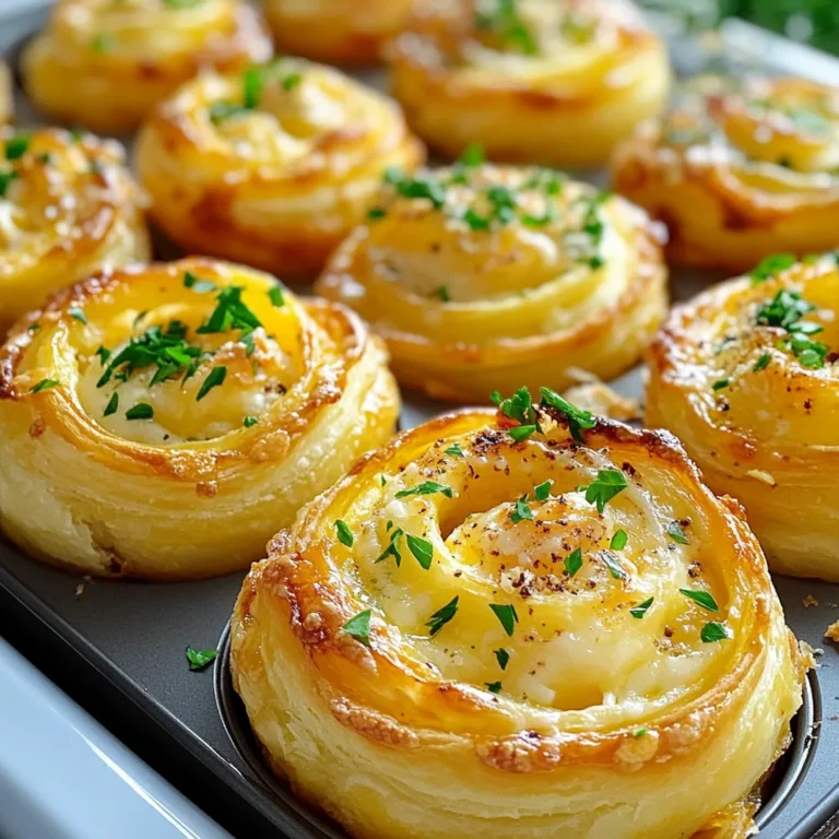 - 1 package of puff pastry (2 sheets, thawed) - 1 cup shredded mozzarella cheese - 1 cup grated Parmesan cheese - 4 tablespoons unsalted butter, melted - 4 cloves garlic, minced - 1 tablespoon fresh parsley, chopped - 1 teaspoon garlic powder - ½ teaspoon salt - ½ teaspoon black pepper - 1 egg (for egg wash) If you want to change the flavor, you can use different cheeses. Try cheddar, gouda, or even feta for a twist. If you need a gluten-free option, look for gluten-free puff pastry. These are now available in many stores. Accurate measurements are key in baking. They ensure that your cruffins rise well and taste great. Use a kitchen scale for the best results. When measuring shredded cheese, make sure to pack it lightly in the cup. This helps you avoid using too much or too little. Prep your ingredients by chopping the garlic and parsley ahead of time. This makes the cooking process smooth and fun. {{ingredient_image_2}} First, preheat your oven to 400°F (200°C). Thaw your puff pastry sheets fully. I like to lay them on a clean, lightly floured surface. This helps keep the dough from sticking. Roll each sheet gently. You want to smooth out any creases. Thinning the dough makes it easier to handle later. Next, we’ll make the garlic butter. In a small mixing bowl, mix melted butter with minced garlic. Add garlic powder, salt, and black pepper. This mixture gives your cruffins a rich garlic flavor. For a boost, try adding fresh herbs like thyme or rosemary. They make the flavor even better. Now it's time to assemble! Use a pastry brush to coat the puff pastry with garlic butter. Make sure to cover every inch. Cut each sheet into six equal strips. This keeps them the same size for baking. Sprinkle mozzarella and Parmesan cheese along each strip. Leave a small edge to avoid spills. Next, roll each strip tightly from one end to the other. Make sure it stays secure while rolling. Place each rolled piece in a greased muffin tin, swirled side up. Press down gently to fit them snugly in the cups. Before baking, let’s add an egg wash. Beat an egg in a bowl until frothy. Brush the egg over each cruffin for a shiny finish. Place the muffin tin in your preheated oven. Bake for 18-20 minutes. Keep an eye out for golden tops and bubbling cheese. When they look perfect, they are ready to enjoy! - Keeping pastry cold: Always keep puff pastry cold. This helps it rise well. If it warms up, it can lose its flakiness. Work quickly, and if needed, chill it again. - Preventing sogginess: To avoid soggy cruffins, brush the garlic butter lightly. Too much can make the dough wet. Also, place the cruffins in a preheated oven without delay. - Adding herbs and spices: Fresh herbs like rosemary or thyme can boost flavor. You can mix these into the garlic butter for an extra kick. - Cheese combinations for depth: Mixing cheeses can add layers of taste. Try adding cheddar or gouda for a richer flavor profile. - What to do if cruffins don’t rise: If your cruffins don’t rise, check the oven temperature. Ensure it’s at 400°F. Also, make sure your puff pastry was cold when baking. - Fixing burnt tops: If the tops burn, cover them with foil halfway through baking. This will protect them while allowing the insides to cook properly. Pro Tips Keep It Cold: Ensure your puff pastry is well-chilled before rolling. This helps achieve a flaky texture when baked. Cheese Variations: Feel free to experiment with different types of cheese such as cheddar or gouda for unique flavor profiles. Garlic Infusion: For a stronger garlic flavor, consider adding roasted garlic to the butter mixture instead of raw minced garlic. Serving Suggestion: Serve your cruffins warm with a side of marinara sauce for dipping to enhance the cheesy experience. {{image_4}} You can easily change the flavor of your cruffins. If you like spice, add chili flakes to the garlic butter. This step gives a nice kick to every bite. You can also mix in fresh herbs like thyme or rosemary for a more fragrant taste. This herb-infused cruffin will impress your guests and family. The cheese you choose can change the cruffin's taste. Try using a blend of cheddar and mozzarella for a sharper flavor. You can even go for a blue cheese mix for a bold twist. For those who prefer vegan options, there are great vegan cheese choices available. These options melt nicely and keep the cruffin creamy. If you need gluten-free cruffins, you can find gluten-free puff pastry. Check your local stores or make your own. For a low-carb version, consider using almond flour or coconut flour to make a dough. These options will create a unique texture while still being delicious. Cool your Cheesy Garlic Cruffins on a wire rack. This step prevents sogginess. Once cool, place them in an airtight container. A glass or plastic container works well. Keep them at room temperature for up to two days. If you have leftovers, you can store them in the fridge for up to a week. To reheat, preheat your oven to 350°F (175°C). Place the cruffins on a baking sheet. Heat for about 5-7 minutes. This method keeps them crispy. For a quicker option, use a microwave. Heat on low for about 30 seconds. To avoid sogginess, do not cover them while reheating. To freeze uncooked cruffins, prepare them as normal. Place each rolled cruffin on a baking sheet. Freeze them for about an hour until firm. Then, transfer them to a freezer bag. Remove as much air as possible. When ready to bake, thaw them in the fridge overnight. Bake as directed, adding a few extra minutes if needed. Cheesy garlic cruffins are a tasty mix of croissants and muffins. They use puff pastry, cheese, and garlic for a rich flavor. These treats have crispy layers on the outside and gooey cheese on the inside. Each bite offers a perfect blend of buttery goodness and savory taste. They are great as snacks or appetizers. To make cruffins ahead of time, prepare the puff pastry and garlic butter first. You can roll and layer the cheese but don't bake them yet. Store the rolled cruffins in the fridge for up to 24 hours. When you're ready, just brush with egg wash and bake. This saves time and keeps them fresh. You can find cruffins at local bakeries or cafes that sell fresh pastries. Some places may also offer them through online orders. If you want to try making them at home, follow my recipe for a fun cooking project. Yes, you can make cruffins without garlic. For a different flavor, try using herbs like rosemary or thyme. You can also add spices like chili flakes for heat. Adjust the cheese to keep it cheesy and delicious. Cheesy garlic cruffins are a delightful treat made with puff pastry, cheese, and garlic butter. I covered key ingredients, accurate measuring, and step-by-step baking instructions. You learned helpful tips, creative variations, and storage methods to keep your cruffins fresh. In the end, these tasty snacks are easy to adapt to your taste. Whether you stick to the classic or try something new, enjoy making and sharing them with others!